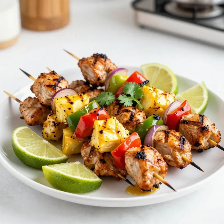 - 1 lb boneless chicken breast, cut into 1-inch cubes - 1 cup fresh or canned pineapple chunks - 1 red bell pepper, cut into 1-inch pieces - 1 green bell pepper, cut into 1-inch pieces - 1 small red onion, cut into wedges - 2 tablespoons soy sauce - 2 tablespoons honey - 1 tablespoon sesame oil - 1 teaspoon garlic powder - 1 teaspoon ground ginger - Salt and pepper, to taste - Skewers (for wooden skewers, soak them in water for 30 minutes) You can change up the flavors with a few swaps. Try using: - Chicken thighs instead of breasts for juiciness. - Different veggies like zucchini or cherry tomatoes. - A splash of lime juice for added tang. - Chili flakes for some heat. Always choose fresh ingredients for the best taste. Look for firm chicken with no strange smell. If you can, use fresh pineapple; it adds sweetness. For the soy sauce, low-sodium options work well if you want less salt. If you’re out of sesame oil, olive oil can be a good stand-in. Just remember, it will change the flavor a bit. {{ingredient_image_2}} Start by grabbing a big mixing bowl. In it, whisk together: - 2 tablespoons soy sauce - 2 tablespoons honey - 1 tablespoon sesame oil - 1 teaspoon garlic powder - 1 teaspoon ground ginger - A pinch of salt and pepper Mix until all the ingredients blend well. This marinade adds a sweet and savory flavor to the chicken. Next, take your 1 pound of boneless chicken breast, cut into 1-inch cubes. Add these chicken cubes to the marinade. Make sure every piece gets well coated. Cover the bowl with plastic wrap or a lid. Now, let it sit in the fridge for at least 30 minutes. For even better taste, marinate for up to 2 hours. After marinating, it’s time to prepare your kabobs. Gather your skewers. If you use wooden ones, soak them in water for 30 minutes. This prevents them from burning on the grill. Now, thread the chicken onto the skewers, alternating with: - Fresh or canned pineapple chunks - Red bell pepper pieces - Green bell pepper pieces - Onion wedges This not only makes the kabobs colorful but also tasty! Preheat your grill or grill pan to medium-high heat. Once hot, place the assembled kabobs on the grill. Grill for about 10-12 minutes. Turn them occasionally for even cooking. You want the chicken to be fully cooked and have nice char marks. Once done, take them off the grill and let them rest for a couple of minutes. This helps keep them juicy. Marinating is key to great flavor. I like to mix the soy sauce, honey, sesame oil, garlic powder, and ginger well. This blend gives the chicken a sweet and savory kick. Let the chicken sit in the marinade for at least 30 minutes. For better taste, marinate for up to 2 hours. Keep it covered in the fridge. This helps the chicken soak up all those yummy flavors. Grill marks make kabobs look amazing. To get these marks, preheat your grill to medium-high heat. Make sure it’s hot enough before adding the kabobs. Place the kabobs on the grill at a 45-degree angle. After a few minutes, turn them 90 degrees for crisscross marks. Flip the kabobs often to cook evenly. This way, you will have beautiful marks and tasty, juicy chicken. When it's time to serve, make it fun! I love arranging the kabobs on a big platter. Add colorful garnishes like fresh cilantro and lime wedges. A drizzle of honey on top can add sweetness and shine. This makes the dish not only tasty but also a feast for the eyes. Serve with rice or a fresh salad to complete your meal. Enjoy your beautiful creation! Pro Tips Marinate for Longer: For even more depth of flavor, let the chicken marinate in the sauce for up to 2 hours or overnight in the refrigerator. Use Fresh Ingredients: Whenever possible, opt for fresh pineapple and vegetables to enhance the taste and texture of your kabobs. Rotate Skewers: To ensure even cooking, rotate the skewers every few minutes while grilling to achieve that perfect char on all sides. Check for Doneness: Use a meat thermometer to check that the chicken has reached an internal temperature of 165°F for safe consumption. {{image_4}} You can switch up the chicken for other proteins. Shrimp adds a nice touch. Salmon is another great choice. Tofu is perfect for a plant-based option. Just make sure to adjust the cooking time based on the protein you choose. To make this dish vegetarian or vegan, replace the chicken. Use firm tofu or tempeh for protein. You can also add more veggies like zucchini or mushrooms. This makes kabobs colorful and tasty. You can enhance the flavors with a few tweaks. Add lime juice for a zesty kick. Fresh herbs like cilantro or basil can brighten the dish. Try adding spices like smoked paprika or cayenne for extra heat. You could even marinate the veggies in the same sauce for added flavor. After enjoying your Hawaiian chicken kabobs, let them cool down first. Place the leftovers in an airtight container. This helps keep them fresh and tasty. Store them in the fridge for up to three days. For the best flavor, eat them within this time. When you’re ready to enjoy your leftovers, there are a few ways to reheat them. You can use a microwave for quick heating. Just cover the kabobs with a damp paper towel. This keeps them moist. Heat in short bursts, checking often. You can also reheat them in a skillet over medium heat. This helps regain that grilled flavor. Turn them often to avoid burning. If you want to save the kabobs for later, freezing is easy. Wrap each kabob in plastic wrap or foil. Place them in a freezer-safe bag or container. They can last up to three months in the freezer. When ready to eat, thaw them in the fridge overnight. Reheat them on the grill or in the oven. This way, you can enjoy that tropical taste anytime! You should marinate the chicken for at least 30 minutes. This time allows the flavors to soak in. For the best taste, try marinating for up to 2 hours. This longer marination really enhances the flavor of the chicken. Yes, you can make Hawaiian Chicken Kabobs in the oven. Preheat your oven to 400°F (200°C). Place the kabobs on a baking sheet lined with foil. Bake them for about 15-20 minutes. Make sure to turn them halfway through for even cooking. Hawaiian Chicken Kabobs taste great with several sides. Here are some tasty options: - Coconut rice - Grilled corn on the cob - Tropical fruit salad - Coleslaw These sides balance the sweet and savory flavors of the kabobs. Yes, Hawaiian Chicken Kabobs can be gluten-free. Use gluten-free soy sauce instead of regular soy sauce. This simple swap keeps the dish safe for those with gluten sensitivities. To keep the chicken juicy, follow these tips: - Marinate the chicken well. - Grill at medium-high heat, not too hot. - Don’t overcook the chicken; it should reach 165°F (75°C). These steps will help you achieve tender and juicy kabobs every time. You can now make delicious Hawaiian chicken kabobs with ease. We covered the key ingredients, step-by-step instructions, and helpful tips. I shared options to customize your kabobs and ways to store leftovers. Remember to marinate well and use quality ingredients for the best taste. Your kabobs can be a hit at any meal, whether grilled or baked. Enjoy this fun dish that you can share with family and friends!