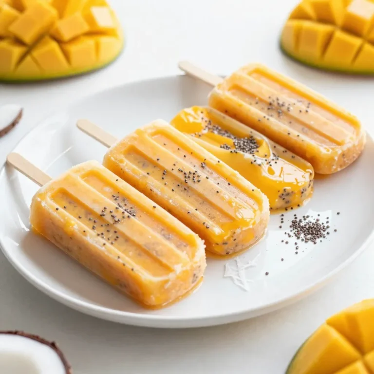 To make Mango Coconut Chia Popsicles, you need fresh, tasty ingredients. Here’s what you’ll need: - 2 ripe mangoes, peeled and diced - 1 cup coconut milk (can be canned or freshly made) - 1/4 cup honey or maple syrup - 1/4 cup chia seeds - 1 tablespoon freshly squeezed lime juice - A pinch of salt These ingredients create a refreshing, fruity treat. The mangoes provide natural sweetness, while coconut milk adds creaminess. Chia seeds give a fun texture and added nutrition. You can use either honey or maple syrup in this recipe. Honey is thick and sweet. It adds a rich flavor that pairs well with mango. Maple syrup has a lighter taste and is great if you want a more subtle sweetness. - Honey: Great for a richer flavor. - Maple Syrup: Lighter and adds a unique twist. Adjust the amount based on your taste. Taste the mixture before freezing to find your perfect sweetness. Want to make your pops even better? Consider adding fresh mint or coconut flakes. - Fresh Mint: Chopped mint leaves add a cool burst of flavor. - Coconut Flakes: Toasted coconut flakes give a nice crunch. You can mix these in with the chia seeds. They add fun flavors and textures to your popsicles. Try different combinations to find your favorite mix! {{ingredient_image_2}} To start, grab two ripe mangoes. Peel and dice them into small pieces. Then, place these mango pieces in a powerful blender. Add one cup of coconut milk to the blender next. I like using canned coconut milk for a rich flavor, but fresh works great too. Measure a quarter cup of honey or maple syrup and pour it in. Adjust the sweetness to your taste. Next, squeeze in one tablespoon of fresh lime juice and add a pinch of salt. Blend everything on high until it is smooth and creamy. Make sure there are no mango chunks left. Once your mango coconut mixture is ready, take a separate mixing bowl. Add a quarter cup of chia seeds into this bowl. Pour the blended mango mixture over the chia seeds. Stir well to mix everything evenly. Let this sit for about 5 to 10 minutes. This time allows the chia seeds to absorb the liquid. You will see the mixture thicken slightly. After that, stir again to break up any clumps of chia seeds. Now it’s time to pour the mixture into popsicle molds. Be careful not to overfill them. Leave a small gap at the top of each mold for expansion as they freeze. Insert wooden popsicle sticks into the center, standing them upright. Place the molds in the freezer. Let them freeze for at least 4 to 6 hours until they are solid. When ready to serve, run warm water over the outside of the molds for a few seconds. Gently pull the popsicles out. Enjoy your refreshing treat! To get a smooth texture, blend the mango and coconut milk well. Use a strong blender for best results. Make sure no chunks remain in the mix. The honey or maple syrup should blend in fully too. After blending, let the mixture sit for a few minutes. This helps the chia seeds absorb some liquid. Stir again to break any clumps before pouring. Removing popsicles can be tricky. Use warm water for easy removal. Run the warm water over the outside of the molds for a few seconds. This will help loosen the popsicles. Gently pull them out while holding the mold. Be careful to avoid breaking them. If they stick, run a bit more warm water around the mold. Presentation matters when serving your popsicles. Try using a colorful platter to show off their bright colors. You can add fresh mint leaves on top for a pop of green. Sprinkling coconut flakes adds texture and looks nice too. Serve them right after removing from the freezer for the best taste! Pro Tips Choose Ripe Mangoes: Select mangoes that are slightly soft to the touch and have a sweet aroma for the best flavor in your popsicles. Adjust Sweetness: Feel free to adjust the amount of honey or maple syrup based on the natural sweetness of your mangoes and your personal taste preferences. Experiment with Add-ins: Consider adding other fruits like pineapple or berries to the mixture for a fun twist on the flavor profile of your popsicles. Store Properly: For the best texture, store the popsicles in an airtight container in the freezer to prevent freezer burn. {{image_4}} You can easily make these popsicles vegan. Just use maple syrup instead of honey. Maple syrup adds a rich sweetness. You can use any plant-based milk too. Almond or oat milk works well. These swaps keep the flavor and texture creamy. Want a sugar-free treat? Skip the honey or maple syrup. Instead, try using stevia or erythritol. Both sweeteners offer a nice taste without added sugar. Just adjust the amount based on your preference. You may need less sweetener since they are sweeter than sugar. Mix things up with flavors! You can add berries like strawberries or blueberries. They add color and extra nutrients. Blend them in with the mango for a fruity twist. You can also boost the lime flavor. Just add more lime juice for a tart kick. Both options make the popsicles fun and fresh! To keep your leftover popsicles fresh, place them in an airtight container. You can also wrap each popsicle in plastic wrap. This method helps prevent freezer burn and keeps them tasty. Be sure to label the container with the date you made them. This way, you can enjoy your treat at its best. Mango coconut chia popsicles can last up to two months in the freezer. After this time, they may lose flavor or texture. For best results, eat them within one month. Make sure your freezer is at 0°F (-18°C) to keep them firm and fresh. To avoid ice crystals, ensure your popsicles freeze evenly. Here are some tips: - Blend well: Make sure the mango mixture is smooth before adding chia seeds. - Avoid air pockets: Stir the mixture well after adding chia seeds to prevent clumping. - Use a tight lid: Cover the popsicle molds with a tight lid or plastic wrap. This step helps keep moisture out. - Freeze quickly: Place the molds in the coldest part of your freezer. This helps them freeze faster and more evenly. Following these tips will help you enjoy delicious mango coconut chia popsicles throughout the hot summer days. Yes, you can use frozen mango. It makes the popsicles even colder and creamier. Just thaw the frozen mango for a bit before blending. This will help your blender work better. If your mango is too cold, it might make blending harder. You can keep these popsicles in the freezer for up to two months. Just make sure to store them in an airtight container. This will help keep them fresh and tasty. After two months, they may lose some flavor and texture. If you don’t have popsicle molds, don’t worry! You can use small cups or ice cube trays. Just pour the mixture into your chosen container. Insert a stick when the mixture is a bit firm, usually after an hour in the freezer. This way, you can still enjoy your popsicles! Mango coconut chia popsicles are a fun and tasty treat. We discussed the key ingredients, from fresh mango to sweeteners like honey. Step-by-step, I guided you through making them and shared tips for smooth popsicles. You can create fun variations too, like vegan options or adding berries. Storing them is easy with the right methods. Overall, these popsicles are simple and refreshing. Try making them for a healthy snack that everyone will enjoy.