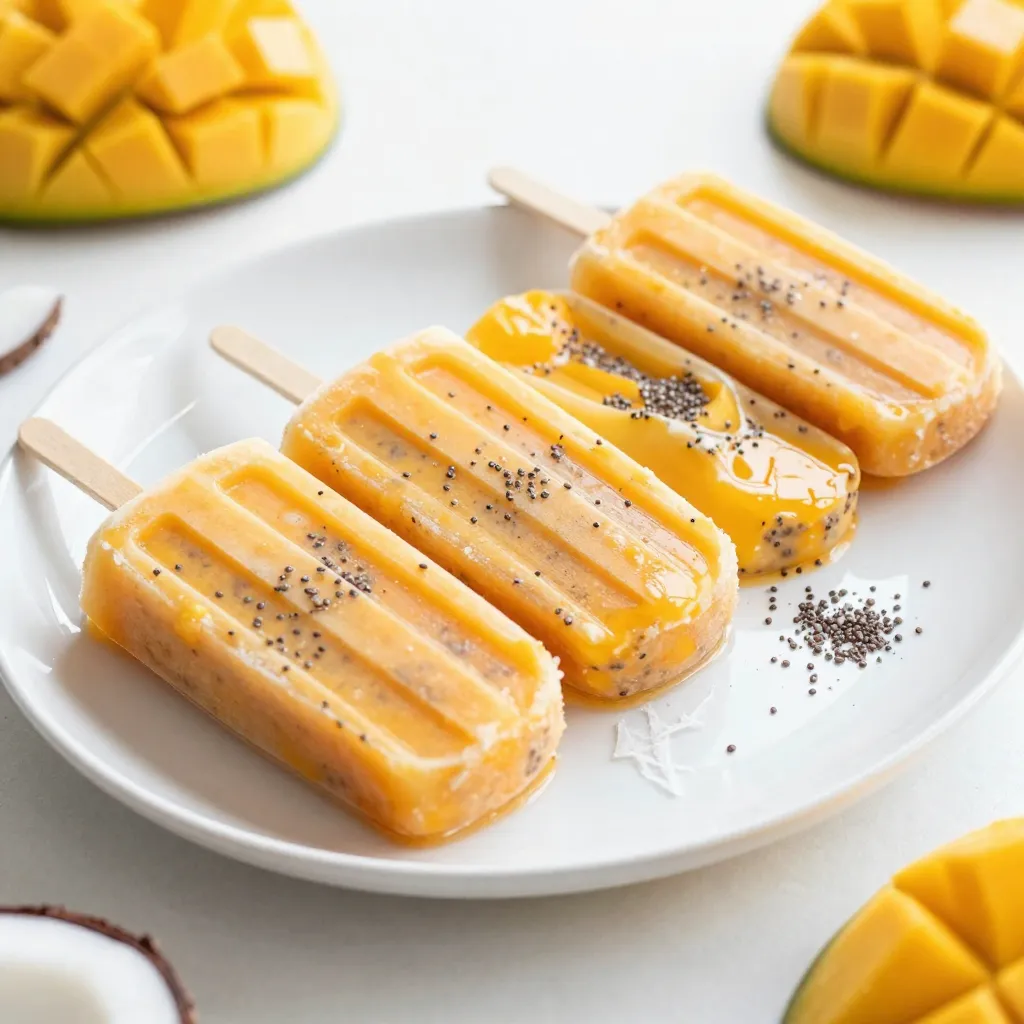 To make Mango Coconut Chia Popsicles, you need fresh, tasty ingredients. Here’s what you’ll need: - 2 ripe mangoes, peeled and diced - 1 cup coconut milk (can be canned or freshly made) - 1/4 cup honey or maple syrup - 1/4 cup chia seeds - 1 tablespoon freshly squeezed lime juice - A pinch of salt These ingredients create a refreshing, fruity treat. The mangoes provide natural sweetness, while coconut milk adds creaminess. Chia seeds give a fun texture and added nutrition. You can use either honey or maple syrup in this recipe. Honey is thick and sweet. It adds a rich flavor that pairs well with mango. Maple syrup has a lighter taste and is great if you want a more subtle sweetness. - Honey: Great for a richer flavor. - Maple Syrup: Lighter and adds a unique twist. Adjust the amount based on your taste. Taste the mixture before freezing to find your perfect sweetness. Want to make your pops even better? Consider adding fresh mint or coconut flakes. - Fresh Mint: Chopped mint leaves add a cool burst of flavor. - Coconut Flakes: Toasted coconut flakes give a nice crunch. You can mix these in with the chia seeds. They add fun flavors and textures to your popsicles. Try different combinations to find your favorite mix! {{ingredient_image_2}} To start, grab two ripe mangoes. Peel and dice them into small pieces. Then, place these mango pieces in a powerful blender. Add one cup of coconut milk to the blender next. I like using canned coconut milk for a rich flavor, but fresh works great too. Measure a quarter cup of honey or maple syrup and pour it in. Adjust the sweetness to your taste. Next, squeeze in one tablespoon of fresh lime juice and add a pinch of salt. Blend everything on high until it is smooth and creamy. Make sure there are no mango chunks left. Once your mango coconut mixture is ready, take a separate mixing bowl. Add a quarter cup of chia seeds into this bowl. Pour the blended mango mixture over the chia seeds. Stir well to mix everything evenly. Let this sit for about 5 to 10 minutes. This time allows the chia seeds to absorb the liquid. You will see the mixture thicken slightly. After that, stir again to break up any clumps of chia seeds. Now it’s time to pour the mixture into popsicle molds. Be careful not to overfill them. Leave a small gap at the top of each mold for expansion as they freeze. Insert wooden popsicle sticks into the center, standing them upright. Place the molds in the freezer. Let them freeze for at least 4 to 6 hours until they are solid. When ready to serve, run warm water over the outside of the molds for a few seconds. Gently pull the popsicles out. Enjoy your refreshing treat! To get a smooth texture, blend the mango and coconut milk well. Use a strong blender for best results. Make sure no chunks remain in the mix. The honey or maple syrup should blend in fully too. After blending, let the mixture sit for a few minutes. This helps the chia seeds absorb some liquid. Stir again to break any clumps before pouring. Removing popsicles can be tricky. Use warm water for easy removal. Run the warm water over the outside of the molds for a few seconds. This will help loosen the popsicles. Gently pull them out while holding the mold. Be careful to avoid breaking them. If they stick, run a bit more warm water around the mold. Presentation matters when serving your popsicles. Try using a colorful platter to show off their bright colors. You can add fresh mint leaves on top for a pop of green. Sprinkling coconut flakes adds texture and looks nice too. Serve them right after removing from the freezer for the best taste! Pro Tips Choose Ripe Mangoes: Select mangoes that are slightly soft to the touch and have a sweet aroma for the best flavor in your popsicles. Adjust Sweetness: Feel free to adjust the amount of honey or maple syrup based on the natural sweetness of your mangoes and your personal taste preferences. Experiment with Add-ins: Consider adding other fruits like pineapple or berries to the mixture for a fun twist on the flavor profile of your popsicles. Store Properly: For the best texture, store the popsicles in an airtight container in the freezer to prevent freezer burn. {{image_4}} You can easily make these popsicles vegan. Just use maple syrup instead of honey. Maple syrup adds a rich sweetness. You can use any plant-based milk too. Almond or oat milk works well. These swaps keep the flavor and texture creamy. Want a sugar-free treat? Skip the honey or maple syrup. Instead, try using stevia or erythritol. Both sweeteners offer a nice taste without added sugar. Just adjust the amount based on your preference. You may need less sweetener since they are sweeter than sugar. Mix things up with flavors! You can add berries like strawberries or blueberries. They add color and extra nutrients. Blend them in with the mango for a fruity twist. You can also boost the lime flavor. Just add more lime juice for a tart kick. Both options make the popsicles fun and fresh! To keep your leftover popsicles fresh, place them in an airtight container. You can also wrap each popsicle in plastic wrap. This method helps prevent freezer burn and keeps them tasty. Be sure to label the container with the date you made them. This way, you can enjoy your treat at its best. Mango coconut chia popsicles can last up to two months in the freezer. After this time, they may lose flavor or texture. For best results, eat them within one month. Make sure your freezer is at 0°F (-18°C) to keep them firm and fresh. To avoid ice crystals, ensure your popsicles freeze evenly. Here are some tips: - Blend well: Make sure the mango mixture is smooth before adding chia seeds. - Avoid air pockets: Stir the mixture well after adding chia seeds to prevent clumping. - Use a tight lid: Cover the popsicle molds with a tight lid or plastic wrap. This step helps keep moisture out. - Freeze quickly: Place the molds in the coldest part of your freezer. This helps them freeze faster and more evenly. Following these tips will help you enjoy delicious mango coconut chia popsicles throughout the hot summer days. Yes, you can use frozen mango. It makes the popsicles even colder and creamier. Just thaw the frozen mango for a bit before blending. This will help your blender work better. If your mango is too cold, it might make blending harder. You can keep these popsicles in the freezer for up to two months. Just make sure to store them in an airtight container. This will help keep them fresh and tasty. After two months, they may lose some flavor and texture. If you don’t have popsicle molds, don’t worry! You can use small cups or ice cube trays. Just pour the mixture into your chosen container. Insert a stick when the mixture is a bit firm, usually after an hour in the freezer. This way, you can still enjoy your popsicles! Mango coconut chia popsicles are a fun and tasty treat. We discussed the key ingredients, from fresh mango to sweeteners like honey. Step-by-step, I guided you through making them and shared tips for smooth popsicles. You can create fun variations too, like vegan options or adding berries. Storing them is easy with the right methods. Overall, these popsicles are simple and refreshing. Try making them for a healthy snack that everyone will enjoy.