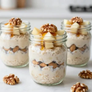 - 1 cup rolled oats - 1 cup unsweetened almond milk (or any milk of your choice) - 1 medium apple, peeled, cored, and diced into small cubes - 1 tablespoon pure maple syrup (or honey for sweetness) - 1 teaspoon ground cinnamon - 1/4 teaspoon ground nutmeg - 1 tablespoon chia seeds - A pinch of salt These main ingredients bring the apple pie flavor to life. Rolled oats serve as the base. They soak up the milk overnight. This makes them soft and creamy. Apples add natural sweetness and crunch. Maple syrup or honey offers a touch of sweetness. Cinnamon and nutmeg create the classic pie flavor. Chia seeds add fiber and protein, which are great for your health. - 1/4 cup Greek yogurt (optional, for added creaminess) - 1/4 cup chopped walnuts (or your preferred nuts) Adding Greek yogurt makes the oats creamier and richer. Walnuts give a nice crunch and extra nutrients. You can use other nuts too, like almonds or pecans. Feel free to experiment with these options. They can elevate your oats while keeping the apple pie theme. Rolled oats are high in fiber. This helps with digestion and keeps you full longer. Almond milk is low in calories and adds a nice flavor. Apples provide vitamins and antioxidants. They support heart health and boost immunity. Maple syrup offers minerals like zinc and manganese. Chia seeds are packed with omega-3 fatty acids and protein. These ingredients make this dish not just tasty but also nutritious! {{ingredient_image_2}} First, take a medium mixing bowl. Add 1 cup of rolled oats. Pour in 1 cup of unsweetened almond milk. You can use any milk you like. Next, mix in 1 tablespoon of pure maple syrup. This will add a nice sweetness. Then, add 1 tablespoon of chia seeds. Chia seeds help thicken your oats. Now sprinkle in 1 teaspoon of ground cinnamon. Add 1/4 teaspoon of ground nutmeg for warmth. Finally, add a pinch of salt. Stir everything well until it is all combined. Now, take 1 medium apple. Peel it, core it, and cut it into small cubes. Gently fold the apple into your oat mixture. Be careful not to mash the apple pieces. This keeps their nice texture. If you like creaminess, add 1/4 cup of Greek yogurt. This is optional but adds a rich taste. Mix gently until the yogurt and apples are well combined. Next, divide the mixture into two jars or airtight containers. Leave some space at the top for the oats to expand. Top each jar with 1/4 cup of chopped walnuts. This gives a nice crunch. Seal the jars tightly and place them in the refrigerator. Let them chill overnight, or for at least 4 hours. This allows the oats to absorb the liquid and flavors. In the morning, stir the oats well. If they seem too thick, add a splash of almond milk. Enjoy your delicious Apple Pie Overnight Oats! To make your oats creamier, use Greek yogurt. It adds richness and protein. If you want a lighter texture, swap regular milk for almond milk. This keeps it smooth and tasty. Mixing oats with milk in advance helps them soak well. For the best texture, let the oats sit overnight. This gives them time to absorb the liquid. If they seem too thick in the morning, add a splash of milk. Stir gently to keep the apple pieces intact. You can boost flavor with spices. Add extra cinnamon or nutmeg to taste. For sweetness, try more maple syrup or honey. Nuts like walnuts add crunch and nutrients. Fresh fruit toppings like berries or banana slices also work great. Pro Tips Use Fresh Apples: Select firm, crisp apples like Granny Smith or Honeycrisp for the best flavor and texture in your overnight oats. Customize Sweetness: Adjust the amount of maple syrup or honey based on your sweetness preference or the natural sweetness of the apples. Experiment with Spices: Feel free to add other spices such as ginger or cloves for a unique flavor twist in your overnight oats. Make it Vegan: To keep the recipe vegan, ensure that you use plant-based yogurt alongside almond milk and maple syrup. {{image_4}} You can switch up the milk in this recipe. Almond milk works well, but you can use any milk you like. Try oat milk for a creamier taste. Coconut milk adds a hint of tropical flavor. For sweeteners, maple syrup is great. Honey can also add nice sweetness. You can even try agave syrup for a different touch. Toppings can make your oats special. Add sliced bananas or berries for more fruit. A dollop of peanut butter or almond butter can give a rich flavor. Try adding a few chocolate chips for a sweet twist. You can also sprinkle on some shredded coconut for extra texture and taste. While apples are tasty, feel free to swap them. Pears or peaches can work well too. If you want a berry flavor, use blueberries or strawberries. For nuts, walnuts are great, but you can use almonds or pecans. This gives your oats new flavors and crunch. Mixing and matching can lead to your favorite combination. To store your apple pie overnight oats, use airtight containers or jars. Make sure to seal them tightly. This keeps the oats fresh and flavorful. You can store them in the fridge for easy access. Apple pie overnight oats last about 3 to 5 days in the fridge. Keep an eye on the texture and smell. If they look dry or smell off, it's best to toss them. To help with freshness, store the oats without toppings. Add nuts and apples just before eating. These oats are tasty cold or warm. If you prefer them warm, heat them in the microwave. Use short bursts of 30 seconds. Stir in a splash of almond milk to make them creamy again. Enjoy the comforting flavors of apple pie any time! Yes, you can make these oats vegan. Just use almond milk or any plant-based milk. Replace Greek yogurt with a non-dairy yogurt. Maple syrup is already vegan, so you&rsquo;re set for sweetness. If you don&rsquo;t have chia seeds, use flax seeds or hemp seeds. Both add fiber and healthy fats. You can also skip them, though they help with texture and nutrients. You can store overnight oats for up to five days in the fridge. Make sure they are in a sealed container. This keeps them fresh and tasty. Yes, you can freeze overnight oats. Just put them in airtight containers. They will last up to three months. When ready to eat, thaw them overnight in the fridge. Overnight oats offer many health benefits. They are high in fiber, which helps digestion. Oats contain important vitamins and minerals. They also provide lasting energy, helping you feel full. Adding fruits and nuts gives you extra nutrients too! Apple pie overnight oats blend taste with health in an easy recipe. We explored the main ingredients that make these oats delicious, the steps to prepare them, and tips for perfecting the texture. You can add your favorite flavors or toppings to switch things up. Store them properly for a quick breakfast on busy mornings. Remember, whether for yourself or a family meal, these oats are fun and good for you. Enjoy making them your own!
