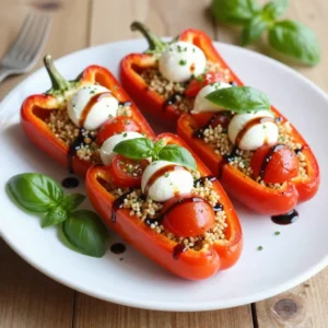 For Caprese Quinoa Stuffed Peppers, you will need: - 4 large bell peppers (any vibrant color of your choice) - 1 cup quinoa, thoroughly rinsed - 2 cups vegetable broth - 1 cup cherry tomatoes, halved - 1 cup fresh mozzarella balls, halved (bocconcini work well too) - 1/2 cup fresh basil, chopped - 2 tablespoons balsamic glaze - 1 tablespoon extra virgin olive oil - Sea salt and freshly cracked black pepper to taste When choosing your bell peppers, look for ones that are firm and shiny. The colors can vary, but vibrant ones often taste sweeter. For the quinoa, always rinse it well to remove any bitterness. Fresh mozzarella should be soft and moist. Check for a nice aroma in your basil; it should smell fresh and pungent. Lastly, use a high-quality balsamic glaze for a rich finish. If you need to adjust the recipe for dietary needs, there are great options. You can swap quinoa with brown rice or couscous for a different grain. If you're dairy-free, try using vegan cheese or omit cheese altogether. For a gluten-free option, ensure your quinoa is certified gluten-free. If you want to add protein, consider black beans or shredded chicken. These changes keep the meal tasty and nutritious. {{ingredient_image_2}} First, gather all your ingredients. This makes cooking easier. You need bell peppers, quinoa, broth, tomatoes, mozzarella, basil, balsamic glaze, olive oil, salt, and pepper. Next, preheat your oven to 375&deg;F (190&deg;C). This step is vital for cooking your peppers just right. In a medium pot, add one cup of rinsed quinoa and two cups of vegetable broth. Bring this mixture to a boil over medium heat. Once it boils, reduce the heat to low and cover it. Let the quinoa simmer for about 15 minutes. When it's done, the quinoa will be fluffy, and all the broth will be absorbed. This will be the base for your filling. Now, take four large bell peppers and slice off the tops. Remove the seeds and membranes inside. Place them upright in a baking dish. In a big bowl, mix the cooked quinoa with halved cherry tomatoes, mozzarella balls, and chopped basil. Drizzle the olive oil and balsamic glaze over this mixture. Season with salt and pepper, then stir well. Carefully stuff each pepper with the quinoa mix. Pack it down but don&rsquo;t overfill. Cover the dish tightly with foil and bake for 25 minutes. After that, remove the foil and bake for another 10 to 15 minutes. You want them tender and slightly charred. Once they&rsquo;re done, let them cool for a few minutes before serving. Enjoy your tasty creation! To make the perfect Caprese quinoa stuffed peppers, follow these steps: - Choose your peppers wisely: Pick large, firm bell peppers in bright colors. This adds visual appeal. - Rinse the quinoa well: This removes the bitter coating called saponin. Clean quinoa tastes better. - Use vegetable broth: Cooking quinoa in broth adds extra flavor. It enhances the dish overall. - Cover while baking: Use foil to trap steam. This helps the peppers cook evenly and stay moist. - Check for doneness: Peppers should be tender but not mushy. A slight char adds a nice flavor. To boost the flavor of your stuffed peppers, try these tips: - Add garlic: Saut&eacute; chopped garlic with the quinoa for a fragrant base. - Mix in spices: A pinch of red pepper flakes or Italian herbs can spice things up. - Use different cheeses: Try goat cheese or feta for a tangy twist. - Fresh herbs: Adding fresh oregano or thyme can elevate the taste. - Top with nuts: Chopped pine nuts or walnuts add crunch and flavor. Serve your Caprese quinoa stuffed peppers with these ideas: - Garnish with basil: Whole basil leaves make the dish look stunning. - Drizzle balsamic glaze: A little extra glaze gives a rich, sweet finish. - Pair with a salad: A light arugula salad complements the dish well. - Offer crusty bread: Serve with bread for a complete meal. - Wine pairing: A glass of crisp white wine pairs nicely with the flavors. Pro Tips Choose Colorful Peppers: Select a mix of red, yellow, and green bell peppers for a vibrant presentation that also adds a slight variation in flavor. Cook Quinoa Perfectly: Ensure you rinse the quinoa thoroughly before cooking to remove any bitterness, resulting in a fluffier texture. Customize Your Filling: Feel free to add additional ingredients like olives or spinach to the quinoa mixture for extra flavor and nutrition. Serving Tip: Let the stuffed peppers sit for a few minutes after baking; this allows the flavors to meld and makes them easier to serve. {{image_4}} You can boost the protein in your Caprese quinoa stuffed peppers. Adding cooked chicken makes them heartier. Simply shred some rotisserie chicken and mix it into the quinoa filling. Beans are another great choice. Black beans or chickpeas work well. They add protein and fiber, making the dish even more filling. To add some kick, try spices like cumin or chili powder. These flavors pair nicely with the fresh ingredients. You can mix in a bit of crushed red pepper for heat. For herbs, consider using oregano or thyme. They lend a warm taste that complements the basil. Fresh herbs elevate the flavors and make your dish more fragrant. This recipe is easily gluten-free. Quinoa is naturally gluten-free, so you're all set. Just ensure that all other ingredients are also gluten-free. For a vegan version, replace the mozzarella with vegan cheese or skip it altogether. You can add extra veggies like zucchini or mushrooms for flavor and texture. Use a balsamic reduction made without animal products to keep it vegan-friendly. To keep your Caprese quinoa stuffed peppers fresh, store them in an airtight container. Make sure to let them cool first. Place a layer of parchment paper between the peppers if they are stacked. This prevents sticking. Store them in the fridge for up to three days. If you want to keep them longer, freezing is a great option. When you're ready to enjoy your leftovers, preheat your oven to 350&deg;F (175&deg;C). Place the stuffed peppers in an oven-safe dish. Cover with foil to keep them moist. Heat for about 20 minutes or until warm. You can also microwave them for quicker reheating. Just place one or two peppers on a microwave-safe plate. Heat for about two to three minutes, checking if they are warm throughout. To freeze your stuffed peppers, first, let them cool completely. Wrap each pepper tightly in plastic wrap. Then place them in a freezer-safe bag or container. Make sure to label them with the date. They can last up to three months in the freezer. When ready to eat, thaw overnight in the fridge. Then reheat using the oven or microwave as mentioned above. This way, you still get that fresh taste! Yes, you can choose many types of peppers. Bell peppers are great, but you can also use poblano or jalape&ntilde;o peppers for a spicy kick. Each pepper adds its own flavor and texture. Just remember to adjust cooking times if you pick thicker peppers. These stuffed peppers are filling and tasty on their own. You can pair them with a fresh salad or some crusty bread. A simple arugula salad with lemon dressing goes well. You can also serve a light soup alongside for a warm meal. Making this dish vegan is easy! Just swap the mozzarella with a plant-based cheese. You can also use nutritional yeast for a cheesy flavor without dairy. Ensure the vegetable broth is also vegan-friendly. This keeps the dish tasty while meeting vegan needs. In this blog post, we explored the key ingredients and step-by-step instructions for making delicious Caprese quinoa stuffed peppers. You learned about ingredient quality, cooking tips, and how to make substitutions for different diets. We also discussed storage, reheating, and variations to suit your taste. You can easily adapt this recipe to fit your needs. Whether you&rsquo;re a beginner or seasoned cook, these stuffed peppers promise great flavor. Enjoy making this nutritious meal your own!