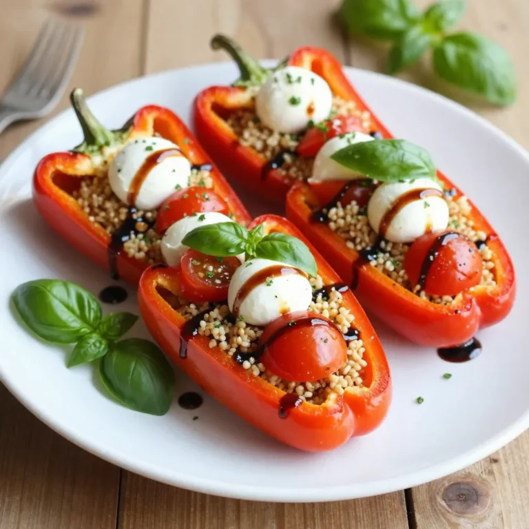 For Caprese Quinoa Stuffed Peppers, you will need: - 4 large bell peppers (any vibrant color of your choice) - 1 cup quinoa, thoroughly rinsed - 2 cups vegetable broth - 1 cup cherry tomatoes, halved - 1 cup fresh mozzarella balls, halved (bocconcini work well too) - 1/2 cup fresh basil, chopped - 2 tablespoons balsamic glaze - 1 tablespoon extra virgin olive oil - Sea salt and freshly cracked black pepper to taste When choosing your bell peppers, look for ones that are firm and shiny. The colors can vary, but vibrant ones often taste sweeter. For the quinoa, always rinse it well to remove any bitterness. Fresh mozzarella should be soft and moist. Check for a nice aroma in your basil; it should smell fresh and pungent. Lastly, use a high-quality balsamic glaze for a rich finish. If you need to adjust the recipe for dietary needs, there are great options. You can swap quinoa with brown rice or couscous for a different grain. If you're dairy-free, try using vegan cheese or omit cheese altogether. For a gluten-free option, ensure your quinoa is certified gluten-free. If you want to add protein, consider black beans or shredded chicken. These changes keep the meal tasty and nutritious. {{ingredient_image_2}} First, gather all your ingredients. This makes cooking easier. You need bell peppers, quinoa, broth, tomatoes, mozzarella, basil, balsamic glaze, olive oil, salt, and pepper. Next, preheat your oven to 375°F (190°C). This step is vital for cooking your peppers just right. In a medium pot, add one cup of rinsed quinoa and two cups of vegetable broth. Bring this mixture to a boil over medium heat. Once it boils, reduce the heat to low and cover it. Let the quinoa simmer for about 15 minutes. When it's done, the quinoa will be fluffy, and all the broth will be absorbed. This will be the base for your filling. Now, take four large bell peppers and slice off the tops. Remove the seeds and membranes inside. Place them upright in a baking dish. In a big bowl, mix the cooked quinoa with halved cherry tomatoes, mozzarella balls, and chopped basil. Drizzle the olive oil and balsamic glaze over this mixture. Season with salt and pepper, then stir well. Carefully stuff each pepper with the quinoa mix. Pack it down but don’t overfill. Cover the dish tightly with foil and bake for 25 minutes. After that, remove the foil and bake for another 10 to 15 minutes. You want them tender and slightly charred. Once they’re done, let them cool for a few minutes before serving. Enjoy your tasty creation! To make the perfect Caprese quinoa stuffed peppers, follow these steps: - Choose your peppers wisely: Pick large, firm bell peppers in bright colors. This adds visual appeal. - Rinse the quinoa well: This removes the bitter coating called saponin. Clean quinoa tastes better. - Use vegetable broth: Cooking quinoa in broth adds extra flavor. It enhances the dish overall. - Cover while baking: Use foil to trap steam. This helps the peppers cook evenly and stay moist. - Check for doneness: Peppers should be tender but not mushy. A slight char adds a nice flavor. To boost the flavor of your stuffed peppers, try these tips: - Add garlic: Sauté chopped garlic with the quinoa for a fragrant base. - Mix in spices: A pinch of red pepper flakes or Italian herbs can spice things up. - Use different cheeses: Try goat cheese or feta for a tangy twist. - Fresh herbs: Adding fresh oregano or thyme can elevate the taste. - Top with nuts: Chopped pine nuts or walnuts add crunch and flavor. Serve your Caprese quinoa stuffed peppers with these ideas: - Garnish with basil: Whole basil leaves make the dish look stunning. - Drizzle balsamic glaze: A little extra glaze gives a rich, sweet finish. - Pair with a salad: A light arugula salad complements the dish well. - Offer crusty bread: Serve with bread for a complete meal. - Wine pairing: A glass of crisp white wine pairs nicely with the flavors. Pro Tips Choose Colorful Peppers: Select a mix of red, yellow, and green bell peppers for a vibrant presentation that also adds a slight variation in flavor. Cook Quinoa Perfectly: Ensure you rinse the quinoa thoroughly before cooking to remove any bitterness, resulting in a fluffier texture. Customize Your Filling: Feel free to add additional ingredients like olives or spinach to the quinoa mixture for extra flavor and nutrition. Serving Tip: Let the stuffed peppers sit for a few minutes after baking; this allows the flavors to meld and makes them easier to serve. {{image_4}} You can boost the protein in your Caprese quinoa stuffed peppers. Adding cooked chicken makes them heartier. Simply shred some rotisserie chicken and mix it into the quinoa filling. Beans are another great choice. Black beans or chickpeas work well. They add protein and fiber, making the dish even more filling. To add some kick, try spices like cumin or chili powder. These flavors pair nicely with the fresh ingredients. You can mix in a bit of crushed red pepper for heat. For herbs, consider using oregano or thyme. They lend a warm taste that complements the basil. Fresh herbs elevate the flavors and make your dish more fragrant. This recipe is easily gluten-free. Quinoa is naturally gluten-free, so you're all set. Just ensure that all other ingredients are also gluten-free. For a vegan version, replace the mozzarella with vegan cheese or skip it altogether. You can add extra veggies like zucchini or mushrooms for flavor and texture. Use a balsamic reduction made without animal products to keep it vegan-friendly. To keep your Caprese quinoa stuffed peppers fresh, store them in an airtight container. Make sure to let them cool first. Place a layer of parchment paper between the peppers if they are stacked. This prevents sticking. Store them in the fridge for up to three days. If you want to keep them longer, freezing is a great option. When you're ready to enjoy your leftovers, preheat your oven to 350°F (175°C). Place the stuffed peppers in an oven-safe dish. Cover with foil to keep them moist. Heat for about 20 minutes or until warm. You can also microwave them for quicker reheating. Just place one or two peppers on a microwave-safe plate. Heat for about two to three minutes, checking if they are warm throughout. To freeze your stuffed peppers, first, let them cool completely. Wrap each pepper tightly in plastic wrap. Then place them in a freezer-safe bag or container. Make sure to label them with the date. They can last up to three months in the freezer. When ready to eat, thaw overnight in the fridge. Then reheat using the oven or microwave as mentioned above. This way, you still get that fresh taste! Yes, you can choose many types of peppers. Bell peppers are great, but you can also use poblano or jalapeño peppers for a spicy kick. Each pepper adds its own flavor and texture. Just remember to adjust cooking times if you pick thicker peppers. These stuffed peppers are filling and tasty on their own. You can pair them with a fresh salad or some crusty bread. A simple arugula salad with lemon dressing goes well. You can also serve a light soup alongside for a warm meal. Making this dish vegan is easy! Just swap the mozzarella with a plant-based cheese. You can also use nutritional yeast for a cheesy flavor without dairy. Ensure the vegetable broth is also vegan-friendly. This keeps the dish tasty while meeting vegan needs. In this blog post, we explored the key ingredients and step-by-step instructions for making delicious Caprese quinoa stuffed peppers. You learned about ingredient quality, cooking tips, and how to make substitutions for different diets. We also discussed storage, reheating, and variations to suit your taste. You can easily adapt this recipe to fit your needs. Whether you’re a beginner or seasoned cook, these stuffed peppers promise great flavor. Enjoy making this nutritious meal your own!