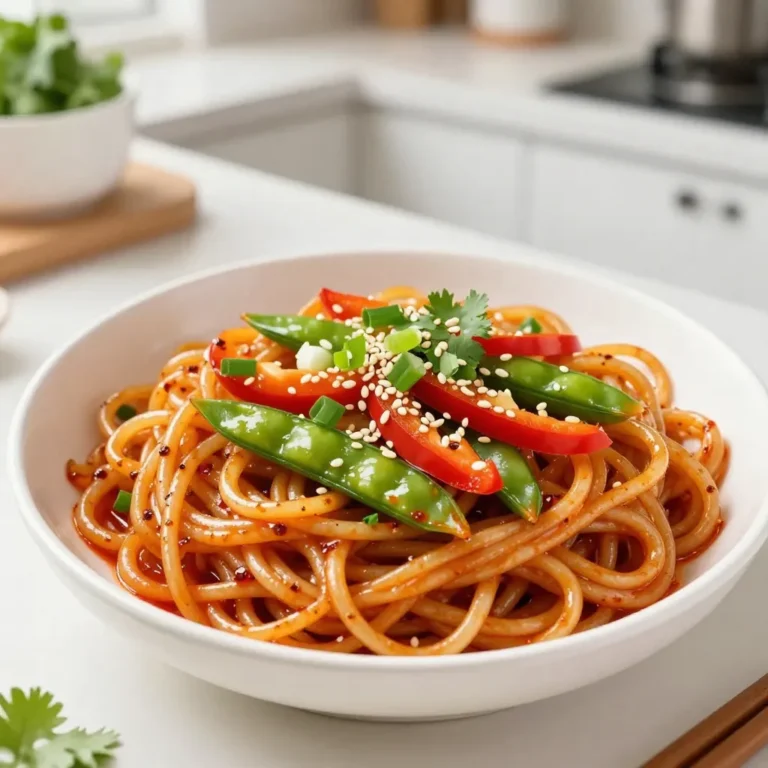 To make Sweet Chili Garlic Noodles, you need some tasty ingredients. Here’s what you'll need: - 8 oz rice noodles - 3 tablespoons sweet chili sauce - 2 tablespoons soy sauce - 1 tablespoon sesame oil - 4 cloves garlic, minced - 1 tablespoon fresh ginger, grated - 1 red bell pepper, thinly sliced - 1 cup snap peas, trimmed - 1 green onion, finely chopped - 1 tablespoon sesame seeds, toasted - Fresh cilantro leaves for garnish - Salt and black pepper to taste Each ingredient adds its own flavor. The rice noodles are the base. They soak up the sauces well. Sweet chili sauce gives a nice sweet and spicy kick. Soy sauce adds depth to the dish. Sesame oil brings a warm, nutty taste. Minced garlic and fresh ginger create a rich aroma. The red bell pepper and snap peas add crunch and color. Green onion and sesame seeds finish off the dish with extra flair. Fresh cilantro gives a pop of brightness. Salt and pepper enhance all these flavors. Gather these ingredients before you start cooking. This way, everything is ready to go. Enjoy the process of creating this simple and flavorful meal! {{ingredient_image_2}} Start by boiling water in a large pot. Add 8 oz of rice noodles. Cook them for about 4-6 minutes, or until they are soft. Stir them occasionally so they don’t stick. Once cooked, drain the noodles in a colander. Let them sit for a minute to get rid of extra water. In a bowl, mix the sauces. Combine 3 tablespoons of sweet chili sauce with 2 tablespoons of soy sauce. This mix adds a sweet and salty flavor that pairs well with the noodles. Set this sauce aside while you prepare the rest of the dish. In a large skillet or wok, heat 1 tablespoon of sesame oil over medium heat. Add 4 cloves of minced garlic and 1 tablespoon of grated ginger. Cook them for about 1 minute, stirring constantly. This step makes your kitchen smell amazing! Next, add 1 thinly sliced red bell pepper and 1 cup of snap peas. Stir-fry for 3-4 minutes. The veggies should be bright and crisp. Now, add the drained noodles to the skillet. Pour the sauce mixture over everything. Gently toss the noodles, veggies, and sauce together. Cook for another 2-3 minutes so the noodles soak up the flavors. Taste and add salt and black pepper if needed. Finally, transfer the noodles to a serving platter. Top with chopped green onions, toasted sesame seeds, and fresh cilantro. This dish looks as good as it tastes! To cook rice noodles just right, start by following the package instructions. Make sure to use plenty of water and a big pot. Cooking time varies, so check for doneness. The noodles should be soft but not mushy. After cooking, drain them well. Let them rest in the colander for a few minutes to remove extra moisture. This helps prevent clumping when you mix them with the sauce. You can boost the flavor of your Sweet Chili Garlic Noodles in several ways. Add a dash of lime juice for a fresh kick. You could also sprinkle in some red pepper flakes if you like heat. For a deeper taste, use low-sodium soy sauce or even coconut aminos. Fresh herbs like basil or mint can add a nice twist. Don't forget to taste as you go, adjusting salt and pepper as needed. Presentation can make your meal look even better. Serve the noodles in shallow bowls to show off the colors. Arrange the veggies neatly on top for a beautiful display. Sprinkle with toasted sesame seeds for added crunch and a nutty flavor. A small bouquet of cilantro on top adds a lovely touch. This way, your Sweet Chili Garlic Noodles will not only taste great but also look appetizing! Pro Tips Use Fresh Ingredients: Fresh garlic and ginger will elevate the flavor of your noodles significantly. Always opt for fresh over powdered or jarred options when possible. Customize Your Veggies: Feel free to swap in your favorite vegetables based on what you have on hand or what’s in season. Broccoli, carrots, or bok choy all work wonderfully! Adjust the Spice Level: If you prefer more heat, add sliced red chili peppers or a dash of chili flakes to the stir-fry for an extra kick! Perfect Noodle Texture: Be careful not to overcook the rice noodles; they should be tender but still have a slight bite to them for the best texture. {{image_4}} You can easily add protein to sweet chili garlic noodles. Chicken, shrimp, and tofu work well. If you choose chicken, use thin strips for quick cooking. Cook the chicken until golden before adding garlic and ginger. For shrimp, toss them in when you stir-fry the vegetables. They cook fast and add great flavor. If you want a plant-based option, use firm tofu. Press it to remove moisture, then cube it and sauté until crispy. These options will make your meal more filling and tasty. Adding more vegetables boosts nutrition and color. Broccoli and carrots are great choices. For broccoli, cut it into small florets and add it with the other veggies. Carrots can be sliced thinly for quicker cooking. Snap peas are already in the recipe, but you can also add bell peppers, bok choy, or spinach. Feel free to mix and match to suit your taste. The more colors you add, the more appealing your dish will look. To adjust the heat of your sweet chili garlic noodles, use chili flakes. If you like it spicy, add more chili flakes to the sauce. Start with a small amount and taste as you go. You can also use fresh chili peppers if you want a bolder flavor. For those who prefer milder dishes, skip the chili flakes altogether. Finding your perfect level of spice will make this dish just right for you. To store leftover Sweet Chili Garlic Noodles, first, let them cool. Place the noodles in an airtight container. Make sure to seal it tightly to keep moisture out. Store the container in the fridge. The noodles will stay fresh for 3 to 4 days. If you want to keep them longer, consider freezing. Reheating is simple and quick. You can use a microwave or a stovetop. For the microwave, place the noodles in a bowl. Add a splash of water to keep them moist. Heat in short bursts, stirring in between. On the stovetop, add the noodles to a pan over medium heat. Stir in a bit of water or oil. Heat until warm, stirring often. Freezing the noodles is a great option for meal prep. Start by cooling the noodles completely. Portion them into freezer-safe bags or containers. Squeeze out as much air as possible to prevent freezer burn. Label the bags with the date. The noodles will last up to 2 months in the freezer. When ready to eat, defrost in the fridge overnight before reheating. Yes, you can use different noodles. For this dish, I recommend using any thin noodle. Try egg noodles or udon for a fun twist. Cook them according to the package. Just remember to adjust the cooking time. You want the noodles tender but not mushy. If you don’t have sweet chili sauce, I have a few ideas. Mix honey or maple syrup with soy sauce. Add a touch of hot sauce for heat. You can also use sriracha, but it is spicier. Adjust the amount to your taste. Making this dish vegan is easy! Use vegetable broth instead of any meat-based sauces. Ensure your sweet chili sauce is vegan. Most brands are, but check the label. You can add tofu or tempeh for protein. This will keep the meal hearty and delicious. In this article, I shared a simple recipe for sweet chili garlic noodles. We covered the key ingredients and step-by-step cooking methods. I also included tips for perfect noodles and ideas for variations. Don't forget to store any leftovers correctly to enjoy later. This dish is versatile, allowing you to personalize it with proteins and veggies. You can easily adjust spice levels to fit your taste. Enjoy making this quick and flavorful meal that brightens any dinner!