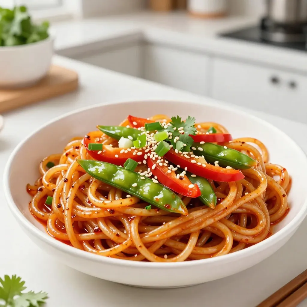 To make Sweet Chili Garlic Noodles, you need some tasty ingredients. Here’s what you'll need: - 8 oz rice noodles - 3 tablespoons sweet chili sauce - 2 tablespoons soy sauce - 1 tablespoon sesame oil - 4 cloves garlic, minced - 1 tablespoon fresh ginger, grated - 1 red bell pepper, thinly sliced - 1 cup snap peas, trimmed - 1 green onion, finely chopped - 1 tablespoon sesame seeds, toasted - Fresh cilantro leaves for garnish - Salt and black pepper to taste Each ingredient adds its own flavor. The rice noodles are the base. They soak up the sauces well. Sweet chili sauce gives a nice sweet and spicy kick. Soy sauce adds depth to the dish. Sesame oil brings a warm, nutty taste. Minced garlic and fresh ginger create a rich aroma. The red bell pepper and snap peas add crunch and color. Green onion and sesame seeds finish off the dish with extra flair. Fresh cilantro gives a pop of brightness. Salt and pepper enhance all these flavors. Gather these ingredients before you start cooking. This way, everything is ready to go. Enjoy the process of creating this simple and flavorful meal! {{ingredient_image_2}} Start by boiling water in a large pot. Add 8 oz of rice noodles. Cook them for about 4-6 minutes, or until they are soft. Stir them occasionally so they don’t stick. Once cooked, drain the noodles in a colander. Let them sit for a minute to get rid of extra water. In a bowl, mix the sauces. Combine 3 tablespoons of sweet chili sauce with 2 tablespoons of soy sauce. This mix adds a sweet and salty flavor that pairs well with the noodles. Set this sauce aside while you prepare the rest of the dish. In a large skillet or wok, heat 1 tablespoon of sesame oil over medium heat. Add 4 cloves of minced garlic and 1 tablespoon of grated ginger. Cook them for about 1 minute, stirring constantly. This step makes your kitchen smell amazing! Next, add 1 thinly sliced red bell pepper and 1 cup of snap peas. Stir-fry for 3-4 minutes. The veggies should be bright and crisp. Now, add the drained noodles to the skillet. Pour the sauce mixture over everything. Gently toss the noodles, veggies, and sauce together. Cook for another 2-3 minutes so the noodles soak up the flavors. Taste and add salt and black pepper if needed. Finally, transfer the noodles to a serving platter. Top with chopped green onions, toasted sesame seeds, and fresh cilantro. This dish looks as good as it tastes! To cook rice noodles just right, start by following the package instructions. Make sure to use plenty of water and a big pot. Cooking time varies, so check for doneness. The noodles should be soft but not mushy. After cooking, drain them well. Let them rest in the colander for a few minutes to remove extra moisture. This helps prevent clumping when you mix them with the sauce. You can boost the flavor of your Sweet Chili Garlic Noodles in several ways. Add a dash of lime juice for a fresh kick. You could also sprinkle in some red pepper flakes if you like heat. For a deeper taste, use low-sodium soy sauce or even coconut aminos. Fresh herbs like basil or mint can add a nice twist. Don't forget to taste as you go, adjusting salt and pepper as needed. Presentation can make your meal look even better. Serve the noodles in shallow bowls to show off the colors. Arrange the veggies neatly on top for a beautiful display. Sprinkle with toasted sesame seeds for added crunch and a nutty flavor. A small bouquet of cilantro on top adds a lovely touch. This way, your Sweet Chili Garlic Noodles will not only taste great but also look appetizing! Pro Tips Use Fresh Ingredients: Fresh garlic and ginger will elevate the flavor of your noodles significantly. Always opt for fresh over powdered or jarred options when possible. Customize Your Veggies: Feel free to swap in your favorite vegetables based on what you have on hand or what’s in season. Broccoli, carrots, or bok choy all work wonderfully! Adjust the Spice Level: If you prefer more heat, add sliced red chili peppers or a dash of chili flakes to the stir-fry for an extra kick! Perfect Noodle Texture: Be careful not to overcook the rice noodles; they should be tender but still have a slight bite to them for the best texture. {{image_4}} You can easily add protein to sweet chili garlic noodles. Chicken, shrimp, and tofu work well. If you choose chicken, use thin strips for quick cooking. Cook the chicken until golden before adding garlic and ginger. For shrimp, toss them in when you stir-fry the vegetables. They cook fast and add great flavor. If you want a plant-based option, use firm tofu. Press it to remove moisture, then cube it and sauté until crispy. These options will make your meal more filling and tasty. Adding more vegetables boosts nutrition and color. Broccoli and carrots are great choices. For broccoli, cut it into small florets and add it with the other veggies. Carrots can be sliced thinly for quicker cooking. Snap peas are already in the recipe, but you can also add bell peppers, bok choy, or spinach. Feel free to mix and match to suit your taste. The more colors you add, the more appealing your dish will look. To adjust the heat of your sweet chili garlic noodles, use chili flakes. If you like it spicy, add more chili flakes to the sauce. Start with a small amount and taste as you go. You can also use fresh chili peppers if you want a bolder flavor. For those who prefer milder dishes, skip the chili flakes altogether. Finding your perfect level of spice will make this dish just right for you. To store leftover Sweet Chili Garlic Noodles, first, let them cool. Place the noodles in an airtight container. Make sure to seal it tightly to keep moisture out. Store the container in the fridge. The noodles will stay fresh for 3 to 4 days. If you want to keep them longer, consider freezing. Reheating is simple and quick. You can use a microwave or a stovetop. For the microwave, place the noodles in a bowl. Add a splash of water to keep them moist. Heat in short bursts, stirring in between. On the stovetop, add the noodles to a pan over medium heat. Stir in a bit of water or oil. Heat until warm, stirring often. Freezing the noodles is a great option for meal prep. Start by cooling the noodles completely. Portion them into freezer-safe bags or containers. Squeeze out as much air as possible to prevent freezer burn. Label the bags with the date. The noodles will last up to 2 months in the freezer. When ready to eat, defrost in the fridge overnight before reheating. Yes, you can use different noodles. For this dish, I recommend using any thin noodle. Try egg noodles or udon for a fun twist. Cook them according to the package. Just remember to adjust the cooking time. You want the noodles tender but not mushy. If you don’t have sweet chili sauce, I have a few ideas. Mix honey or maple syrup with soy sauce. Add a touch of hot sauce for heat. You can also use sriracha, but it is spicier. Adjust the amount to your taste. Making this dish vegan is easy! Use vegetable broth instead of any meat-based sauces. Ensure your sweet chili sauce is vegan. Most brands are, but check the label. You can add tofu or tempeh for protein. This will keep the meal hearty and delicious. In this article, I shared a simple recipe for sweet chili garlic noodles. We covered the key ingredients and step-by-step cooking methods. I also included tips for perfect noodles and ideas for variations. Don't forget to store any leftovers correctly to enjoy later. This dish is versatile, allowing you to personalize it with proteins and veggies. You can easily adjust spice levels to fit your taste. Enjoy making this quick and flavorful meal that brightens any dinner!