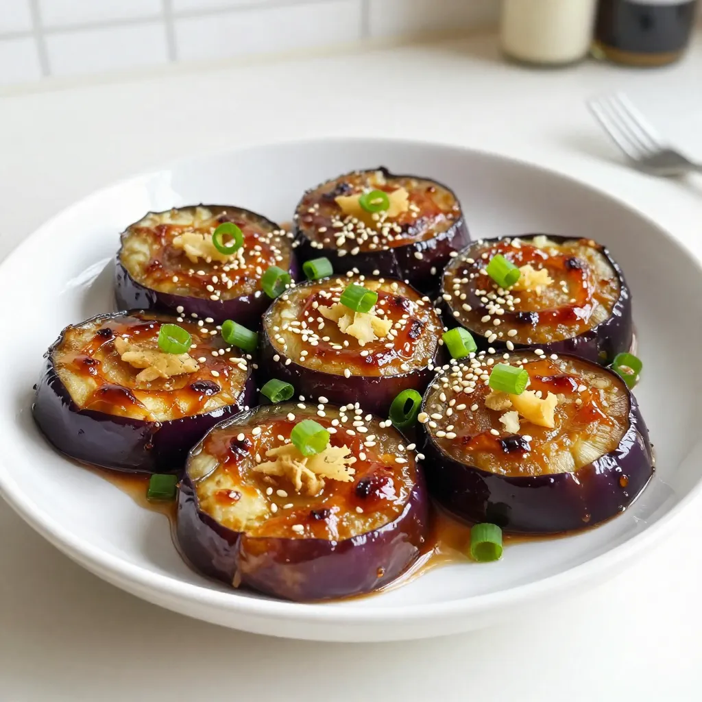 To make Miso Ginger Glazed Eggplant, you need: - 2 medium eggplants, sliced into 1-inch thick rounds - 3 tablespoons white or yellow miso paste - 2 tablespoons fresh ginger, grated - 2 tablespoons honey or maple syrup - 2 tablespoons soy sauce (or tamari for a gluten-free option) - 1 tablespoon sesame oil - 1 tablespoon rice vinegar - 2 cloves garlic, minced - 1 tablespoon sesame seeds (for garnishing) - Chopped green onions (for garnishing) Choose eggplants that are firm and smooth. Look for shiny skin without any blemishes or wrinkles. A good eggplant feels heavy for its size. Avoid any that seem soft or have dark spots. Smaller eggplants are often sweeter and less bitter. Always pick ones with bright green caps, which means they are fresh. If you can't find miso paste, try tahini or almond butter for creaminess. For soy sauce, coconut aminos work well as a gluten-free option. You can also mix in a bit of vinegar for tang. Adjust the flavors to your liking, but keep it simple. Cooking should be fun, and you can always experiment! {{ingredient_image_2}} First, preheat your oven to 400°F (200°C). This temperature helps the eggplant cook evenly. While your oven heats, get a baking sheet and line it with parchment paper. This step prevents the eggplant from sticking. Next, take your eggplants and slice them into 1-inch thick rounds. Now, let’s make the glaze. In a medium bowl, combine miso paste, grated ginger, honey or maple syrup, soy sauce, sesame oil, rice vinegar, and minced garlic. Whisk these together until smooth. This glaze adds great flavor to the eggplant. Using a basting brush, apply the glaze to both sides of each eggplant slice. Make sure they are well-coated. This step gives each piece a rich taste. Place the baking sheet with the coated eggplant in the preheated oven. Bake it for about 25-30 minutes. To ensure even cooking, flip the slices halfway through. This helps both sides get that nice caramelized look. For even more flavor, baste the eggplant with any leftover glaze during this time. Caramelization brings out the sweetness in the eggplant. To get it just right, watch the time carefully. The eggplant should be tender and have a golden-brown color. If you notice that it isn’t caramelizing as you want, leave it in a bit longer. Once ready, take the eggplant out of the oven and let it cool for a few minutes. This cooling helps set the glaze. When serving, sprinkle sesame seeds and chopped green onions on top. These add a lovely crunch and color. Enjoy your delicious dish! To boost the flavor of your miso ginger glazed eggplant, add a splash of citrus. Lemon or lime juice brightens the dish. You can also mix in some chili paste for a spicy kick. This extra layer makes each bite more exciting. Consider using toasted sesame oil instead of regular sesame oil. It adds a nutty richness that stands out. One common mistake is not salting the eggplant before cooking. Salting draws out moisture and bitterness. It helps the eggplant fry better and taste sweeter. Another mistake is overcrowding the baking sheet. Give each slice space to breathe. This helps them caramelize and brown evenly. Lastly, avoid skipping the basting step. It keeps the glaze moist and flavorful. For a beautiful presentation, use a large, colorful platter. Arrange the eggplant in a fan shape or stack vertically. Top with sesame seeds for crunch and chopped green onions for color. A drizzle of extra sesame oil adds shine and flavor. Fresh herbs like cilantro or basil can brighten the plate. Keep the garnishes simple to let the eggplant shine. Pro Tips Use Firm Eggplants: Choose firm and smooth eggplants for the best texture and flavor. Overripe eggplants can be bitter and mushy. Experiment with Miso: Different types of miso (red, white, yellow) offer varying flavors. Try using red miso for a deeper umami taste. Don't Skip the Marinade: Let the eggplant marinate in the miso glaze for at least 30 minutes before baking for more intense flavor. Garnish Creatively: Consider adding crushed peanuts or chili flakes as additional garnishes for a delightful crunch and heat. {{image_4}} You can easily make this glaze vegan. Simply swap honey for maple syrup. This sweetener gives a nice taste while keeping it plant-based. Besides maple syrup, you can also use agave nectar. Both options work great and taste wonderful. While eggplant shines in this recipe, other veggies work too. Try zucchini, bell peppers, or even carrots. Slice them into thick pieces to mimic the eggplant. The glaze will add flavor to any vegetable you choose. Just remember to adjust the baking time based on the vegetable's thickness. You can play with flavors in the glaze. Add a pinch of chili flakes for heat. Or mix in fresh basil for a sweet twist. Using cilantro or mint adds a fresh touch. Experiment with these options to find your favorite flavor combo. Each change can make the dish feel new and exciting. To keep leftover miso ginger glazed eggplant fresh, store it in a sealed container. Make sure it cools down first. Place a piece of parchment paper between layers if stacking. This helps avoid sogginess. Store it in the fridge for up to three days. When reheating, use the oven for best results. Preheat your oven to 350°F (175°C). Place the eggplant slices on a baking sheet. Heat them for about 10 minutes. This method keeps the eggplant crispy. You can also use a microwave. Just heat for one minute, checking often to prevent drying. You can freeze baked eggplant, but it may lose texture. Let it cool completely. Place pieces in a single layer on a baking sheet. Freeze until solid, then transfer to a freezer bag. Remove as much air as possible. It can last up to three months. When ready to eat, thaw in the fridge overnight. Reheat in the oven for best results. Yes, you can use other types of miso paste. White miso is mild and sweet. Yellow miso has a slightly stronger flavor. Red miso is bold and salty. Each type brings a unique taste. Choose based on your preference. Miso ginger glazed eggplant lasts about 3 to 5 days in the fridge. Store it in an airtight container. This keeps it fresh and tasty. Reheat it in the oven or microwave before serving. Miso ginger glazed eggplant pairs well with rice or quinoa. It also complements stir-fried veggies and tofu. Add a side of steamed broccoli for color. A light salad can balance the flavors, too. Enjoy experimenting with different sides! Miso ginger glazed eggplant is easy to make and full of flavor. You learned about choosing the best eggplant and how to coat it for baking. We explored tips to avoid common mistakes and make your dish shine. You can even swap ingredients and try different veggies. Remember to store your leftovers properly to keep them tasty. Now, get ready to enjoy this delicious dish and impress your friends and family. Happy cooking!