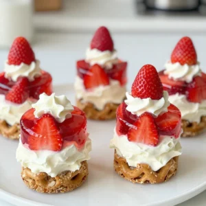 To make Strawberry Pretzel Salad Cups, you need some key ingredients. Here&rsquo;s the full list: - 1 cup finely crushed pretzels - 1/4 cup granulated sugar - 1/2 cup unsalted butter, melted - 8 oz cream cheese, softened - 1 cup powdered sugar, sifted - 1 cup whipped topping - 1 package (6 oz) strawberry-flavored gelatin powder - 2 cups boiling water - 2 cups fresh strawberries, hulled and sliced - 1/2 cup cold water Each ingredient plays a special role in this dessert. The pretzels create a salty and crunchy crust. Sugar adds sweetness and helps bind. Butter gives richness and flavor. Cream cheese brings a smooth, creamy layer. Powdered sugar sweetens that layer perfectly. Whipped topping adds lightness and volume. The gelatin helps the dessert set, while fresh strawberries add natural sweetness and a burst of flavor. Gather these ingredients before starting. It makes the cooking process much easier. Plus, they are all easy to find at any grocery store. {{ingredient_image_2}} - Preheat your oven to 350&deg;F (175&deg;C). - In a medium bowl, mix 1 cup of finely crushed pretzels, 1/4 cup of granulated sugar, and 1/2 cup of melted butter. - Press this mixture firmly into a greased 9x9-inch baking dish. Bake for 10 minutes, then let it cool completely. - In a large bowl, beat 8 oz of softened cream cheese with 1 cup of powdered sugar until smooth. - Next, gently fold in 1 cup of whipped topping until light and fluffy. - Spread this cream cheese mixture evenly over the cooled crust. - In another bowl, dissolve 1 package (6 oz) of strawberry-flavored gelatin in 2 cups of boiling water. - Mix well until it is clear. Then, add 1/2 cup of cold water. - Carefully fold in 2 cups of sliced strawberries until they are well mixed. - Pour this strawberry mixture over the cream cheese layer. - Place the dessert in the refrigerator to chill for at least 4 hours. - Once set, cut into serving sizes. Transfer each piece into dessert cups for easy serving. - For a fun touch, top each cup with a fresh strawberry and a dollop of whipped topping. To make the best pretzel crust, crush the pretzels finely. This helps create a solid base. If the pieces are too big, they won't stick well. Press the mixture firmly into the baking dish. This step ensures even baking. Bake it for ten minutes at 350&deg;F. This gives it a nice golden color. To avoid lumps, beat the cream cheese well. Make sure it is at room temperature. This helps it blend smoothly with the powdered sugar. When mixing, use a gentle folding technique. This keeps the whipped topping fluffy. Fold until fully blended, but don't overmix. You want to keep the light texture. For the best texture, chill your dessert for at least four hours. This allows the gelatin to set properly. If you want thinner layers, use a larger baking dish. This helps the dessert cool evenly. Remember, patience is key for the best results! Pro Tips Perfect Pretzel Crust: Ensure your pretzels are finely crushed for a uniform crust. This will help it hold together better and provide a nice texture. Softening Cream Cheese: For a smooth cream cheese mixture, make sure to let the cream cheese sit at room temperature for at least 30 minutes before mixing. Gelatin Setting Time: Allow the strawberry gelatin to set completely in the refrigerator for at least 4 hours to achieve the best texture and flavor. Serving Suggestions: For a more elegant presentation, consider using clear dessert cups to showcase the layers and adding fresh mint leaves as a garnish. {{image_4}} You can switch out strawberries for other berries. Blueberries and raspberries work well. They add a fresh twist. You can also use seasonal fruits like peaches or mangoes. These fruits bring unique flavors and colors to your cups. If you need a gluten-free dessert, use gluten-free pretzels. You can find many brands that taste great. Make sure to check labels for safe ingredients. You can also adjust the cream cheese layer. Use gluten-free whipped toppings for a complete dish. Want to boost the taste? Add a splash of vanilla extract. This small change makes a big difference. You can also add citrus zest, like lemon or lime. It brightens the dessert and adds a zing. Experiment with these options to find your favorite flavor. To keep your Strawberry Pretzel Salad Cups fresh, store them in the fridge. Use an airtight container to prevent them from drying out. A glass or plastic container works well. Make sure to layer parchment paper between the cups to avoid sticking. Can you freeze Strawberry Pretzel Salad Cups? Yes, you can freeze them. However, I suggest freezing only the pretzel crust. The cream cheese layer and gelatin do not freeze well. To properly freeze, wrap each cup tightly in plastic wrap. Place them in a freezer bag or container. When ready to serve, move them to the fridge overnight to thaw. Enjoy the best flavor by not refreezing them. It takes at least 4 hours for the Strawberry Pretzel Salad Cups to set. The gelatin needs this time to firm up properly. I recommend checking after 4 hours. If it feels soft, let it chill longer. A well-set dessert holds its shape when served. Yes, you can use fresh strawberries. I prefer fresh strawberries for their taste and texture. Just make sure to hull and slice them before adding to your gelatin mixture. Fresh berries add a nice crunch and vibrant flavor to the dessert. You can use homemade whipped cream instead of whipped topping. To do this, beat heavy cream with sugar until soft peaks form. This gives a rich flavor and creamy texture. You can also try Greek yogurt for a lighter option, but it will change the taste slightly. You can make these cups a day ahead. Just prepare the layers and let them chill overnight. This also helps the flavors blend well. If you're short on time, you can prepare the pretzel crust and cream cheese layer in advance. Then, add the gelatin and strawberries on the day you serve. Absolutely! Strawberry Pretzel Salad Cups are perfect for parties. They are fun, colorful, and easy to serve. Plus, they appeal to both kids and adults. You can make a big batch and impress your guests with this tasty treat. This article covered how to make tasty Strawberry Pretzel Salad Cups. You learned about the key ingredients like pretzels, cream cheese, and fresh strawberries. I shared step-by-step instructions for each layer, plus tips to perfect your crust and filling. You also found variations and storage advice to keep it fresh. Try this fun dessert at your next gathering. It&rsquo;s simple and delightful!