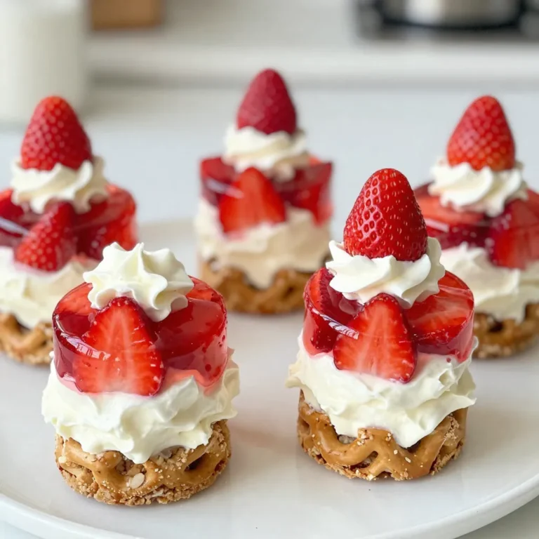 To make Strawberry Pretzel Salad Cups, you need some key ingredients. Here’s the full list: - 1 cup finely crushed pretzels - 1/4 cup granulated sugar - 1/2 cup unsalted butter, melted - 8 oz cream cheese, softened - 1 cup powdered sugar, sifted - 1 cup whipped topping - 1 package (6 oz) strawberry-flavored gelatin powder - 2 cups boiling water - 2 cups fresh strawberries, hulled and sliced - 1/2 cup cold water Each ingredient plays a special role in this dessert. The pretzels create a salty and crunchy crust. Sugar adds sweetness and helps bind. Butter gives richness and flavor. Cream cheese brings a smooth, creamy layer. Powdered sugar sweetens that layer perfectly. Whipped topping adds lightness and volume. The gelatin helps the dessert set, while fresh strawberries add natural sweetness and a burst of flavor. Gather these ingredients before starting. It makes the cooking process much easier. Plus, they are all easy to find at any grocery store. {{ingredient_image_2}} - Preheat your oven to 350°F (175°C). - In a medium bowl, mix 1 cup of finely crushed pretzels, 1/4 cup of granulated sugar, and 1/2 cup of melted butter. - Press this mixture firmly into a greased 9x9-inch baking dish. Bake for 10 minutes, then let it cool completely. - In a large bowl, beat 8 oz of softened cream cheese with 1 cup of powdered sugar until smooth. - Next, gently fold in 1 cup of whipped topping until light and fluffy. - Spread this cream cheese mixture evenly over the cooled crust. - In another bowl, dissolve 1 package (6 oz) of strawberry-flavored gelatin in 2 cups of boiling water. - Mix well until it is clear. Then, add 1/2 cup of cold water. - Carefully fold in 2 cups of sliced strawberries until they are well mixed. - Pour this strawberry mixture over the cream cheese layer. - Place the dessert in the refrigerator to chill for at least 4 hours. - Once set, cut into serving sizes. Transfer each piece into dessert cups for easy serving. - For a fun touch, top each cup with a fresh strawberry and a dollop of whipped topping. To make the best pretzel crust, crush the pretzels finely. This helps create a solid base. If the pieces are too big, they won't stick well. Press the mixture firmly into the baking dish. This step ensures even baking. Bake it for ten minutes at 350°F. This gives it a nice golden color. To avoid lumps, beat the cream cheese well. Make sure it is at room temperature. This helps it blend smoothly with the powdered sugar. When mixing, use a gentle folding technique. This keeps the whipped topping fluffy. Fold until fully blended, but don't overmix. You want to keep the light texture. For the best texture, chill your dessert for at least four hours. This allows the gelatin to set properly. If you want thinner layers, use a larger baking dish. This helps the dessert cool evenly. Remember, patience is key for the best results! Pro Tips Perfect Pretzel Crust: Ensure your pretzels are finely crushed for a uniform crust. This will help it hold together better and provide a nice texture. Softening Cream Cheese: For a smooth cream cheese mixture, make sure to let the cream cheese sit at room temperature for at least 30 minutes before mixing. Gelatin Setting Time: Allow the strawberry gelatin to set completely in the refrigerator for at least 4 hours to achieve the best texture and flavor. Serving Suggestions: For a more elegant presentation, consider using clear dessert cups to showcase the layers and adding fresh mint leaves as a garnish. {{image_4}} You can switch out strawberries for other berries. Blueberries and raspberries work well. They add a fresh twist. You can also use seasonal fruits like peaches or mangoes. These fruits bring unique flavors and colors to your cups. If you need a gluten-free dessert, use gluten-free pretzels. You can find many brands that taste great. Make sure to check labels for safe ingredients. You can also adjust the cream cheese layer. Use gluten-free whipped toppings for a complete dish. Want to boost the taste? Add a splash of vanilla extract. This small change makes a big difference. You can also add citrus zest, like lemon or lime. It brightens the dessert and adds a zing. Experiment with these options to find your favorite flavor. To keep your Strawberry Pretzel Salad Cups fresh, store them in the fridge. Use an airtight container to prevent them from drying out. A glass or plastic container works well. Make sure to layer parchment paper between the cups to avoid sticking. Can you freeze Strawberry Pretzel Salad Cups? Yes, you can freeze them. However, I suggest freezing only the pretzel crust. The cream cheese layer and gelatin do not freeze well. To properly freeze, wrap each cup tightly in plastic wrap. Place them in a freezer bag or container. When ready to serve, move them to the fridge overnight to thaw. Enjoy the best flavor by not refreezing them. It takes at least 4 hours for the Strawberry Pretzel Salad Cups to set. The gelatin needs this time to firm up properly. I recommend checking after 4 hours. If it feels soft, let it chill longer. A well-set dessert holds its shape when served. Yes, you can use fresh strawberries. I prefer fresh strawberries for their taste and texture. Just make sure to hull and slice them before adding to your gelatin mixture. Fresh berries add a nice crunch and vibrant flavor to the dessert. You can use homemade whipped cream instead of whipped topping. To do this, beat heavy cream with sugar until soft peaks form. This gives a rich flavor and creamy texture. You can also try Greek yogurt for a lighter option, but it will change the taste slightly. You can make these cups a day ahead. Just prepare the layers and let them chill overnight. This also helps the flavors blend well. If you're short on time, you can prepare the pretzel crust and cream cheese layer in advance. Then, add the gelatin and strawberries on the day you serve. Absolutely! Strawberry Pretzel Salad Cups are perfect for parties. They are fun, colorful, and easy to serve. Plus, they appeal to both kids and adults. You can make a big batch and impress your guests with this tasty treat. This article covered how to make tasty Strawberry Pretzel Salad Cups. You learned about the key ingredients like pretzels, cream cheese, and fresh strawberries. I shared step-by-step instructions for each layer, plus tips to perfect your crust and filling. You also found variations and storage advice to keep it fresh. Try this fun dessert at your next gathering. It’s simple and delightful!
