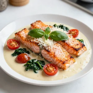 For this dish, you need: - 4 salmon fillets (about 6 oz each) - Salt and pepper, to taste - 2 tablespoons extra virgin olive oil Start with fresh salmon. I like to choose skin-on fillets for added flavor. Season the salmon with salt and pepper on both sides. This simple step boosts the taste and makes each bite delicious. The creamy sauce brings everything together. You will need: - 3 cloves garlic, finely minced - 1 cup cherry tomatoes, halved - 1 cup heavy cream - &frac12; cup freshly grated Parmesan cheese - 1 teaspoon Italian seasoning The garlic adds a lovely aroma. Use fresh garlic for the best flavor. Cherry tomatoes bring sweetness and acidity. Heavy cream gives the sauce its rich texture. Parmesan cheese adds depth, and Italian seasoning brings a hint of herbs that ties the dish together. Don't forget about the greens! Here&rsquo;s what you need: - 1 cup fresh baby spinach - Fresh basil leaves, for garnish The spinach adds color and nutrition. It wilts quickly and mixes well with the sauce. Use fresh basil leaves as a garnish. They provide a pop of color and a burst of fresh flavor. {{ingredient_image_2}} First, take your salmon fillets. Season both sides with salt and pepper. This adds flavor. Next, heat 2 tablespoons of olive oil in a large skillet. Place it over medium-high heat until it shimmers. Then, gently place the fillets skin-side down in the hot skillet. Sear the salmon for about 4-5 minutes on each side. You want it to be opaque and flake easily with a fork. Once done, remove the salmon from the skillet and set it aside on a platter. In the same skillet, lower the heat slightly. Add 3 cloves of finely minced garlic and saut&eacute; for about 1 minute. You will smell a fragrant aroma. Be careful not to burn the garlic; it can turn bitter. Next, add 1 cup of halved cherry tomatoes to the skillet. Cook for about 2-3 minutes, stirring occasionally. You want them to soften and release their juices. Then, toss in 1 cup of fresh baby spinach. Stir until it wilts, which should take about 1 minute. Now, slowly pour in 1 cup of heavy cream, mixing it well. Sprinkle in &frac12; cup of freshly grated Parmesan cheese. Stir until the cheese melts and the sauce thickens, about 3-4 minutes. Add 1 teaspoon of Italian seasoning, then taste the sauce. Adjust salt and pepper as needed. Gently return the salmon fillets to the skillet. Spoon the creamy sauce over each piece. Let the salmon simmer in the sauce for a couple of minutes. This warms it through. Serve immediately while hot. For a pop of color and flavor, garnish with fresh basil leaves. Enjoy your meal! To make the best salmon, start with fresh fillets. Look for bright color and no fishy smell. Pat the fillets dry with a paper towel. This helps the skin crisp up. Season both sides well with salt and pepper. This simple step adds great taste. Heat olive oil in a skillet until it shimmers. Place the salmon skin-side down. Cook for 4-5 minutes on each side. You want it golden brown and flaky. Avoid moving the salmon too much. This helps it sear nicely. For the sauce, use fresh garlic for a strong flavor. Saut&eacute; it in the same skillet after cooking the salmon. This adds depth to the sauce. When adding cherry tomatoes, let them soften. This releases their sweetness into the sauce. Don&rsquo;t rush when adding heavy cream. Pour it in gradually. This keeps the sauce silky. Stir in freshly grated Parmesan cheese, which makes it rich. Taste the sauce before serving. Adjust salt or pepper to fit your taste. Presentation makes a meal special. Place the salmon on a generous spoonful of sauce. This shows off the creamy texture. Garnish with halved cherry tomatoes for color. Add fresh basil leaves on top for a pop of green. Serve with crusty bread or pasta. This makes the meal hearty. A well-plated dish looks inviting and tastes better. Enjoy the compliments from your guests! Pro Tips Fresh Ingredients: Use fresh salmon and organic spinach for the best flavor and texture. Fresh ingredients elevate any dish and make a noticeable difference in taste. Perfectly Cooked Salmon: To ensure your salmon is cooked perfectly, use a meat thermometer. The internal temperature should reach 145&deg;F (63&deg;C) for safe consumption. Customize the Cream: Feel free to add a splash of white wine or lemon juice to the cream sauce for added acidity and depth of flavor. It complements the salmon beautifully. Make Ahead: You can prepare the creamy sauce ahead of time and store it in the refrigerator. Just reheat gently and add the salmon when ready to serve for a quick meal. {{image_4}} You can swap salmon for other proteins. Chicken breasts work well. Just cook them for a bit longer. Shrimp is another great choice. They cook fast and soak up the sauce nicely. For a leaner option, use white fish like cod. Adjust the cooking time to ensure it's fully cooked. You can make this dish vegetarian! Replace salmon with firm tofu or tempeh. Cut them into thick slices and pan-fry until golden. Use vegetable broth instead of cream for a lighter sauce. Add more spinach and other veggies like bell peppers or zucchini for extra flavor. To boost flavor, add a splash of lemon juice. This brightens the dish beautifully. You can also mix in some sun-dried tomatoes for a deeper taste. Fresh herbs like thyme or oregano add a nice touch. For a spicy kick, sprinkle in red pepper flakes. Adjust these flavors to fit your taste. After enjoying your creamy Tuscan salmon, store leftovers in a sealed container. Make sure to place the salmon and sauce together. This keeps the fish moist and flavorful. Store it in the fridge for up to three days. If you want to enjoy it later, follow the freezing guidelines below. When it&rsquo;s time to reheat, avoid the microwave if you can. Microwaving can dry out salmon. Instead, heat it gently on the stove. Place the salmon in a skillet over low heat. Add a splash of cream or broth to keep it moist. Heat for about five minutes, or until warmed through. You can also use the oven. Preheat it to 350&deg;F (175&deg;C). Place the salmon in an oven-safe dish, cover with foil, and heat for about 10-15 minutes. If you want to freeze the creamy Tuscan salmon, do it right after cooking. Let it cool completely before freezing. Place the salmon and sauce in an airtight container or freezer bag. Squeeze out as much air as possible to prevent freezer burn. The salmon can last in the freezer for about two months. When you&rsquo;re ready to eat, thaw it overnight in the fridge. Reheat as mentioned above to enjoy it again. You can serve this dish with many sides. Here are some great options: - Crusty bread - Garlic bread - Pasta - Rice - Quinoa - Steamed vegetables Each choice adds a nice touch. Crusty bread helps soak up the creamy sauce. Pasta or rice makes the meal heartier. Yes, you can use different fish. Here are good substitutes: - Trout - Mahi-mahi - Tilapia - Cod These fish have mild flavors. They cook well in the creamy sauce. Just adjust the cooking time as needed. To serve more people, double or triple the ingredients. Here&rsquo;s how: - Use 8 salmon fillets for 8 servings. - Increase heavy cream and Parmesan cheese. - Make sure your skillet is large enough. Cook in batches if needed. This way, you keep the flavors strong and fresh. This blog post covered how to make creamy Tuscan salmon, from ingredients to serving. You learned about key components like fresh salmon, a rich sauce, and veggies. I shared step-by-step instructions for prep, cooking, and serving. Tips helped you perfect your dish, while variations opened options for different tastes. Storing and reheating guidelines ensure you enjoy leftovers. Cooking at home can be fun and rewarding, so dive in and create your own delicious meal!