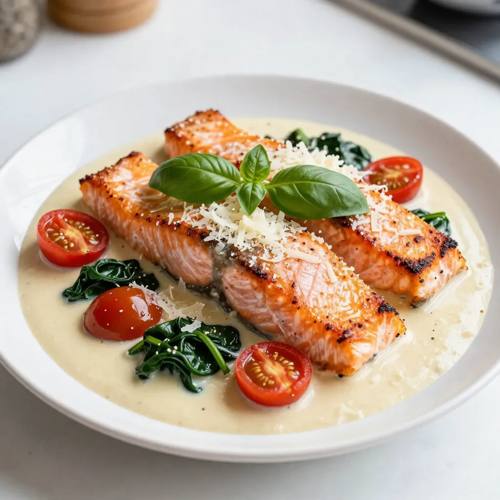 For this dish, you need: - 4 salmon fillets (about 6 oz each) - Salt and pepper, to taste - 2 tablespoons extra virgin olive oil Start with fresh salmon. I like to choose skin-on fillets for added flavor. Season the salmon with salt and pepper on both sides. This simple step boosts the taste and makes each bite delicious. The creamy sauce brings everything together. You will need: - 3 cloves garlic, finely minced - 1 cup cherry tomatoes, halved - 1 cup heavy cream - &frac12; cup freshly grated Parmesan cheese - 1 teaspoon Italian seasoning The garlic adds a lovely aroma. Use fresh garlic for the best flavor. Cherry tomatoes bring sweetness and acidity. Heavy cream gives the sauce its rich texture. Parmesan cheese adds depth, and Italian seasoning brings a hint of herbs that ties the dish together. Don't forget about the greens! Here&rsquo;s what you need: - 1 cup fresh baby spinach - Fresh basil leaves, for garnish The spinach adds color and nutrition. It wilts quickly and mixes well with the sauce. Use fresh basil leaves as a garnish. They provide a pop of color and a burst of fresh flavor. {{ingredient_image_2}} First, take your salmon fillets. Season both sides with salt and pepper. This adds flavor. Next, heat 2 tablespoons of olive oil in a large skillet. Place it over medium-high heat until it shimmers. Then, gently place the fillets skin-side down in the hot skillet. Sear the salmon for about 4-5 minutes on each side. You want it to be opaque and flake easily with a fork. Once done, remove the salmon from the skillet and set it aside on a platter. In the same skillet, lower the heat slightly. Add 3 cloves of finely minced garlic and saut&eacute; for about 1 minute. You will smell a fragrant aroma. Be careful not to burn the garlic; it can turn bitter. Next, add 1 cup of halved cherry tomatoes to the skillet. Cook for about 2-3 minutes, stirring occasionally. You want them to soften and release their juices. Then, toss in 1 cup of fresh baby spinach. Stir until it wilts, which should take about 1 minute. Now, slowly pour in 1 cup of heavy cream, mixing it well. Sprinkle in &frac12; cup of freshly grated Parmesan cheese. Stir until the cheese melts and the sauce thickens, about 3-4 minutes. Add 1 teaspoon of Italian seasoning, then taste the sauce. Adjust salt and pepper as needed. Gently return the salmon fillets to the skillet. Spoon the creamy sauce over each piece. Let the salmon simmer in the sauce for a couple of minutes. This warms it through. Serve immediately while hot. For a pop of color and flavor, garnish with fresh basil leaves. Enjoy your meal! To make the best salmon, start with fresh fillets. Look for bright color and no fishy smell. Pat the fillets dry with a paper towel. This helps the skin crisp up. Season both sides well with salt and pepper. This simple step adds great taste. Heat olive oil in a skillet until it shimmers. Place the salmon skin-side down. Cook for 4-5 minutes on each side. You want it golden brown and flaky. Avoid moving the salmon too much. This helps it sear nicely. For the sauce, use fresh garlic for a strong flavor. Saut&eacute; it in the same skillet after cooking the salmon. This adds depth to the sauce. When adding cherry tomatoes, let them soften. This releases their sweetness into the sauce. Don&rsquo;t rush when adding heavy cream. Pour it in gradually. This keeps the sauce silky. Stir in freshly grated Parmesan cheese, which makes it rich. Taste the sauce before serving. Adjust salt or pepper to fit your taste. Presentation makes a meal special. Place the salmon on a generous spoonful of sauce. This shows off the creamy texture. Garnish with halved cherry tomatoes for color. Add fresh basil leaves on top for a pop of green. Serve with crusty bread or pasta. This makes the meal hearty. A well-plated dish looks inviting and tastes better. Enjoy the compliments from your guests! Pro Tips Fresh Ingredients: Use fresh salmon and organic spinach for the best flavor and texture. Fresh ingredients elevate any dish and make a noticeable difference in taste. Perfectly Cooked Salmon: To ensure your salmon is cooked perfectly, use a meat thermometer. The internal temperature should reach 145&deg;F (63&deg;C) for safe consumption. Customize the Cream: Feel free to add a splash of white wine or lemon juice to the cream sauce for added acidity and depth of flavor. It complements the salmon beautifully. Make Ahead: You can prepare the creamy sauce ahead of time and store it in the refrigerator. Just reheat gently and add the salmon when ready to serve for a quick meal. {{image_4}} You can swap salmon for other proteins. Chicken breasts work well. Just cook them for a bit longer. Shrimp is another great choice. They cook fast and soak up the sauce nicely. For a leaner option, use white fish like cod. Adjust the cooking time to ensure it's fully cooked. You can make this dish vegetarian! Replace salmon with firm tofu or tempeh. Cut them into thick slices and pan-fry until golden. Use vegetable broth instead of cream for a lighter sauce. Add more spinach and other veggies like bell peppers or zucchini for extra flavor. To boost flavor, add a splash of lemon juice. This brightens the dish beautifully. You can also mix in some sun-dried tomatoes for a deeper taste. Fresh herbs like thyme or oregano add a nice touch. For a spicy kick, sprinkle in red pepper flakes. Adjust these flavors to fit your taste. After enjoying your creamy Tuscan salmon, store leftovers in a sealed container. Make sure to place the salmon and sauce together. This keeps the fish moist and flavorful. Store it in the fridge for up to three days. If you want to enjoy it later, follow the freezing guidelines below. When it&rsquo;s time to reheat, avoid the microwave if you can. Microwaving can dry out salmon. Instead, heat it gently on the stove. Place the salmon in a skillet over low heat. Add a splash of cream or broth to keep it moist. Heat for about five minutes, or until warmed through. You can also use the oven. Preheat it to 350&deg;F (175&deg;C). Place the salmon in an oven-safe dish, cover with foil, and heat for about 10-15 minutes. If you want to freeze the creamy Tuscan salmon, do it right after cooking. Let it cool completely before freezing. Place the salmon and sauce in an airtight container or freezer bag. Squeeze out as much air as possible to prevent freezer burn. The salmon can last in the freezer for about two months. When you&rsquo;re ready to eat, thaw it overnight in the fridge. Reheat as mentioned above to enjoy it again. You can serve this dish with many sides. Here are some great options: - Crusty bread - Garlic bread - Pasta - Rice - Quinoa - Steamed vegetables Each choice adds a nice touch. Crusty bread helps soak up the creamy sauce. Pasta or rice makes the meal heartier. Yes, you can use different fish. Here are good substitutes: - Trout - Mahi-mahi - Tilapia - Cod These fish have mild flavors. They cook well in the creamy sauce. Just adjust the cooking time as needed. To serve more people, double or triple the ingredients. Here&rsquo;s how: - Use 8 salmon fillets for 8 servings. - Increase heavy cream and Parmesan cheese. - Make sure your skillet is large enough. Cook in batches if needed. This way, you keep the flavors strong and fresh. This blog post covered how to make creamy Tuscan salmon, from ingredients to serving. You learned about key components like fresh salmon, a rich sauce, and veggies. I shared step-by-step instructions for prep, cooking, and serving. Tips helped you perfect your dish, while variations opened options for different tastes. Storing and reheating guidelines ensure you enjoy leftovers. Cooking at home can be fun and rewarding, so dive in and create your own delicious meal!