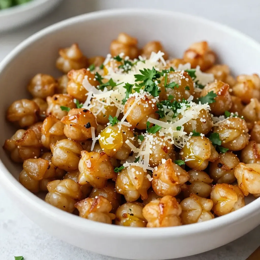 To make Garlic Parmesan Roasted Chickpeas, you will need simple and tasty ingredients. Here’s what to gather: - 2 cans (15 oz each) chickpeas, well-drained - 3 tablespoons extra virgin olive oil - 4 cloves garlic, finely minced - 1 teaspoon onion powder - 1 teaspoon smoky paprika - ½ teaspoon sea salt - ¼ teaspoon freshly ground black pepper - ½ cup finely grated Parmesan cheese - Fresh parsley, finely chopped (for garnish) These ingredients come together to create a crunchy snack that excites your taste buds. Each component plays a key role in building flavor. The chickpeas provide a hearty base. Olive oil gives richness, while garlic adds a punch. The spices bring warmth and depth. Parmesan cheese finishes the dish with a savory touch. Finally, parsley adds a fresh look and taste. When you gather these ingredients, make sure they are fresh. Quality matters for flavor. You can find chickpeas in any grocery store. Choose good olive oil for the best taste. And don’t forget to have fun while cooking! {{ingredient_image_2}} Start by preheating your oven to 400°F (200°C). This heat is key for a great crunch. Next, line a baking sheet with parchment paper. This makes cleanup easy and helps the chickpeas roast well. After draining and rinsing the chickpeas, spread them on a clean towel. Pat them dry gently. This step is very important. If they are wet, they will steam instead of roast. A dry chickpea gives you the best crunch. In a large bowl, combine the dried chickpeas with olive oil, minced garlic, onion powder, smoky paprika, sea salt, and black pepper. Mix it well to coat each chickpea evenly. Each bite should burst with flavor. Spread the seasoned chickpeas in a single layer on the prepared baking sheet. It’s key not to crowd them. Place the baking sheet in the oven and roast for 25-30 minutes. Halfway, shake the pan to help them cook evenly. Look for a crispy texture and golden color. Once you take the chickpeas out of the oven, sprinkle the grated Parmesan on top while they are hot. This helps the cheese melt and stick well. Toss gently to coat every chickpea with that cheesy goodness. Put the baking sheet back in the oven for another 5-7 minutes. This allows the cheese to melt and turn golden. After baking, let the chickpeas cool for a few minutes. Then, transfer them to a serving bowl. For a fresh touch, sprinkle some chopped parsley on top. Enjoy the crunchy snack! To get the best crunch, start with dry chickpeas. After draining and rinsing, lay them on a towel. Pat them dry well. This helps keep them from steaming in the oven. Spread them out on the baking sheet with space in between. If they are too close, they won’t roast properly. Shake the pan halfway through cooking. This lets all sides get nice and crispy. The garlic and Parmesan are key, but you can add more. Try a pinch of cayenne for heat. A dash of lemon juice adds zest. If you love herbs, mix in dried oregano or thyme. These will make your chickpeas even more tasty. Experiment with your favorite spices to find your perfect blend. For a rustic feel, use a simple bowl. Add the chickpeas right after they cool. Drizzle a little olive oil on top for shine. A sprinkle of fresh parsley brightens the dish. You can also serve these chickpeas in small cups for easy snacking. They are great alone or as a salad topping, adding crunch to your meal. Pro Tips Dry Chickpeas Thoroughly: Make sure to pat the chickpeas dry well after rinsing. This step is crucial for achieving maximum crunch during roasting. Use Fresh Garlic: Freshly minced garlic will provide a more robust flavor compared to pre-minced options. The aromatic punch is worth the extra effort! Experiment with Spices: Don’t hesitate to customize the seasoning to your taste. Try adding cayenne pepper for heat or Italian herbs for a different flavor profile. Check for Doneness: Oven temperatures can vary, so keep an eye on your chickpeas towards the end of roasting. They should be golden brown and crunchy when done. {{image_4}} Want some heat? Add spice to your Garlic Parmesan Roasted Chickpeas! Mix in 1 teaspoon of cayenne pepper or chili powder. This will give a nice kick. If you love heat, feel free to add more. The spicy flavor pairs well with garlic and cheese. You'll enjoy the added zest! For a fresh twist, try adding herbs. Mix in 1 tablespoon of dried herbs like oregano or thyme. You can also use fresh herbs if you have them. This will enhance the flavor and aroma. It adds a nice garden touch to your crunchy snack. Experiment with your favorite herbs for more fun! Parmesan cheese is great, but why stop there? You can use other cheeses too! Try Pecorino Romano for a sharper taste. If you like a creamier texture, use mozzarella. For a smoky flavor, opt for smoked Gouda. Each cheese brings a new flavor, and you can mix them too! Get creative and enjoy your unique snack! After you enjoy your Garlic Parmesan roasted chickpeas, store any leftovers in an airtight container. This helps keep them fresh and crunchy. Let the chickpeas cool completely before sealing them up. Store them in the fridge for up to three days. If you notice they lose some crunch, don’t worry! There are ways to bring them back. To reheat your chickpeas, spread them on a baking sheet. Preheat your oven to 400°F (200°C). Roast them for about 5-10 minutes. This helps them regain their crispy texture. Keep an eye on them to avoid burning. If you want, you can also toss them in a pan over medium heat for a few minutes. You can freeze leftover chickpeas for later use. Place them in a freezer-safe bag or container. They will stay good for up to three months. When you’re ready to eat them, thaw them in the fridge. Then, reheat them in the oven as mentioned above. Just remember that freezing may change their texture slightly. They might not be as crunchy as fresh ones, but they will still taste great! Yes, you can use dried chickpeas. First, soak them overnight in water. Then, cook them until soft. Canned chickpeas save time, but dried ones add a unique taste. When the chickpeas turn golden brown and feel crispy, they are done. Halfway through, shake the pan. This helps them roast evenly. Keep an eye on them to avoid burning. These chickpeas are great as a snack. You can also use them as a salad topping. They pair well with dips or hummus. Try them alongside your favorite drinks for an extra crunch. Yes! You can use nutritional yeast for a vegan option. Grated pecorino cheese also works well. If you like a strong flavor, try aged gouda. Each option offers a tasty twist. This blog post shared a simple recipe for Garlic Parmesan Roasted Chickpeas. We explored the key ingredients, step-by-step instructions, and helpful tips to get that perfect crunch. Variations allow for personal flair, while proper storage keeps leftovers fresh. In the end, making these chickpeas is easy and fun. You can enjoy them alone or with your meals. I encourage you to try this yummy snack!
