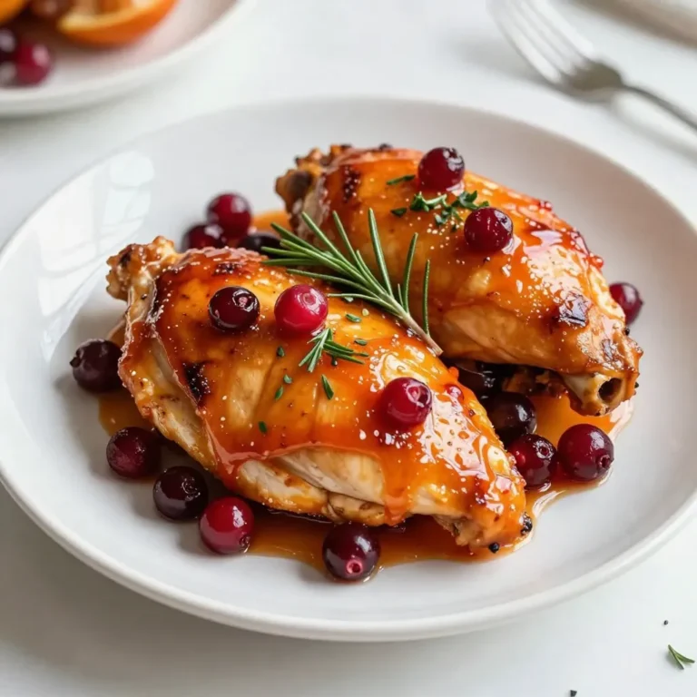 - 4 boneless, skinless chicken breasts - 1 cup fresh or frozen cranberries - 1/2 cup freshly squeezed orange juice - Zest of 1 medium orange - 1/4 cup pure honey - 2 tablespoons extra virgin olive oil - 1 teaspoon garlic powder - 1 teaspoon onion powder - Salt and freshly cracked black pepper to taste - Optional garnish: 1 tablespoon chopped fresh rosemary To make the perfect cranberry orange glazed chicken, gather these ingredients. You need chicken breasts as your main protein. The cranberries will add a sweet-tart flavor. Orange juice and zest will bring freshness and brightness. Honey will balance the tartness with its sweetness. Use olive oil for cooking and flavor. Garlic powder and onion powder give depth to the chicken. Finally, salt and pepper enhance all these flavors. If you want, add rosemary for a nice touch at the end. This list keeps things simple. Each ingredient plays a crucial role in making this dish taste great. When you follow this list, you set yourself up for a flavorful dinner delight! {{ingredient_image_2}} Set your oven to 375°F (190°C). This step ensures even cooking and a perfect finish. In a medium saucepan, combine: - 1 cup fresh or frozen cranberries - 1/2 cup freshly squeezed orange juice - Zest of 1 medium orange - 1/4 cup pure honey Cook over medium heat. Stir occasionally for about 5-7 minutes. You’ll know it’s ready when the cranberries pop and the mix thickens into a glaze. Take your 4 boneless, skinless chicken breasts. Season both sides with: - 1 teaspoon garlic powder - 1 teaspoon onion powder - Salt and freshly cracked black pepper to taste This step adds great flavor to your chicken. In an oven-safe skillet, heat 2 tablespoons of extra virgin olive oil over medium-high heat. Once hot, add your seasoned chicken breasts. Sear for 4-5 minutes on each side. Look for a nice golden brown color. After searing, pour the cranberry-orange glaze over the chicken. Make sure to coat each piece well. Then, transfer the skillet to the preheated oven. Bake for about 25-30 minutes. The chicken should reach an internal temperature of 165°F (75°C). Once done baking, remove the skillet from the oven. Let the chicken rest for 5 minutes. This helps keep the juices inside. Before serving, drizzle any leftover glaze from the pan over the chicken. If you like, garnish with chopped fresh rosemary for a pop of color and taste. To make sure your chicken is perfect, use a meat thermometer. Insert it into the thickest part of the chicken breast. You want it to read 165°F (75°C). This tells you the chicken is safe to eat. No one likes dry chicken, so check it often. If you don’t have a thermometer, cut into the chicken. The juices should run clear, not pink. The glaze is key to this dish. If you want it sweeter, add more honey. For more tang, add extra orange juice. You can also mix in a splash of balsamic vinegar for depth. Taste as you go! This lets you find the right balance for your palate. For sides, roasted vegetables work well. They bring out the flavors of the chicken. A fresh green salad adds a nice crunch. You can also serve the chicken with rice or quinoa for a hearty meal. For drinks, try a light white wine. A sparkling water with lemon is refreshing too. These pair nicely with the cranberry-orange flavors. Pro Tips Use Fresh Ingredients: Opt for fresh cranberries and freshly squeezed orange juice for the best flavor in your glaze. Fresh ingredients can elevate the overall taste of the dish. Perfect Searing: Ensure your skillet is hot enough before adding the chicken. A good sear locks in moisture and creates a delicious crust that enhances the texture. Rest the Chicken: Allow the chicken to rest after baking. This step helps redistribute the juices within the meat, resulting in a juicier and more flavorful bite. Customize the Glaze: Feel free to add spices or herbs, such as thyme or ginger, to the glaze for a unique twist. Experimenting can lead to exciting flavor combinations. {{image_4}} You can switch up the flavors in your cranberry orange glazed chicken. Try using different fruit juices. Pineapple juice adds a tropical twist. Apple juice gives a milder sweetness. You can also change the sweetener. Maple syrup or agave nectar works well. They both add unique flavors. You can even use brown sugar if you want more depth. You can grill the chicken for a smoky flavor. Marinate the chicken in the glaze for an hour before grilling. Cook over medium heat for about 6-7 minutes on each side. This keeps the chicken juicy. Slow-cooking is another great option. Place the seasoned chicken in a slow cooker with the glaze. Cook on low for 4-6 hours. This method makes the chicken tender and full of flavor. Making this recipe gluten-free is easy. Use gluten-free soy sauce or tamari in the glaze. For low-carb options, skip the honey. Instead, use a sugar substitute like erythritol. This keeps the dish sweet without the carbs. You can also serve it over cauliflower rice for a healthy twist. To store leftover cranberry orange glazed chicken, let it cool first. Place the chicken in an airtight container. Cover it tightly to keep moisture in. You can refrigerate it for up to three days. If you want to keep it longer, freeze it. Wrap the chicken well in plastic wrap, then place it in a freezer-safe bag. This way, it can last up to three months. When reheating chicken, we want to keep it moist and tasty. The best way is to use the oven. Preheat the oven to 350°F (175°C). Place the chicken in a baking dish and add a bit of water or broth. Cover it with foil to keep the steam in. Heat for about 15-20 minutes. If you prefer using a microwave, heat it in short bursts. Cover it with a damp paper towel to avoid drying out the meat. Stored properly, you can eat the chicken for three days if refrigerated. If frozen, it stays safe for three months. However, for the best taste and quality, try to eat it within one month. Always check for any off smells or changes in texture before eating leftovers. Safety is key! Yes, you can use chicken thighs instead of breasts. Thighs have more fat, which makes them juicy. They also add a rich flavor to the dish. Just make sure to adjust the cooking time. Thighs will take a bit longer, about 30-35 minutes in the oven. Always check for an internal temperature of 165°F (75°C) to ensure they are safe to eat. I love pairing this dish with fresh sides. Here are some great options: - Steamed green beans - Roasted Brussels sprouts - Mashed potatoes - Quinoa salad - A light green salad with vinaigrette These sides balance the flavors and create a colorful plate. To check if the chicken is done, look for a few signs besides using a thermometer. The chicken should be golden brown and firm to the touch. If you make a small cut, the juices should run clear, not pink. Always ensure the internal temperature is 165°F (75°C) for safety. Let the chicken rest for a few minutes before slicing. This helps keep it juicy and tender. This blog post provides a simple guide for making Cranberry Orange Glazed Chicken. You learned about the key ingredients and how each step leads to juicy, flavorful chicken. Key tips ensure success, while variations let you customize the dish. Proper storage and reheating keep leftovers fresh and tasty. I hope you feel confident to try this recipe. Enjoy experimenting and impressing your family with a delicious meal!