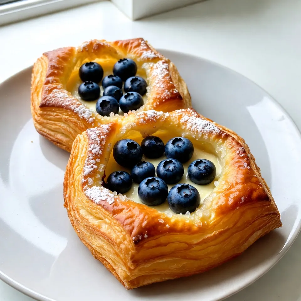 - 1 sheet of puff pastry, thawed - 4 oz cream cheese, softened to room temperature - 1/3 cup powdered sugar - 1 teaspoon pure vanilla extract - 1 cup fresh blueberries, rinsed and drained - 1 tablespoon fresh lemon juice - 1 egg, beaten (for egg wash) - 1 tablespoon coarse sugar (for topping) You can swap ingredients in this recipe. For cream cheese, try Greek yogurt or mascarpone. If you want a different berry, use raspberries or strawberries. You can even use a different pastry, like phyllo dough, for a flakier texture. Measuring ingredients correctly is key. Use a kitchen scale for the best accuracy. If you use cups, spoon the ingredient into the cup and level it off. This keeps the amounts consistent and helps your Danishes turn out great every time. {{ingredient_image_2}} Set your oven to 400°F (200°C). While it heats, line a baking sheet with parchment paper. This keeps the Danishes from sticking. Take the thawed puff pastry and place it on a floured surface. Roll it out gently to remove creases and make it a bit larger. Use a sharp knife to cut the pastry into 4 equal squares. In a medium bowl, mix together 4 oz of softened cream cheese, 1/3 cup of powdered sugar, and 1 teaspoon of vanilla extract. Blend until smooth and creamy, ensuring no lumps remain. Spoon a generous tablespoon of the cream cheese mixture into the center of each pastry square. Leave space around the edges for folding. Brush the corners of each pastry square with beaten egg. Fold them towards the center to form a pocket, pinching the edges lightly to seal. Bake for 15-20 minutes until golden and puffed. Watch closely to avoid over-baking. Once baked, let the Danishes cool for a few minutes on the baking sheet. This helps them set before you move them to a serving platter. Enjoy these treats warm for the best taste! To get the best puff and flakiness, start with cold puff pastry. It helps create layers. When rolling it out, use a light touch. Don't press too hard; you want air to stay inside. Cut your pastry into squares, but don’t worry about perfection. Each piece will still puff beautifully. For a smooth cream cheese filling, make sure your cream cheese is at room temperature. This helps it mix well. Use a hand mixer or a spatula to blend in powdered sugar and vanilla. Mix until it’s creamy and free of lumps. A smooth filling is key to a great Danish. Baking time is crucial. Keep your oven at 400°F (200°C) for even browning. Check your Danishes after 15 minutes. They should turn golden brown and puff up nicely. If they look pale, give them a few extra minutes. Watch closely to prevent over-baking, as this can ruin their flaky texture. Pro Tips Keep the Pastry Cold: Ensure your puff pastry remains cold before baking. This helps achieve the desired flakiness and puffiness during baking. Use Fresh Ingredients: Opt for fresh blueberries and high-quality cream cheese for the best flavor and texture in your Danishes. Experiment with Flavors: Feel free to add spices like cinnamon or nutmeg to the cream cheese mixture for an extra layer of flavor. Store Properly: If you have leftovers, store them in an airtight container in the refrigerator. Reheat briefly in the oven for optimal texture. {{image_4}} You can switch up the fruit to make this recipe even more fun. Strawberries, raspberries, and mixed berries all work great. Strawberries add a sweet twist. Raspberries give a nice tart flavor. Mixed berries add a burst of colors and tastes. Just make sure to rinse and drain the fruit well. Toss them in lemon juice to brighten their taste. This will keep your Danishes fresh and flavorful. Want to add some zing to the cream cheese filling? Try adding lemon zest for a citrus kick. Almond extract can give a warm, nutty flavor. You can also add spices like cinnamon or nutmeg for a cozy touch. Just mix any of these into your cream cheese mixture. This small change adds a lot of depth to your Danishes. You can even make a savory version of these Danishes. Instead of sweet cream cheese, try using goat cheese or ricotta. Add herbs like chives or thyme for flavor. You can also place cooked spinach or sautéed mushrooms inside. This turns your Danish into a tasty appetizer or snack. Explore these options to surprise your guests! To keep your Blueberry Cream Cheese Danishes fresh, place them in an airtight container. If you have leftovers, refrigerate them for up to three days. For longer storage, you can freeze them. Wrap each Danish in plastic wrap and place them in a freezer bag. They can last up to three months in the freezer. Just remember to label the bag with the date. When you're ready to enjoy your Danishes again, preheat your oven to 350°F (175°C). Place the Danishes on a baking sheet. Heat them for about 10-15 minutes. This will help restore their flaky texture and warm the filling. Avoid using the microwave, as it can make them soggy. Freshly baked Danishes taste best within two days. After that, the quality may decline. If you store them properly, they will still be good for up to three days in the fridge. If frozen, they can maintain their taste for three months. Just make sure to reheat them well to enjoy the best flavor. Yes, you can use frozen blueberries. Frozen blueberries save time and make this recipe easy. Here are some benefits and things to keep in mind: - Frozen blueberries will still taste great in the Danish. - They may release more juice than fresh ones, adding flavor. - Thaw them first and drain excess liquid. This helps avoid soggy pastries. Making puff pastry from scratch is fun but takes time. Here’s a simple way: 1. Ingredients: You need flour, butter, salt, and water. 2. Mix: Combine flour and salt in a bowl. 3. Cut Butter: Add cold, diced butter into the flour. 4. Mix Water: Gradually add cold water until it forms a dough. 5. Fold: Roll out the dough, fold it several times, then chill. This process creates layers, giving you flaky texture. Yes, you can prepare these Danishes ahead of time. Here are some tips: - Make the Filling: You can mix the cream cheese filling a day before. - Assemble Early: Assemble the Danishes, cover them, and place in the fridge. - Bake Fresh: Bake them right before serving for the best taste. This keeps the pastries fresh and flaky! We explored how to make scrumptious blueberry Danishes using puff pastry and cream cheese. You learned about ingredient choices, precise measurements, and baking steps. Remember, you can use different fruits or flavors to make it your own. Storing and reheating tips ensure you enjoy every bite. Embrace the fun of baking and experiment with variations. Your kitchen can create delightful treats that impress friends and family. Enjoy the process and the tasty results that follow!