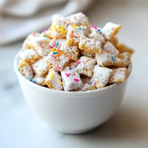 - 6 cups rice Chex cereal - 1 cup white chocolate chips - 1/4 cup creamy peanut butter - 1 cup powdered sugar - 1/4 cup granulated sugar - 1/4 cup colorful rainbow sprinkles - 1/2 teaspoon almond extract - A pinch of salt Each ingredient plays a key role in making Sugar Cookie Puppy Chow a hit. The rice Chex cereal gives the treat its crunch. White chocolate chips create a sweet, creamy base. Creamy peanut butter binds it all together, adding richness. The powdered and granulated sugars coat the cereal, giving it a sweet crunch. Rainbow sprinkles add a fun look and extra texture. Almond extract boosts the flavor, making it taste like a cookie. A pinch of salt rounds out the sweetness, giving balance. This mix of ingredients makes for a delightful snack. It's perfect for parties, gifts, or just a treat for yourself. Each bite brings a blend of flavors that will keep you coming back for more. {{ingredient_image_2}} Start by adding 6 cups of rice Chex cereal to a large mixing bowl. This will be the base of your puppy chow. Make sure to set the bowl aside for later. Next, take a microwave-safe bowl. Combine 1 cup of white chocolate chips and 1/4 cup of creamy peanut butter. Microwave this mixture in 30-second intervals. Stir well after each interval. Keep heating until it melts and looks smooth, usually taking about 1 to 2 minutes. Once melted, add 1/2 teaspoon of almond extract and a pinch of salt to the bowl. This will enhance the flavor. Carefully pour this melted mixture over the rice Chex cereal. Use a spatula to fold it in gently. Make sure every piece of cereal gets coated. In a separate bowl, mix 1 cup of powdered sugar and 1/4 cup of granulated sugar until well blended. Now, transfer the coated cereal into a large zip-top bag. Add the sugar mixture to the bag and seal it tightly. Shake the bag gently. This will coat the cereal well with the sweet sugar mix. Now it's time to make it fun! Fold in 1/4 cup of colorful rainbow sprinkles. This adds a festive crunch to your puppy chow. Finally, spread the mixture onto a baking sheet lined with parchment paper. Let it cool and set completely before serving. To melt chocolate and peanut butter, use a microwave-safe bowl. Combine white chocolate chips and creamy peanut butter in this bowl. Heat in 30-second bursts, stirring well after each. This helps avoid clumps. If you rush the process, the mixture may burn or seize. Stirring often ensures a smooth blend. For an even sugar coating, use a zip-top bag. Place the coated cereal in the bag with the sugar mixture. Seal the bag tightly. Then, shake gently. This method ensures each piece gets coated evenly. If you notice spots without sugar, give it another gentle shake. To make your puppy chow look festive, serve it in small cups or jars. Top each cup with extra rainbow sprinkles. This adds color and charm. You can also arrange it on a nice platter. A beautiful presentation makes your treat stand out at parties! Pro Tips Use High-Quality Chocolate: Opt for premium white chocolate chips for a smoother and richer flavor in your puppy chow. Be Gentle When Coating: When mixing the melted chocolate and peanut butter with the cereal, fold gently to prevent breaking the cereal pieces. Experiment with Flavors: Consider adding a splash of vanilla extract or using different types of sprinkles to customize the flavor and appearance! Storage Tips: Store your puppy chow in an airtight container to keep it fresh and crunchy for up to a week. {{image_4}} You can change the flavor of your Sugar Cookie Puppy Chow by swapping the white chocolate chips. Try using milk chocolate or dark chocolate for a richer taste. Each option gives a new twist to the classic treat. If you want something lighter, try white chocolate with a hint of vanilla. It balances well with the peanut butter and adds a nice touch. To make your puppy chow extra fun, consider adding nuts or different sprinkles. Chopped peanuts or almonds offer a nice crunch. You can also use colored chocolate candies for an exciting look. Mix in mini marshmallows for a sweet surprise. Get creative and make it your own with any add-ins you love! If you need a nut-free option, replace peanut butter with sunbutter. It tastes great and keeps the treat creamy. For a vegan version, use dairy-free chocolate chips and a plant-based butter. This way, everyone can enjoy the sweet snack without worries. Always check labels to ensure your ingredients meet dietary needs. To keep your Sugar Cookie Puppy Chow fresh, store it in an airtight container. This keeps moisture out and helps maintain its crunch. You can use a large zip-top bag too, but make sure to squeeze out any air. Place it in a cool, dry spot away from sunlight. How long will it last? Properly stored, Sugar Cookie Puppy Chow can last up to two weeks. After that, you may notice it becoming a bit stale. Use your senses—if it smells off or feels soft, it’s best to toss it. Can you freeze the snack mix? Yes, you can! To freeze, place the puppy chow in a freezer-safe bag. Squeeze out as much air as possible before sealing. When you want to eat it, thaw it in the fridge. This way, you can enjoy your treat even later! Sugar Cookie Puppy Chow is a fun snack mix. It combines rice Chex cereal with a sweet coating. This mix uses white chocolate and peanut butter for a rich flavor. The addition of almond extract gives it a lovely touch. Finally, colorful sprinkles make it look festive and fun. You can enjoy this treat any time, but it shines during holidays and parties. Yes, you can use other cereals if you want. Some good options include corn Chex, Crispix, or even Cheerios. Each cereal will give a different texture. Just remember to keep the same amount. This way, your mix stays balanced and tasty. To make your Puppy Chow more festive, try these tips: - Add seasonal sprinkles, like red and green for Christmas. - Use themed colors for birthdays or holidays. - Mix in mini marshmallows or nuts for extra fun. - Serve it in cute jars or cups for a special touch. These small changes can make your treat stand out and delight your guests! You’ve learned how to make Sugar Cookie Puppy Chow with Rice Chex cereal and white chocolate. It’s easy to customize with fun flavors and toppings. Remember to store it well for long-lasting crunch. This treat is not only tasty but also fun to make and share. Use the tips and tricks for the best results. Enjoy creating this sweet snack for any occasion!