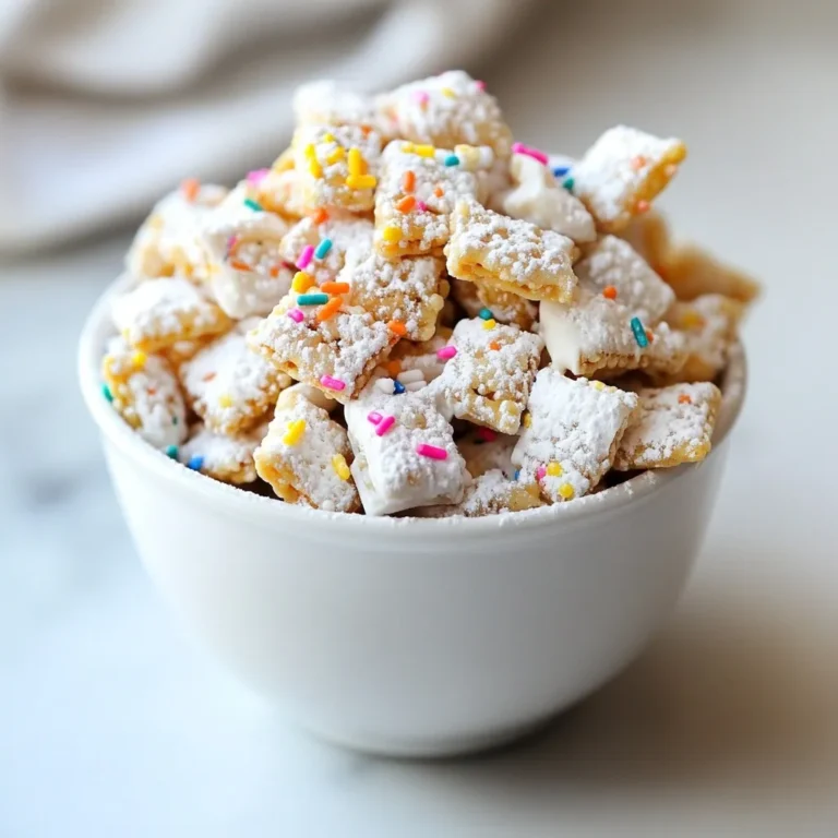 - 6 cups rice Chex cereal - 1 cup white chocolate chips - 1/4 cup creamy peanut butter - 1 cup powdered sugar - 1/4 cup granulated sugar - 1/4 cup colorful rainbow sprinkles - 1/2 teaspoon almond extract - A pinch of salt Each ingredient plays a key role in making Sugar Cookie Puppy Chow a hit. The rice Chex cereal gives the treat its crunch. White chocolate chips create a sweet, creamy base. Creamy peanut butter binds it all together, adding richness. The powdered and granulated sugars coat the cereal, giving it a sweet crunch. Rainbow sprinkles add a fun look and extra texture. Almond extract boosts the flavor, making it taste like a cookie. A pinch of salt rounds out the sweetness, giving balance. This mix of ingredients makes for a delightful snack. It's perfect for parties, gifts, or just a treat for yourself. Each bite brings a blend of flavors that will keep you coming back for more. {{ingredient_image_2}} Start by adding 6 cups of rice Chex cereal to a large mixing bowl. This will be the base of your puppy chow. Make sure to set the bowl aside for later. Next, take a microwave-safe bowl. Combine 1 cup of white chocolate chips and 1/4 cup of creamy peanut butter. Microwave this mixture in 30-second intervals. Stir well after each interval. Keep heating until it melts and looks smooth, usually taking about 1 to 2 minutes. Once melted, add 1/2 teaspoon of almond extract and a pinch of salt to the bowl. This will enhance the flavor. Carefully pour this melted mixture over the rice Chex cereal. Use a spatula to fold it in gently. Make sure every piece of cereal gets coated. In a separate bowl, mix 1 cup of powdered sugar and 1/4 cup of granulated sugar until well blended. Now, transfer the coated cereal into a large zip-top bag. Add the sugar mixture to the bag and seal it tightly. Shake the bag gently. This will coat the cereal well with the sweet sugar mix. Now it's time to make it fun! Fold in 1/4 cup of colorful rainbow sprinkles. This adds a festive crunch to your puppy chow. Finally, spread the mixture onto a baking sheet lined with parchment paper. Let it cool and set completely before serving. To melt chocolate and peanut butter, use a microwave-safe bowl. Combine white chocolate chips and creamy peanut butter in this bowl. Heat in 30-second bursts, stirring well after each. This helps avoid clumps. If you rush the process, the mixture may burn or seize. Stirring often ensures a smooth blend. For an even sugar coating, use a zip-top bag. Place the coated cereal in the bag with the sugar mixture. Seal the bag tightly. Then, shake gently. This method ensures each piece gets coated evenly. If you notice spots without sugar, give it another gentle shake. To make your puppy chow look festive, serve it in small cups or jars. Top each cup with extra rainbow sprinkles. This adds color and charm. You can also arrange it on a nice platter. A beautiful presentation makes your treat stand out at parties! Pro Tips Use High-Quality Chocolate: Opt for premium white chocolate chips for a smoother and richer flavor in your puppy chow. Be Gentle When Coating: When mixing the melted chocolate and peanut butter with the cereal, fold gently to prevent breaking the cereal pieces. Experiment with Flavors: Consider adding a splash of vanilla extract or using different types of sprinkles to customize the flavor and appearance! Storage Tips: Store your puppy chow in an airtight container to keep it fresh and crunchy for up to a week. {{image_4}} You can change the flavor of your Sugar Cookie Puppy Chow by swapping the white chocolate chips. Try using milk chocolate or dark chocolate for a richer taste. Each option gives a new twist to the classic treat. If you want something lighter, try white chocolate with a hint of vanilla. It balances well with the peanut butter and adds a nice touch. To make your puppy chow extra fun, consider adding nuts or different sprinkles. Chopped peanuts or almonds offer a nice crunch. You can also use colored chocolate candies for an exciting look. Mix in mini marshmallows for a sweet surprise. Get creative and make it your own with any add-ins you love! If you need a nut-free option, replace peanut butter with sunbutter. It tastes great and keeps the treat creamy. For a vegan version, use dairy-free chocolate chips and a plant-based butter. This way, everyone can enjoy the sweet snack without worries. Always check labels to ensure your ingredients meet dietary needs. To keep your Sugar Cookie Puppy Chow fresh, store it in an airtight container. This keeps moisture out and helps maintain its crunch. You can use a large zip-top bag too, but make sure to squeeze out any air. Place it in a cool, dry spot away from sunlight. How long will it last? Properly stored, Sugar Cookie Puppy Chow can last up to two weeks. After that, you may notice it becoming a bit stale. Use your senses—if it smells off or feels soft, it’s best to toss it. Can you freeze the snack mix? Yes, you can! To freeze, place the puppy chow in a freezer-safe bag. Squeeze out as much air as possible before sealing. When you want to eat it, thaw it in the fridge. This way, you can enjoy your treat even later! Sugar Cookie Puppy Chow is a fun snack mix. It combines rice Chex cereal with a sweet coating. This mix uses white chocolate and peanut butter for a rich flavor. The addition of almond extract gives it a lovely touch. Finally, colorful sprinkles make it look festive and fun. You can enjoy this treat any time, but it shines during holidays and parties. Yes, you can use other cereals if you want. Some good options include corn Chex, Crispix, or even Cheerios. Each cereal will give a different texture. Just remember to keep the same amount. This way, your mix stays balanced and tasty. To make your Puppy Chow more festive, try these tips: - Add seasonal sprinkles, like red and green for Christmas. - Use themed colors for birthdays or holidays. - Mix in mini marshmallows or nuts for extra fun. - Serve it in cute jars or cups for a special touch. These small changes can make your treat stand out and delight your guests! You’ve learned how to make Sugar Cookie Puppy Chow with Rice Chex cereal and white chocolate. It’s easy to customize with fun flavors and toppings. Remember to store it well for long-lasting crunch. This treat is not only tasty but also fun to make and share. Use the tips and tricks for the best results. Enjoy creating this sweet snack for any occasion!