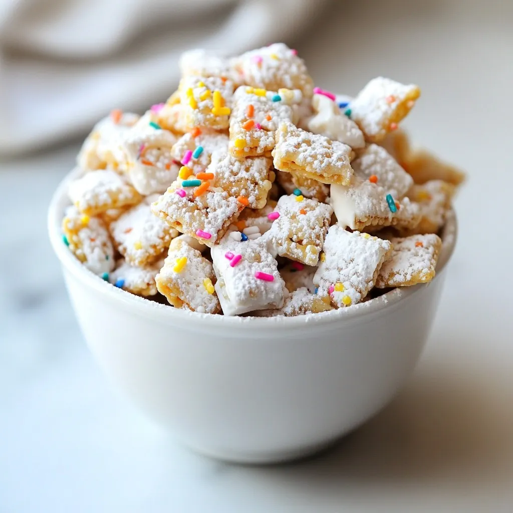 - 6 cups rice Chex cereal - 1 cup white chocolate chips - 1/4 cup creamy peanut butter - 1 cup powdered sugar - 1/4 cup granulated sugar - 1/4 cup colorful rainbow sprinkles - 1/2 teaspoon almond extract - A pinch of salt Each ingredient plays a key role in making Sugar Cookie Puppy Chow a hit. The rice Chex cereal gives the treat its crunch. White chocolate chips create a sweet, creamy base. Creamy peanut butter binds it all together, adding richness. The powdered and granulated sugars coat the cereal, giving it a sweet crunch. Rainbow sprinkles add a fun look and extra texture. Almond extract boosts the flavor, making it taste like a cookie. A pinch of salt rounds out the sweetness, giving balance. This mix of ingredients makes for a delightful snack. It's perfect for parties, gifts, or just a treat for yourself. Each bite brings a blend of flavors that will keep you coming back for more. {{ingredient_image_2}} Start by adding 6 cups of rice Chex cereal to a large mixing bowl. This will be the base of your puppy chow. Make sure to set the bowl aside for later. Next, take a microwave-safe bowl. Combine 1 cup of white chocolate chips and 1/4 cup of creamy peanut butter. Microwave this mixture in 30-second intervals. Stir well after each interval. Keep heating until it melts and looks smooth, usually taking about 1 to 2 minutes. Once melted, add 1/2 teaspoon of almond extract and a pinch of salt to the bowl. This will enhance the flavor. Carefully pour this melted mixture over the rice Chex cereal. Use a spatula to fold it in gently. Make sure every piece of cereal gets coated. In a separate bowl, mix 1 cup of powdered sugar and 1/4 cup of granulated sugar until well blended. Now, transfer the coated cereal into a large zip-top bag. Add the sugar mixture to the bag and seal it tightly. Shake the bag gently. This will coat the cereal well with the sweet sugar mix. Now it's time to make it fun! Fold in 1/4 cup of colorful rainbow sprinkles. This adds a festive crunch to your puppy chow. Finally, spread the mixture onto a baking sheet lined with parchment paper. Let it cool and set completely before serving. To melt chocolate and peanut butter, use a microwave-safe bowl. Combine white chocolate chips and creamy peanut butter in this bowl. Heat in 30-second bursts, stirring well after each. This helps avoid clumps. If you rush the process, the mixture may burn or seize. Stirring often ensures a smooth blend. For an even sugar coating, use a zip-top bag. Place the coated cereal in the bag with the sugar mixture. Seal the bag tightly. Then, shake gently. This method ensures each piece gets coated evenly. If you notice spots without sugar, give it another gentle shake. To make your puppy chow look festive, serve it in small cups or jars. Top each cup with extra rainbow sprinkles. This adds color and charm. You can also arrange it on a nice platter. A beautiful presentation makes your treat stand out at parties! Pro Tips Use High-Quality Chocolate: Opt for premium white chocolate chips for a smoother and richer flavor in your puppy chow. Be Gentle When Coating: When mixing the melted chocolate and peanut butter with the cereal, fold gently to prevent breaking the cereal pieces. Experiment with Flavors: Consider adding a splash of vanilla extract or using different types of sprinkles to customize the flavor and appearance! Storage Tips: Store your puppy chow in an airtight container to keep it fresh and crunchy for up to a week. {{image_4}} You can change the flavor of your Sugar Cookie Puppy Chow by swapping the white chocolate chips. Try using milk chocolate or dark chocolate for a richer taste. Each option gives a new twist to the classic treat. If you want something lighter, try white chocolate with a hint of vanilla. It balances well with the peanut butter and adds a nice touch. To make your puppy chow extra fun, consider adding nuts or different sprinkles. Chopped peanuts or almonds offer a nice crunch. You can also use colored chocolate candies for an exciting look. Mix in mini marshmallows for a sweet surprise. Get creative and make it your own with any add-ins you love! If you need a nut-free option, replace peanut butter with sunbutter. It tastes great and keeps the treat creamy. For a vegan version, use dairy-free chocolate chips and a plant-based butter. This way, everyone can enjoy the sweet snack without worries. Always check labels to ensure your ingredients meet dietary needs. To keep your Sugar Cookie Puppy Chow fresh, store it in an airtight container. This keeps moisture out and helps maintain its crunch. You can use a large zip-top bag too, but make sure to squeeze out any air. Place it in a cool, dry spot away from sunlight. How long will it last? Properly stored, Sugar Cookie Puppy Chow can last up to two weeks. After that, you may notice it becoming a bit stale. Use your senses—if it smells off or feels soft, it’s best to toss it. Can you freeze the snack mix? Yes, you can! To freeze, place the puppy chow in a freezer-safe bag. Squeeze out as much air as possible before sealing. When you want to eat it, thaw it in the fridge. This way, you can enjoy your treat even later! Sugar Cookie Puppy Chow is a fun snack mix. It combines rice Chex cereal with a sweet coating. This mix uses white chocolate and peanut butter for a rich flavor. The addition of almond extract gives it a lovely touch. Finally, colorful sprinkles make it look festive and fun. You can enjoy this treat any time, but it shines during holidays and parties. Yes, you can use other cereals if you want. Some good options include corn Chex, Crispix, or even Cheerios. Each cereal will give a different texture. Just remember to keep the same amount. This way, your mix stays balanced and tasty. To make your Puppy Chow more festive, try these tips: - Add seasonal sprinkles, like red and green for Christmas. - Use themed colors for birthdays or holidays. - Mix in mini marshmallows or nuts for extra fun. - Serve it in cute jars or cups for a special touch. These small changes can make your treat stand out and delight your guests! You’ve learned how to make Sugar Cookie Puppy Chow with Rice Chex cereal and white chocolate. It’s easy to customize with fun flavors and toppings. Remember to store it well for long-lasting crunch. This treat is not only tasty but also fun to make and share. Use the tips and tricks for the best results. Enjoy creating this sweet snack for any occasion!