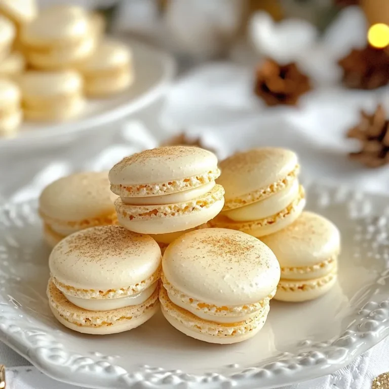 - 1 cup almond flour - 1 3/4 cup powdered sugar - 3 large egg whites (at room temperature) - 1/4 cup granulated sugar - 1/4 teaspoon cream of tartar - 1 teaspoon vanilla extract - 1 teaspoon freshly grated nutmeg (if available) - 1/2 cup unsalted butter (softened at room temperature) - 1 cup powdered sugar (for filling) - 1 tablespoon milk (more as needed for desired consistency) - A pinch of ground cinnamon You will need almond flour for the macaron shells. This flour gives them a lovely nutty flavor and smooth texture. Use powdered sugar to sweeten the macarons and help create a delicate structure. The egg whites are crucial for the meringue, which gives macarons their airy feel. Make sure they are at room temperature for the best results. Adding flavor is key. The vanilla extract and freshly grated nutmeg provide that classic eggnog taste. The unsalted butter creates a creamy filling that perfectly complements the shells. Don't forget the pinch of cinnamon; it adds warmth to each bite. - Alternative options for almond flour - Tips on powdered sugar quality - Egg white substitutes for vegan options If you need an alternative to almond flour, try using finely ground cashew flour or sunflower seed flour. These will change the flavor a bit, but they work well. For powdered sugar, quality matters! Look for brands without any additives. This helps your macarons turn out smooth and sweet. If you want a vegan option, use aquafaba instead of egg whites. This is the liquid from canned chickpeas. It whips up just like egg whites and can help you create a light macaron shell. {{ingredient_image_2}} 1. Preheat your oven to 300°F (150°C). This step is vital. 2. Line two baking sheets with parchment paper. This helps the macarons release easily. 3. Fit a piping bag with a round tip. Set it aside for later. 1. In a food processor, add 1 cup of almond flour and 1 3/4 cup of powdered sugar. 2. Pulse the mixture until it is well combined. This makes the texture smooth. 3. Sift the mixture into a bowl. This removes lumps and helps the macarons rise. 4. In a clean bowl, whip 3 large egg whites until frothy. 5. Add 1/4 teaspoon of cream of tartar and whisk until soft peaks form. 6. Gradually add 1/4 cup of granulated sugar. Continue to whisk until stiff peaks form. 7. Gently fold in 1 teaspoon of vanilla extract and 1 teaspoon of freshly grated nutmeg. This adds flavor. 1. Carefully fold the almond flour mixture into the meringue in three parts. 2. Use a rubber spatula to avoid overmixing. The batter should flow like lava. 3. Transfer the macaron batter into the piping bag. 4. Pipe small rounds of about 1.5 inches on the baking sheets. Leave space between each. 5. Tap the sheets on the counter. This helps remove air bubbles. 6. Let the piped macarons rest for 30 to 60 minutes. They should dry on the surface. 7. Bake one tray for 15 to 18 minutes. Rotate it halfway through for even baking. 8. The macarons should feel firm and not stick when touched. 9. After baking, cool them on the sheets before moving to a wire rack. Following these steps carefully will lead you to perfect eggnog macarons. Enjoy the festive spirit while you bake! - Overmixing the batter: This can ruin the texture. The batter should flow like lava. If you mix too much, the shells may crack or become flat. Stop mixing when you see ribbons form. - Improper oven temperature: Always check your oven's accuracy. Too hot can burn the shells. Too cool can lead to undercooked macarons. An oven thermometer can help ensure perfect results. - Conditions for resting the piped shells: After piping, let the macarons rest. This helps form a skin. Resting for 30 to 60 minutes is key. You’ll know they're ready when they feel dry to touch. - Visual cues for readiness: Look for a smooth surface. The tops should not be shiny. If they are, they need more resting time. They should also not stick to your finger when touched lightly. - Presentation tips for festive occasions: Arrange macarons on a pretty platter. Use a dusting of nutmeg or cinnamon for a holiday touch. This adds a special look and encourages sharing. - Suggested garnishes for added flair: Consider using edible glitter or sprinkles. A drizzle of white chocolate can also enhance their appeal. These little touches make your macarons stand out at any gathering. Pro Tips Measure Accurately: Use a kitchen scale to ensure precise measurements of almond flour and powdered sugar for perfect macaron shells. Room Temperature Eggs: Make sure your egg whites are at room temperature, as this helps them whip to a greater volume, resulting in lighter macarons. Perfect Macaron Feet: To achieve the signature feet on your macarons, ensure you let them rest until a skin forms before baking; this is crucial for proper rise. Flavor Variations: Experiment with different spices or extracts in the filling for unique flavors, such as adding peppermint or ginger for a festive twist. {{image_4}} To make your eggnog macarons even more festive, try adding winter spices. Cinnamon and cloves work great. You can also include ginger for a warm kick. For a twist, use peppermint extract instead of vanilla. It gives a fresh, holiday touch. You can explore flavors beyond eggnog. Consider using chai spice mix or even pumpkin spice for a fun fall vibe. These flavors bring joy to your holiday table and surprise your guests. While the original filling is delightful, you can switch it up. A cream cheese frosting makes a rich, tangy filling. Just blend cream cheese with a bit of butter, powdered sugar, and vanilla. This option adds creaminess and balances the sweetness. For chocolate lovers, a chocolate ganache filling is a dream. Melt dark chocolate and mix it with warm cream. Let it cool to thicken, then pipe it between the shells. This adds a deep, rich flavor that pairs beautifully with eggnog. If you're baking for gluten-free friends, use gluten-free almond flour. It’s perfect for macarons and keeps the texture light and airy. You can also try coconut flour. Just mix it with almond flour for great results. For those watching sugar intake, you can use a sugar substitute. Look for options that measure like sugar. This will help maintain the same taste without all the calories. Adjust the milk in the filling to keep it creamy and enjoyable. To keep your eggnog macarons fresh, store them in an airtight container. Use a container made of glass or plastic with a tight seal. This helps prevent moisture loss and keeps your macarons crisp. Avoid metal containers, as they can cause the macarons to absorb unwanted odors. You can store macarons in the fridge for up to a week. They taste great chilled and hold their flavor well. If you prefer, you can also keep them at room temperature. Just make sure they are away from direct sunlight and heat. Macarons at room temperature last about 2 to 3 days. Freezing your eggnog macarons is easy. First, place them in a single layer on a baking sheet. Freeze them for about an hour until they are firm. Then, transfer them to a freezer-safe bag or container. Make sure to remove as much air as possible before sealing. This way, they will not get freezer burn. Frozen macarons can last for up to three months. When you're ready to enjoy them, just take them out and let them thaw in the fridge for a couple of hours. This method keeps the flavors intact. Enjoy your festive treats anytime! Common issues include cracks and poor feet development. Cracks happen from overmixing the batter or not resting the shells long enough. Feet, the ruffled base of the macaron, form when the batter is just right. If your macarons do not rise, check your oven temperature. Use an oven thermometer for accuracy. Also, ensure you fold the batter gently and avoid overmixing, as this can ruin the macaron's structure. Yes, you can make eggnog macarons ahead of time. Prepare the shells and filling separately. Store the shells in an airtight container for up to five days. You can also freeze the shells for up to a month. Just remember to fill them the day you plan to serve. This keeps the texture fresh and delicious. To avoid chewy macarons, focus on proper mixing and baking. Mix until the batter flows smoothly, like molten lava. Use a rubber spatula to fold the dry ingredients into the meringue gently. Also, bake them long enough to set. Underbaked macarons can lead to a chewy texture. Always check for firmness and a clean surface before taking them out. Resting time is crucial for macarons. It allows the shells to form a dry skin on top. This skin helps create that beautiful foot during baking. If you skip this step, your macarons may crack or not rise properly. I recommend resting them for 30 to 60 minutes, depending on humidity. This simple step can make a big difference in your final result. Making macarons combines art and science. We discussed essential ingredients, measurements, and tips. Follow each step for great results. Avoid common mistakes, and be creative with flavors. Remember, practice makes perfect. Store and freeze properly to enjoy later. With patience and care, you can impress friends and family. Your baking journey can lead to delicious creations. Happy baking, and may your macarons always have the perfect feet!