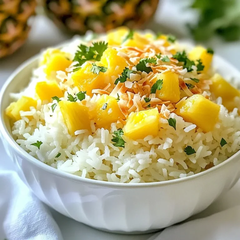 - 1 cup jasmine rice - 1 cup coconut milk - 1 cup pineapple juice - 1 cup fresh pineapple, diced - 1/2 cup shredded coconut (toasted) - 1 tablespoon brown sugar - 1/2 teaspoon salt - 1 tablespoon lime juice - Fresh cilantro, for garnish You can swap jasmine rice for basmati rice. It has a nice flavor too. If you want a lighter option, use quinoa instead. For coconut milk, almond milk or soy milk works well, but they change the taste. You can replace fresh pineapple with canned pineapple chunks. Just drain them first. If you don't have brown sugar, white sugar or honey can be used. Lastly, leave out the lime juice if you prefer a sweeter dish. Always use a measuring cup for accuracy. One cup means you fill it to the top without packing. For liquids, look for a measuring cup designed for liquids. When measuring solid ingredients like brown sugar, pack it down for an accurate amount. If you want to make more rice, just keep the same ratios. Double or triple the ingredients as needed. {{ingredient_image_2}} Start with 1 cup of jasmine rice. Rinse it under cold water. Keep rinsing until the water is clear. This step helps remove excess starch and keeps the rice fluffy. After rinsing, drain the rice well. In a medium saucepan, mix the rinsed rice with: - 1 cup coconut milk - 1 cup pineapple juice - 1 tablespoon brown sugar - 1/2 teaspoon salt Stir these ingredients together well. Place the saucepan on medium-high heat. Bring the mixture to a boil. Once it boils, reduce the heat to low. Cover the pan tightly. Let it simmer for 18-20 minutes. The rice will absorb the liquid and become tender. After cooking, remove the pan from heat. Keep it covered for 5 minutes. This resting time helps the rice steam. Next, use a fork to fluff the rice gently. Now fold in: - 1 cup diced fresh pineapple - 1 tablespoon lime juice - 1/2 cup toasted shredded coconut Mix carefully so everything is evenly spread. Taste the rice and adjust salt or sugar if needed. Serve the warm pineapple coconut rice on plates or in bowls. Add fresh cilantro on top for extra color and flavor. Enjoy your tropical delight! To get the best texture for your pineapple coconut rice, rinse the jasmine rice well. This step removes excess starch. Starch can make your rice sticky. Always drain the rice until no water is left. When cooking, use equal parts coconut milk and pineapple juice. This balance ensures a creamy and flavorful base. Keep the heat low when simmering. This helps the rice cook evenly and stay fluffy. Want to amp up the flavor? Try adding more fresh pineapple. You can also use lime zest for a citrus kick. For a nutty touch, mix in chopped nuts like cashews or almonds. If you enjoy spice, a pinch of cayenne pepper adds warmth. You can switch the brown sugar for honey or agave syrup for a different sweetness. One common mistake is skipping the rinsing step. This can lead to clumpy rice. Another mistake is not letting the rice sit after cooking. This final steaming step is key to fluffiness. Be careful not to overmix the rice when adding pineapple and coconut. Gentle folding keeps the grains intact. Lastly, taste your rice before serving. Adjust the seasonings to suit your preference. Pro Tips Rinse Your Rice: Rinsing jasmine rice until the water runs clear helps to remove excess starch, resulting in fluffier rice. Adjust Sweetness: Depending on your preference, you can adjust the amount of brown sugar to enhance the sweetness of the dish. Fresh Pineapple Perks: For the best flavor, use fresh pineapple instead of canned to add a vibrant taste and texture to your rice. Garnish for Flavor: Don't skip the fresh cilantro garnish! It adds a refreshing touch that balances the sweetness of the rice. {{image_4}} You can change the fruit in this recipe. Try mango, kiwi, or papaya. Each fruit adds a new taste and texture. For a berry twist, use diced strawberries or blueberries. These fruits bring a fresh and bright flavor. Add them after cooking the rice. This way, they stay juicy and colorful. This recipe is already mostly vegan. The coconut milk is dairy-free, which is great! If you want a creamier texture, add more coconut milk. You can also use almond milk or oat milk if you prefer. Just make sure to keep the balance of liquid for the rice to cook well. To amp up the tropical vibe, add a splash of lime or lemon juice. This brightens up the dish. You could also mix in some chopped mango or banana. For a nutty crunch, sprinkle in some cashews or macadamia nuts. A pinch of cinnamon or nutmeg can also add warmth and depth. These small changes can make your dish even more exciting! To store leftover pineapple coconut rice, let it cool to room temperature. Once cooled, place it in an airtight container. This helps keep the rice fresh. Store it in the fridge for up to four days. Make sure to label the container with the date. This way, you can enjoy your tropical delight later. When you're ready to enjoy your rice again, take it out of the fridge. Add a splash of water or coconut milk to keep it moist. Heat it in a microwave-safe bowl. Cover it with a damp paper towel to prevent drying. Heat for about one to two minutes. Stir halfway through to ensure even heating. You can also reheat it on the stove. Just add it to a pan over low heat and stir until warm. If you want to keep your pineapple coconut rice longer, freezing is a good option. First, let the rice cool completely. Then, scoop it into freezer-safe bags or containers. Make sure to remove as much air as possible to avoid freezer burn. Label each bag with the date. You can freeze it for up to three months. When ready to eat, thaw it in the fridge overnight before reheating. Yes, you can use brown rice. However, it will change the cooking time. Brown rice takes longer to cook than jasmine rice. You will need about 40-45 minutes to make it tender. Also, adjust the liquid. Use more coconut milk and pineapple juice for flavor. To add heat, try adding diced jalapeños or red pepper flakes. Start with a small amount. Taste as you go to find the right level of spice. You can also mix in some curry powder. This will give a warm, spicy flavor that pairs well with the sweet pineapple. Yes, you can use almond milk or soy milk. These will change the taste but still keep it creamy. For a richer flavor, try using cashew cream. Blend soaked cashews with water. This will create a nice, creamy texture without coconut. This blog post covered how to make a delicious rice dish. We explored ingredients, cooking steps, and ways to enhance flavor. Remember, the right ingredients and careful cooking lead to the best taste. Avoid common mistakes to get perfect rice every time. You can also try variations for different flavors. Store leftovers properly and follow reheating tips to enjoy them later. With these tips, you can make a dish that's tasty and fun. Enjoy your cooking, and don't be afraid to experiment!