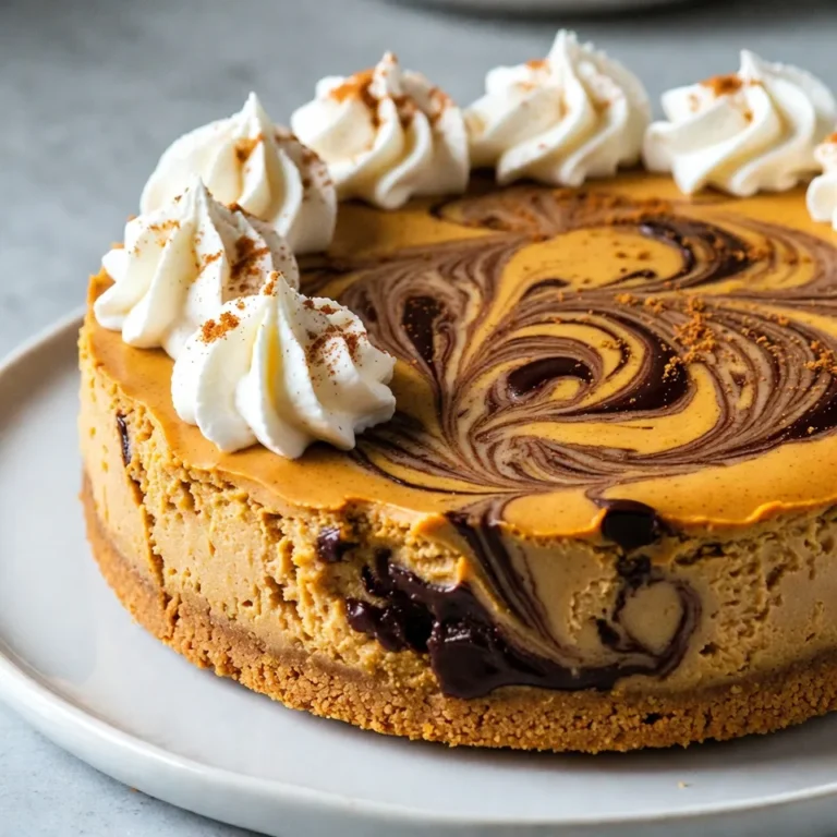- 1 ½ cups graham cracker crumbs - ½ cup unsalted butter, melted - 2 cups cream cheese, softened to room temperature - 1 cup pumpkin puree (canned or freshly made) - 1 cup granulated sugar - ½ cup packed brown sugar - 3 large eggs, at room temperature - 1 teaspoon pure vanilla extract - 1 teaspoon ground cinnamon - ½ teaspoon ground nutmeg - ½ teaspoon ground ginger - 6 ounces semi-sweet chocolate, chopped into small pieces - 2 tablespoons heavy cream If you don’t have graham cracker crumbs, you can use crushed cookies like Oreos or digestive biscuits. For a dairy-free option, try using vegan cream cheese. If you want a lower sugar option, substitute granulated sugar with a sugar substitute like erythritol. You can also swap semi-sweet chocolate for dark chocolate if you prefer a richer flavor. - Use a dry measuring cup for the crumbs and sugars. - For sticky ingredients like butter, pack it into the cup for accuracy. - When measuring pumpkin puree, make sure to level it off for a precise amount. - For chocolate, chop it finely to help it melt evenly. - Always let eggs come to room temperature before mixing. This helps the filling blend smoothly. {{ingredient_image_2}} Start by setting your oven to 325°F (160°C). This will ensure it’s hot when you bake the cheesecake. In a bowl, mix 1 ½ cups of graham cracker crumbs with ½ cup of melted unsalted butter. Stir until the crumbs are well coated. Press this mixture firmly into the bottom of a 9-inch springform pan. Make sure it’s packed evenly. Bake the crust for about 10 minutes, then take it out and let it cool. For the filling, grab a large mixing bowl. Using an electric mixer, beat 2 cups of softened cream cheese until smooth. Next, add 1 cup of pumpkin puree, 1 cup of granulated sugar, and ½ cup of packed brown sugar. Mix in 3 large eggs one at a time, then add 1 teaspoon of pure vanilla extract, 1 teaspoon of ground cinnamon, ½ teaspoon of ground nutmeg, and ½ teaspoon of ground ginger. Beat everything on low speed until it’s smooth and lump-free. In a small saucepan, combine 6 ounces of chopped semi-sweet chocolate with 2 tablespoons of heavy cream. Use low heat and stir continuously. Keep stirring until the chocolate melts and is smooth. Remove the saucepan from heat and let it cool a bit. This step is key; it keeps the chocolate from cooking the filling. Pour half of the pumpkin cheesecake mixture over your cooled crust. Smooth it out. Drizzle half of the melted chocolate over this layer. Repeat with the rest of the pumpkin mixture, then drizzle the remaining chocolate on top. Take a knife or skewer and gently swirl the pumpkin and chocolate together. Don’t over-mix; you want a nice marbled look. Place the cheesecake in the oven and bake for 50 to 60 minutes. The center should be set but still slightly jiggly. After baking, turn off the oven. Crack the door open and let the cheesecake cool inside for about an hour. This helps avoid cracks. Once cooled, let it reach room temperature, then cover and refrigerate for at least 4 hours or overnight. Enjoy slicing and serving chilled! To keep your cheesecake smooth, you must control the heat. Bake the cheesecake at a low temperature of 325°F (160°C). This gentle heat helps the cheesecake cook evenly. When it's done, turn off the oven, crack the door, and let it cool gradually. This method avoids sudden temperature changes that cause cracks. Also, make sure to use room temperature ingredients. Cold cream cheese can create lumps and lead to cracks. For a creamier texture, beat the cream cheese well to make it smooth before adding other ingredients. Always mix at low speed after adding eggs to avoid incorporating too much air. Air bubbles can cause the cheesecake to rise and fall, leading to cracks. You can also add a pinch of salt to enhance the flavors. It helps balance the sweetness of the chocolate and pumpkin. Serve your Chocolate Swirl Pumpkin Cheesecake chilled for the best taste and texture. Let it sit out for about 15 minutes before slicing. This short wait allows the flavors to become more pronounced. If you want to elevate the experience, garnish with whipped cream, chocolate shavings, or a sprinkle of cinnamon. These toppings add a nice visual touch and extra flavor. Pro Tips Chill the Cream Cheese: Ensure your cream cheese is at room temperature before mixing. This helps to achieve a smooth and creamy cheesecake filling without lumps. Swirling Technique: When swirling the chocolate and pumpkin mixtures, use a gentle hand to avoid over-mixing. You want distinct swirls for an attractive presentation. Prevent Cracking: Allow the cheesecake to cool gradually in the oven with the door ajar after baking. This method minimizes the risk of cracks forming on the surface. Garnish for Elegance: Enhance the visual appeal of your cheesecake by garnishing each slice with whipped cream, chocolate shavings, or a sprinkle of cinnamon before serving. {{image_4}} You can make this cheesecake a bit healthier. Use whole grain graham cracker crumbs instead of regular ones. You can also swap butter for coconut oil. For the sweeteners, consider using honey or maple syrup. They will add a nice flavor. If you want to cut calories, use low-fat cream cheese. This still gives you a creamy texture. You can play with flavors to make this cheesecake even better. Add spiced rum for a warm kick. Simply mix in a tablespoon when you blend the filling. Maple syrup is another great choice. It enhances the pumpkin flavor well. Adding a bit of orange zest can also brighten the taste. Experiment with different spices, like cardamom or allspice, for a unique twist. If you want bite-sized treats, try mini cheesecakes. Use a muffin pan lined with cupcake liners. Follow the same steps, but reduce baking time to about 20-25 minutes. These are perfect for parties. You can also decorate them with small chocolate chips or a tiny dollop of whipped cream. They are fun and easy to serve! To keep your chocolate swirl pumpkin cheesecake fresh, store it in the fridge. Use an airtight container to cover the cheesecake. If you have leftovers, slice them first. This makes it easier to grab a piece later. You can freeze your cheesecake for later. Wrap it tightly in plastic wrap. Then wrap it again in aluminum foil. This helps prevent freezer burn. When you’re ready to eat it, thaw it in the fridge overnight. This keeps the texture nice and creamy. In the fridge, your cheesecake lasts about 5 to 7 days. If you freeze it, it stays good for up to 3 months. Just remember to label the date you made it. This way, you know when it’s time to enjoy your treat! Yes, you can use fresh pumpkin. Just make sure to cook it first. Cut the pumpkin, roast it, and scoop out the flesh. Purée it until smooth. This gives you a fresh flavor. Check the center of the cheesecake. It should be set but still a bit jiggly. The edges will look firm, but the middle will have a slight wobble. This means it will firm up as it cools. Absolutely! This cheesecake is great when made a day or two ahead. Just make sure to cover it well in the fridge. This helps the flavors blend and makes it even tastier. Serve it with a dollop of whipped cream. You can also add chocolate shavings or a sprinkle of cinnamon. Fresh berries or caramel sauce can add a nice touch, too. In this post, we explored all you need for a perfect Chocolate Swirl Pumpkin Cheesecake. We covered ingredients, step-by-step instructions, and tips to avoid cracks. We also shared fun flavor twists and how to store your cheesecake properly. By following these steps, you can impress friends and family with your baking skills. Happy baking! Enjoy your cheesecake journey!