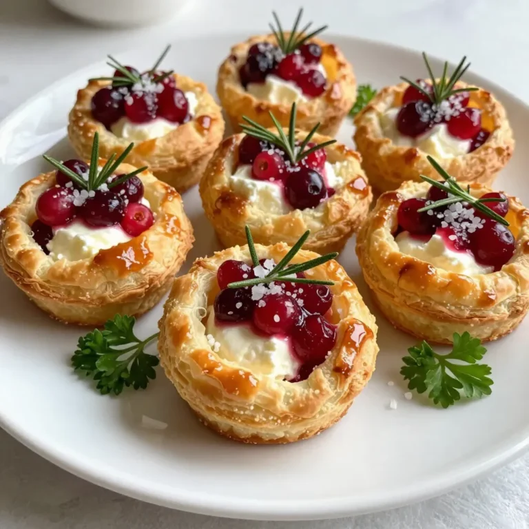- 1 sheet of puff pastry, thawed - 1 cup brie cheese, cubed into bite-sized pieces - 1 cup cranberry sauce (either homemade or store-bought) - 1 tablespoon fresh rosemary, finely chopped - 1 egg, beaten (for egg wash) - Sea salt, for sprinkling - Fresh parsley, chopped (for garnish) When making Cranberry Brie Puff Pastry Bites, the ingredients matter. Each adds a unique touch. The puff pastry gives a flaky base. The brie cheese melts beautifully. The cranberry sauce adds sweetness. Fresh rosemary enhances the flavor. - Additional herbs or spices for flavor enhancement - Varieties of cheese to experiment with You can customize these bites. Try using different herbs like thyme or sage. They bring a nice twist. Experiment with other cheeses too, like Camembert or goat cheese. Each variation creates a new taste. Enjoy making these bites your own! {{ingredient_image_2}} 1. Preheat oven and prepare baking sheet: Start by preheating your oven to 400°F (200°C). Line a baking sheet with parchment paper. This step will help avoid any sticking. 2. Thaw and roll out puff pastry: Take the puff pastry sheet from the freezer and let it thaw. Once soft, place it on a floured surface. Use a rolling pin to roll it out gently. This makes the pastry smooth and ready for cutting. 1. Cutting pastry squares and filling choices: Cut the rolled-out pastry into 3-inch squares. You should get about 12 squares. Place a cube of brie cheese in the center of each square. The cheese should be big enough to melt nicely. 2. Sealing the pastry bites: Add about 1 teaspoon of cranberry sauce on top of the brie cheese. Sprinkle a pinch of chopped rosemary over the sauce for extra flavor. To seal the bites, fold the corners of each square towards the center. Pinch the seams together tightly. 1. Applying egg wash and sea salt: Beat an egg in a small bowl. Use a pastry brush to apply the egg wash on top of each sealed pastry bite. This gives a beautiful golden color when baked. Lightly sprinkle sea salt on top for added taste. 2. Monitoring baking time for perfect golden color: Place the pastry bites on the lined baking sheet with space in between. Bake them in the preheated oven for 15-20 minutes. Keep an eye on them until they puff up and turn golden brown. To avoid a soggy bottom, always thaw the puff pastry completely. If any moisture sits under the pastry, it can make it soggy. Use a lightly floured surface to roll it out. This will help keep it dry. The thickness of the puff pastry matters too. Aim for a thickness of about 1/8 inch. This allows it to puff nicely while baking. For extra flavor, consider adding chopped nuts or a drizzle of honey. Walnuts or pecans add a nice crunch. You can also swap in different herbs, like thyme or sage, for a unique twist. When choosing cranberry sauce, homemade often tastes fresher. Store-bought is fine, but check for quality ingredients. A good cranberry sauce will elevate your bites. Serve your bites on a rustic wooden platter for a cozy feel. You can sprinkle more chopped rosemary around them for color. A small bowl of extra cranberry sauce on the side makes for a great dip. For garnish, add fresh parsley on top. It adds a lovely pop of green and freshness. Pro Tips Chill the Puff Pastry: Before rolling out the puff pastry, chill it in the refrigerator for 10-15 minutes to ensure it stays cold and puffs beautifully when baked. Experiment with Cheese: While brie is a classic choice, feel free to experiment with other cheeses like camembert or a sharp cheddar for a different flavor profile. Customize Your Fillings: Add extra ingredients such as chopped walnuts or pecans for added crunch, or a drizzle of balsamic reduction for a gourmet touch. Watch the Bake Time: Ovens vary, so keep an eye on the pastries as they bake. Remove them when they are golden brown and puffy for the best texture. {{image_4}} You can easily swap brie for other soft cheeses. Camembert makes a great choice. It has a similar taste, but it has a stronger flavor. Goat cheese is another option. It adds a tangy twist to the bites. These cheeses melt well, just like brie. Feel free to mix and match to find your favorite! Change things up by using different fruit preserves or toppings. In the fall, add apple butter instead of cranberry sauce. It gives a sweet, warm flavor. In summer, try peach preserves for a fresh taste. You can also add chopped nuts or dried fruit for extra texture. The choices are endless, so get creative! Pair these bites with tasty drinks or sides. A sparkling wine complements the flavors nicely. It adds a light, refreshing touch. For non-alcoholic options, serve them with sparkling water or cider. You can also offer a side of mixed greens. This adds freshness and balances the richness of the bites. Enjoy experimenting with different pairings! To keep your leftover Cranberry Brie Puff Pastry Bites fresh, store them in an airtight container. Place parchment paper between layers to prevent sticking. You can refrigerate them for up to three days. If you want to keep them longer, freeze the bites. Wrap each one in plastic wrap and place them in a freezer bag. They can last for up to three months in the freezer. To restore the crispiness of the pastry, preheat your oven to 375°F (190°C). Place the bites on a baking sheet lined with parchment paper. Bake for about 10-12 minutes, or until they are warm and crispy again. Avoid using the microwave, as this can make the pastry soggy. Cranberry Brie Puff Pastry Bites are best enjoyed fresh. However, when stored properly, they can stay fresh in the fridge for three days. In the freezer, they can maintain quality for up to three months. Just remember to reheat them well for the best taste and texture. Yes, you can prepare these bites in advance. Make them up to the point before baking. Place them on the baking sheet, then cover with plastic wrap. Store in the fridge for up to one day. When ready to bake, just remove the wrap and add the egg wash. Reheat in the oven for the best results. Set the oven to 350°F (175°C). Bake for about 10 minutes. This will keep the pastry crispy. Avoid using the microwave, as it will make them soggy. Yes, you can use other types of pastry. Phyllo dough is a great choice. It will give a different texture but still taste delicious. You can also try shortcrust pastry for a denser bite. These bites pair well with many things. Serve them with a fresh salad for balance. A side of extra cranberry sauce is great for dipping. You could also try them with a nice glass of sparkling wine. These Cranberry Brie Puff Pastry Bites are simple to make and delicious to eat. We covered the key ingredients and shared step-by-step instructions to help you through the process. I also provided tips for perfecting your bites and suggested variations to keep things exciting. You can store leftovers easily and reheat them for quick snacks. Experiment with flavors and pairings to create your perfect version. Enjoy your tasty bites and impress your guests!