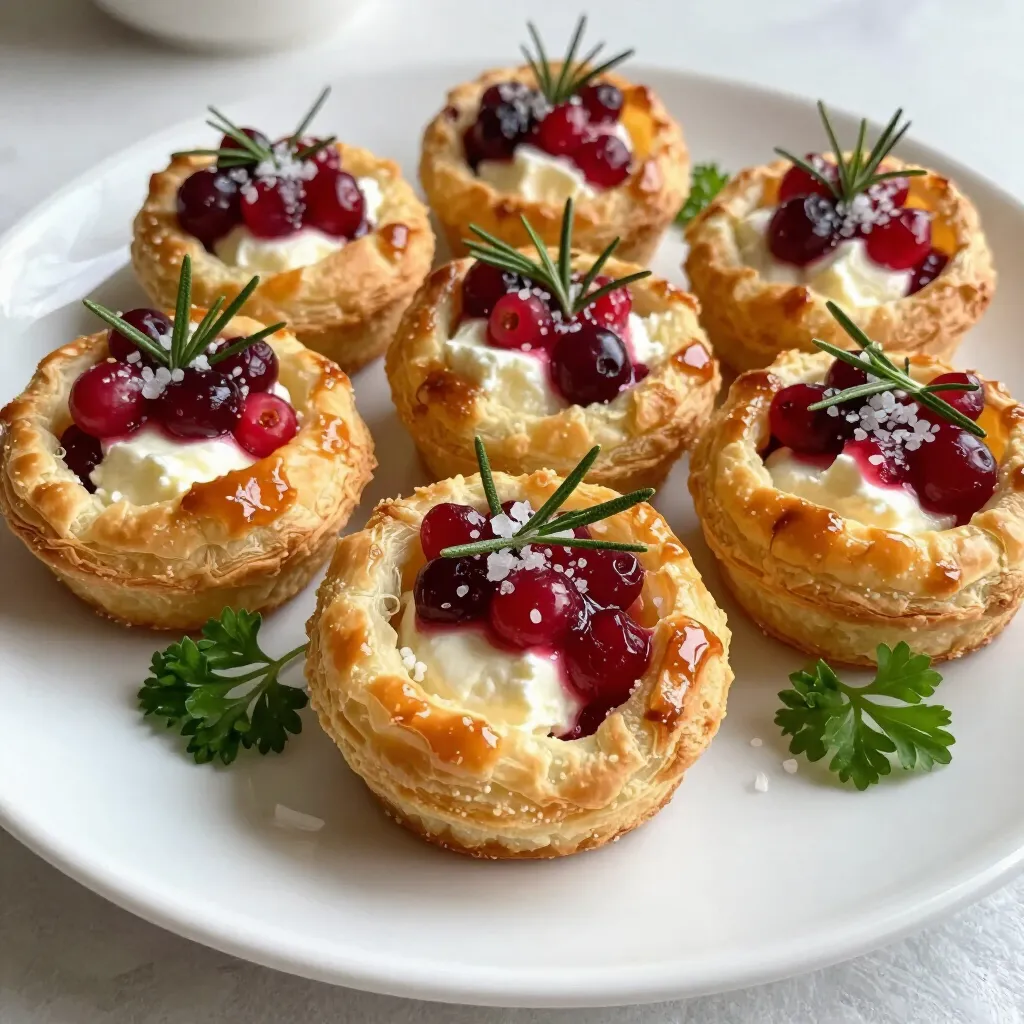 - 1 sheet of puff pastry, thawed - 1 cup brie cheese, cubed into bite-sized pieces - 1 cup cranberry sauce (either homemade or store-bought) - 1 tablespoon fresh rosemary, finely chopped - 1 egg, beaten (for egg wash) - Sea salt, for sprinkling - Fresh parsley, chopped (for garnish) When making Cranberry Brie Puff Pastry Bites, the ingredients matter. Each adds a unique touch. The puff pastry gives a flaky base. The brie cheese melts beautifully. The cranberry sauce adds sweetness. Fresh rosemary enhances the flavor. - Additional herbs or spices for flavor enhancement - Varieties of cheese to experiment with You can customize these bites. Try using different herbs like thyme or sage. They bring a nice twist. Experiment with other cheeses too, like Camembert or goat cheese. Each variation creates a new taste. Enjoy making these bites your own! {{ingredient_image_2}} 1. Preheat oven and prepare baking sheet: Start by preheating your oven to 400°F (200°C). Line a baking sheet with parchment paper. This step will help avoid any sticking. 2. Thaw and roll out puff pastry: Take the puff pastry sheet from the freezer and let it thaw. Once soft, place it on a floured surface. Use a rolling pin to roll it out gently. This makes the pastry smooth and ready for cutting. 1. Cutting pastry squares and filling choices: Cut the rolled-out pastry into 3-inch squares. You should get about 12 squares. Place a cube of brie cheese in the center of each square. The cheese should be big enough to melt nicely. 2. Sealing the pastry bites: Add about 1 teaspoon of cranberry sauce on top of the brie cheese. Sprinkle a pinch of chopped rosemary over the sauce for extra flavor. To seal the bites, fold the corners of each square towards the center. Pinch the seams together tightly. 1. Applying egg wash and sea salt: Beat an egg in a small bowl. Use a pastry brush to apply the egg wash on top of each sealed pastry bite. This gives a beautiful golden color when baked. Lightly sprinkle sea salt on top for added taste. 2. Monitoring baking time for perfect golden color: Place the pastry bites on the lined baking sheet with space in between. Bake them in the preheated oven for 15-20 minutes. Keep an eye on them until they puff up and turn golden brown. To avoid a soggy bottom, always thaw the puff pastry completely. If any moisture sits under the pastry, it can make it soggy. Use a lightly floured surface to roll it out. This will help keep it dry. The thickness of the puff pastry matters too. Aim for a thickness of about 1/8 inch. This allows it to puff nicely while baking. For extra flavor, consider adding chopped nuts or a drizzle of honey. Walnuts or pecans add a nice crunch. You can also swap in different herbs, like thyme or sage, for a unique twist. When choosing cranberry sauce, homemade often tastes fresher. Store-bought is fine, but check for quality ingredients. A good cranberry sauce will elevate your bites. Serve your bites on a rustic wooden platter for a cozy feel. You can sprinkle more chopped rosemary around them for color. A small bowl of extra cranberry sauce on the side makes for a great dip. For garnish, add fresh parsley on top. It adds a lovely pop of green and freshness. Pro Tips Chill the Puff Pastry: Before rolling out the puff pastry, chill it in the refrigerator for 10-15 minutes to ensure it stays cold and puffs beautifully when baked. Experiment with Cheese: While brie is a classic choice, feel free to experiment with other cheeses like camembert or a sharp cheddar for a different flavor profile. Customize Your Fillings: Add extra ingredients such as chopped walnuts or pecans for added crunch, or a drizzle of balsamic reduction for a gourmet touch. Watch the Bake Time: Ovens vary, so keep an eye on the pastries as they bake. Remove them when they are golden brown and puffy for the best texture. {{image_4}} You can easily swap brie for other soft cheeses. Camembert makes a great choice. It has a similar taste, but it has a stronger flavor. Goat cheese is another option. It adds a tangy twist to the bites. These cheeses melt well, just like brie. Feel free to mix and match to find your favorite! Change things up by using different fruit preserves or toppings. In the fall, add apple butter instead of cranberry sauce. It gives a sweet, warm flavor. In summer, try peach preserves for a fresh taste. You can also add chopped nuts or dried fruit for extra texture. The choices are endless, so get creative! Pair these bites with tasty drinks or sides. A sparkling wine complements the flavors nicely. It adds a light, refreshing touch. For non-alcoholic options, serve them with sparkling water or cider. You can also offer a side of mixed greens. This adds freshness and balances the richness of the bites. Enjoy experimenting with different pairings! To keep your leftover Cranberry Brie Puff Pastry Bites fresh, store them in an airtight container. Place parchment paper between layers to prevent sticking. You can refrigerate them for up to three days. If you want to keep them longer, freeze the bites. Wrap each one in plastic wrap and place them in a freezer bag. They can last for up to three months in the freezer. To restore the crispiness of the pastry, preheat your oven to 375°F (190°C). Place the bites on a baking sheet lined with parchment paper. Bake for about 10-12 minutes, or until they are warm and crispy again. Avoid using the microwave, as this can make the pastry soggy. Cranberry Brie Puff Pastry Bites are best enjoyed fresh. However, when stored properly, they can stay fresh in the fridge for three days. In the freezer, they can maintain quality for up to three months. Just remember to reheat them well for the best taste and texture. Yes, you can prepare these bites in advance. Make them up to the point before baking. Place them on the baking sheet, then cover with plastic wrap. Store in the fridge for up to one day. When ready to bake, just remove the wrap and add the egg wash. Reheat in the oven for the best results. Set the oven to 350°F (175°C). Bake for about 10 minutes. This will keep the pastry crispy. Avoid using the microwave, as it will make them soggy. Yes, you can use other types of pastry. Phyllo dough is a great choice. It will give a different texture but still taste delicious. You can also try shortcrust pastry for a denser bite. These bites pair well with many things. Serve them with a fresh salad for balance. A side of extra cranberry sauce is great for dipping. You could also try them with a nice glass of sparkling wine. These Cranberry Brie Puff Pastry Bites are simple to make and delicious to eat. We covered the key ingredients and shared step-by-step instructions to help you through the process. I also provided tips for perfecting your bites and suggested variations to keep things exciting. You can store leftovers easily and reheat them for quick snacks. Experiment with flavors and pairings to create your perfect version. Enjoy your tasty bites and impress your guests!