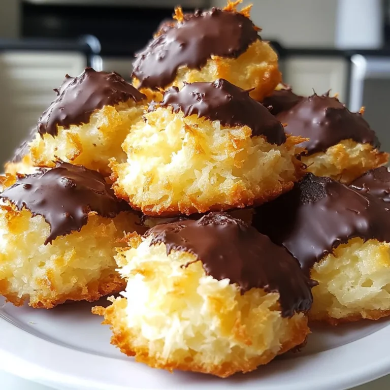 - 2 ½ cups shredded unsweetened coconut - 1 cup sweetened condensed milk - ½ cup dark chocolate chips These main ingredients create a sweet and chewy treat. Shredded coconut gives a great texture. Sweetened condensed milk adds rich sweetness. Dark chocolate adds a delicious contrast. - 1 teaspoon pure vanilla extract - ½ teaspoon almond extract - A pinch of sea salt Vanilla and almond extracts bring warmth and depth. Sea salt balances the sweetness. Just a pinch enhances the overall flavor. - Extra melted chocolate for drizzling Drizzling extra chocolate makes these macaroons even better. It adds a fun look and more chocolate taste. You can skip it or make it fancy! {{ingredient_image_2}} Set your oven to 325°F (163°C). While it heats up, line a baking sheet with parchment paper. This step stops the macaroons from sticking and helps with cleanup. In a large bowl, mix the shredded coconut, sweetened condensed milk, vanilla extract, almond extract, and a pinch of sea salt. Stir these together until they form a sticky and cohesive mixture. The texture should be thick but not dry. Use a small cookie scoop or a tablespoon to make small mounds of the coconut mixture. Place them on the lined baking sheet, leaving space between each mound. Bake in the preheated oven for 15 to 20 minutes. Watch closely for a golden-brown color on top. This means they are ready! To ensure even baking, space the mounds well. This allows hot air to circulate. I recommend leaving about an inch between each mound. This helps them bake evenly. To avoid burnt tops, keep a close eye on your macaroons. Check them around 15 minutes. If they start to brown too quickly, cover them lightly with foil. This can help protect the tops while they finish baking. The best way to melt chocolate is in the microwave. Use a microwave-safe bowl. Heat the chocolate chips in 30-second intervals. Stir after each interval until smooth. If you prefer not to use dark chocolate, try milk or white chocolate instead. They work just as well. You can also use dairy-free chocolate for a vegan option. Let the macaroons cool on the baking sheet for about 10 minutes. This helps them firm up. After 10 minutes, dip the bottoms in melted chocolate. Return them to the parchment paper to set. For the chocolate to harden, refrigerate the macaroons for about 30 minutes. This gives you that perfect chocolate coating. Store them in an airtight container once set. Pro Tips Use Fresh Coconut: For a more intense coconut flavor, try using fresh shredded coconut instead of dried. This will add moisture and freshness to your macaroons. Chill for Better Texture: If you find the mixture too sticky to work with, chill it in the refrigerator for about 15 minutes before shaping. This will make it easier to form mounds. Experiment with Flavors: Feel free to add different extracts or flavorings, such as rum or orange zest, to customize the flavor of your macaroons. Storage Tips: Store the macaroons in an airtight container at room temperature for up to a week or freeze them for longer storage. Just make sure to separate layers with parchment paper. {{image_4}} You can change the flavor of your macaroons easily. Adding a few drops of coconut or lemon extract can give a lovely twist. You can even mix in cocoa powder for a richer chocolate flavor. Just a tablespoon will add a nice depth to your macaroons. If you want vegan options, swap the sweetened condensed milk with coconut cream. This keeps the creamy texture while making it plant-based. For those looking to cut sugar, use a sugar-free sweetened condensed milk. This way, you can enjoy your treat guilt-free. Get creative with toppings! You can sprinkle shredded coconut on top for a fun look. Chopped nuts also add a nice crunch. If you want to impress, try drizzling melted chocolate over the tops. Use a fork to create beautiful patterns. To keep your chocolate coconut macaroons fresh, choose airtight containers. Glass jars or plastic containers work well. Make sure they are sealed tightly to prevent air from getting in. Store the macaroons at room temperature. Keep them away from heat and moisture. A cool, dry place is best for storing. Chocolate coconut macaroons can last about a week when stored properly. After that, they may start to lose flavor. Check for any signs of spoilage. If they smell off or feel hard, it’s best to toss them. Fresh macaroons will feel soft and moist on the inside. Freezing is a great way to save macaroons for later. To freeze, layer them in a freezer-safe container. Place parchment paper between each layer to prevent sticking. They can stay in the freezer for up to three months. When you want to eat them, take them out and let them thaw in the fridge. This keeps their texture nice and chewy. If you want them quicker, you can leave them at room temperature for a few hours. Enjoy your sweet treat anytime! Chocolate coconut macaroons are sweet, chewy treats made with coconut and chocolate. They are small, mound-shaped cookies. The key ingredients include shredded coconut, sweetened condensed milk, and dark chocolate. The macaroons have a crispy outer layer and a soft inside. Their rich, sweet flavor makes them a popular dessert. Yes, you can make macaroons without condensed milk. You can use alternatives like aquafaba or nut butter. These substitutes help bind the coconut without dairy. For a vegan option, try using coconut cream. The texture may differ, but you can still create a delicious treat. You can tell macaroons are done baking by their color. Look for a golden brown top. The edges should also feel firm to the touch. If they are still soft, give them a few more minutes. Let them cool slightly to check their texture before serving. In this post, we explored how to make delicious chocolate coconut macaroons. We looked at key ingredients, step-by-step instructions, and tips for baking. Variations let you customize these treats, catering to different diets. Storage advice keeps your macaroons fresh for longer. Whether you choose to drizzle extra chocolate or mix in new flavors, your macaroons will impress. Enjoy the process and the tasty results. Now, you’re ready to create your own batch!