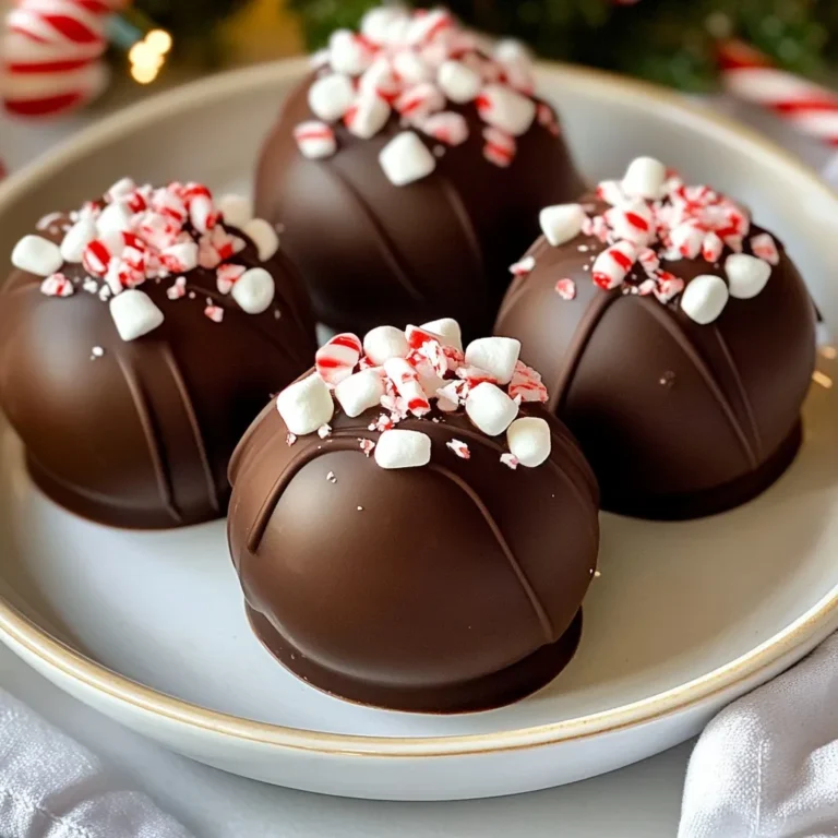 - 2 cups milk chocolate chips - 1 cup white chocolate chips - 1 cup unsweetened cocoa powder - 1 cup mini marshmallows - 1/2 cup crushed peppermint candy canes (optional) - 1/4 cup granulated sugar (optional) - Silicone sphere mold To make hot cocoa bombs, you need a few key ingredients. First, the milk chocolate chips create a rich base. You also need white chocolate chips for a creamy taste. Unsweetened cocoa powder adds depth to the flavor. Mini marshmallows are a must for that fun texture. If you want a minty twist, crushed peppermint candy canes are a great choice. You can add granulated sugar if you like it sweeter. Finally, a silicone sphere mold helps shape your bombs. This mold makes it easy to remove the chocolate once it sets. Gather these ingredients before you start. This will make your cooking time smooth and fun. Each ingredient plays a role in creating a delightful treat that warms your winter days. {{ingredient_image_2}} Start with a microwave-safe bowl. Add half of the milk chocolate chips. Heat it in the microwave in 30-second intervals. Stir well after each interval. This helps the chocolate melt smoothly. Be careful not to overheat. Overheating can cause the chocolate to seize. Now, take a spoon and coat the inside of the silicone mold. Use the melted chocolate for this. Spread it evenly across the surface. Make sure the layer is thick enough. After coating, place the mold in the fridge for about 10 minutes. This time allows the chocolate to set properly. Repeat the process to make sure the shells are strong. In a bowl, mix the cocoa powder with sugar if you want it sweeter. Take one tablespoon of this cocoa mix and spoon it into each chocolate shell. Then, add mini marshmallows on top. For a fun twist, sprinkle crushed peppermint candy canes for a festive touch. Melt the rest of the milk chocolate chips in the microwave. Use this melted chocolate to seal the two halves of the shells. Ensure the edges stick well. Smooth out any extra chocolate around the seam. This makes your cocoa bomb look neat. Place the filled molds back in the fridge for another 10 minutes to set completely. To serve, place one hot cocoa bomb in a mug. Pour hot milk over it. Watch as the bomb melts and the marshmallows pop out. This makes a rich, creamy drink. For a nice touch, serve with extra marshmallows on the side. You can also add peppermint sticks for stirring. To melt chocolate well, use a microwave-safe bowl. Place half of your milk chocolate chips in the bowl. Heat them in 30-second bursts. Stir after each interval until smooth. This helps avoid clumps and burning. Keep an eye on the chocolate. You want it shiny and melted, not hot and bubbling. Aim for a temperature below 110°F. This keeps your chocolate creamy and perfect for coating. To get thick shells, coat the mold well. Use a spoon to spread melted chocolate evenly. Make sure to cover all sides of the mold. Chill your mold in the fridge for about 10 minutes. After the first layer sets, recoat the mold. A second layer makes the shell strong. Chill again for another 10 minutes. This ensures your cocoa bombs hold their shape when you release them. For a fun gift, wrap your cocoa bombs in clear cellophane. Tie them with colorful ribbons for a festive touch. You can also serve them in cute mugs. Add extra mini marshmallows on the side. A peppermint stick makes a nice stirrer. This adds flavor and a fun look. These simple touches make your hot cocoa bombs even more special! Pro Tips Use Quality Chocolate: Choose high-quality chocolate chips for the best flavor and texture. Premium chocolate melts smoothly and creates a more decadent hot cocoa experience. Chill the Mold Properly: Ensure the mold is properly chilled before adding the melted chocolate. This helps the chocolate set faster and prevents it from being too soft when you try to remove the bombs. Customize Your Fillings: Feel free to get creative with the fillings! You can add flavored extracts, different types of candies, or even flavored hot cocoa mix for a unique twist. Seal with Care: When sealing the chocolate halves, make sure to use enough melted chocolate to create a sturdy bond. This will prevent any spills when you pour hot milk over the cocoa bomb. {{image_4}} You can make hot cocoa bombs even more fun by adding flavored extracts. I love using vanilla or peppermint. Just a few drops make a big difference! You can also try using different types of chocolate. Dark, milk, or white chocolate all taste amazing. Each type gives a unique flavor to your cocoa bomb. If you're vegan, you can still enjoy these treats! Use dairy-free chocolate and almond milk. For gluten-free options, make sure all your ingredients are certified gluten-free. It’s easy to adapt these bombs for everyone! Get creative with festive sprinkles. You can use red and green for Christmas or pastel colors for Easter. Themed molds also add fun. Try heart shapes for Valentine’s Day or pumpkin shapes for Halloween. These little details make your cocoa bombs special for any holiday! To keep your hot cocoa bombs fresh, store them in a cool, dry place. Avoid heat and sunlight. The best container is an airtight jar or a sealed plastic bag. This keeps moisture out and helps the chocolate stay firm. Hot cocoa bombs can last about two weeks when stored properly. After two weeks, they may start to lose flavor. Look for signs of spoilage, like a dull appearance or a white film on the chocolate. If you see these, it’s time to toss them out. Hot cocoa bombs are fun, chocolate spheres filled with cocoa mix and marshmallows. You drop them into hot milk, and they burst open. This creates a creamy, rich hot cocoa drink. They are as delicious as they are fun to make. To use a hot cocoa bomb, follow these simple steps: 1. Prepare your mug: Choose a large mug and set it on a stable surface. 2. Place the bomb: Drop one hot cocoa bomb into the mug. 3. Heat your milk: Heat about 1 cup of milk until it’s steaming but not boiling. 4. Pour the milk: Carefully pour the hot milk over the bomb. 5. Watch it melt: Enjoy the magic as the chocolate shell melts, releasing cocoa and marshmallows. 6. Stir: Mix everything together with a spoon for a smooth, tasty drink. Yes, you can buy hot cocoa bombs from many places. Look for them at local craft fairs, specialty shops, or online retailers. Some popular brands include: - Chococo: Known for high-quality chocolate bombs. - Sweet Shop: Offers fun flavors and shapes. - Amazon: A wide variety of options with customer reviews. Always check reviews to find the best ones. You can make your hot cocoa bombs unique by changing the ingredients. Here are some fun ideas: - Flavored extracts: Add a few drops of vanilla or peppermint for extra flavor. - Chocolate types: Use dark chocolate or white chocolate for different tastes. - Extra goodies: Try adding crushed cookies, sprinkles, or flavored marshmallows inside. Be creative and mix flavors you love! Hot cocoa bombs are fun to make and delicious to enjoy. We explored the main ingredients, like chocolate and marshmallows, and detailed steps for making them. I shared helpful tips for melting chocolate and ensuring the right shell thickness. We also discussed flavor variations and storage tips to keep your bombs fresh. Hot cocoa bombs can brighten any day, making them perfect for gifting or indulgence. Get creative with flavors, and enjoy this simple treat!