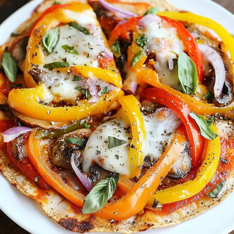 - 2 large flour tortillas - 1 cup marinara sauce - 1 ½ cups shredded mozzarella cheese - ½ cup sliced bell peppers - ½ cup sliced mushrooms - 1 small red onion, thinly sliced - 1 teaspoon dried oregano - 1 teaspoon garlic powder - Pinch of red pepper flakes (optional for a spicy kick) - Fresh basil leaves Gather these ingredients to make your tortilla pizza. The flour tortillas serve as a tasty base. The marinara sauce adds rich flavor, and mozzarella gives you that gooey cheese pull we love. You can mix and match your veggies. The bell peppers add sweetness, while mushrooms provide earthiness. The red onion brings a slight bite that balances the flavors. Lastly, the dried oregano and garlic powder boost the taste. If you want some heat, sprinkle in the red pepper flakes. Don't forget the fresh basil for a lovely finish. {{ingredient_image_2}} - Set temperature to 400°F (200°C). - Allow 5 minutes for heating. - Lay one large flour tortilla flat on your counter. - Spread half of the marinara sauce evenly on the tortilla. - Sprinkle half of the shredded mozzarella cheese on top of the sauce. - Add half of the sliced bell peppers, mushrooms, and red onion. - Season with half of the dried oregano and garlic powder. - If you like heat, add a pinch of red pepper flakes. - Carefully transfer the tortilla pizza to the air fryer basket. - Cook for 6-8 minutes. Look for melted cheese and crispy edges. - Make a second tortilla pizza by repeating steps 2-6. - After cooking, let the first pizza cool for about a minute. - Garnish with fresh basil leaves for flavor. - Slice the pizza into wedges and serve warm. Enjoy your tasty creation! - Monitor cooking time: Keep an eye on the timer. Cooking for 6-8 minutes works well, but check for golden edges. - Adjust temperature if needed: If the pizza is not crisp, you can raise the temperature slightly next time. - Use different cheese varieties: Try cheddar, gouda, or pepper jack for a flavor twist. Each cheese brings a unique taste. - Spread sauce evenly to prevent sogginess: Make sure to layer sauce evenly and leave a border. This keeps the tortilla crisp. - Colorful plate arrangement: Arrange pizza wedges on a bright plate for an appealing look. A pop of color enhances the dish. - Optional garnishes like Parmesan or extra sauce: A sprinkle of Parmesan or a drizzle of sauce adds a gourmet touch. Pro Tips Use Fresh Ingredients: Opt for fresh vegetables and high-quality cheese to enhance the flavor and nutrition of your tortilla pizza. Experiment with Toppings: Feel free to customize your pizza with different toppings like olives, spinach, or pepperoni for a unique twist. Monitor Cooking Time: Keep an eye on your pizza in the air fryer to prevent overcooking; every air fryer is a bit different in cooking times. Serve with Dips: Pair your tortilla pizza with a side of ranch or garlic dipping sauce for added flavor and enjoyment. {{image_4}} You can add cooked chicken or turkey to your tortilla pizza. This makes it more filling and adds great flavor. Another option is to use pepperoni or sausage. These meats add a nice, savory touch. Simply layer them on top of the cheese and veggies. For a veggie-packed pizza, try adding spinach, zucchini, or olives. These ingredients bring freshness and color. You can also use vegan cheese if you want a dairy-free option. It melts well and tastes great, so everyone can enjoy your pizza. Switch up the sauce for fun flavors. You can use pesto for a herbaceous kick. Alfredo sauce offers a creamy alternative. If you like smoky notes, barbecue sauce works well too. Just spread your chosen sauce over the tortilla, and then layer on the toppings. To keep your leftover tortilla pizza fresh, store it right. Place the pizza slices in an airtight container. This container will lock in moisture and flavor. Keep the pizza in the fridge for up to three days. If you want it to last longer, you can freeze it. Wrap each slice in plastic wrap and then put them in a freezer bag. This way, it can last up to two months. Reheating your tortilla pizza correctly is key for crispiness. Use your air fryer for the best results. Set the temperature to 350°F (175°C). Heat for about 3-5 minutes. This method keeps the tortilla crispy and the cheese nice and gooey. You can also use an oven. Preheat it to 350°F (175°C) and bake for 10 minutes. Just make sure to check it to avoid burning. Enjoy that delicious pizza again! Cooking a tortilla pizza in an air fryer takes about 6 to 8 minutes. Preheat your air fryer to 400°F (200°C) for five minutes. Keep an eye on the pizza. You want the cheese melted and bubbly, with crispy edges. If you like it extra crispy, add a minute or two. Yes, you can use whole wheat tortillas. They give a nuttier flavor and a healthier twist. The texture may be slightly different, but they still taste great. Just be careful not to overcook them, as they can become tough. Some popular toppings include: - Pepperoni - Cooked chicken - Spinach - Zucchini - Olives Feel free to mix and match! The key is to balance flavors and colors. Yes, you can make this recipe gluten-free! Use gluten-free tortillas. Many brands offer tasty options now. Just make sure to check the label. Enjoy your gluten-free tortilla pizza without worry! This blog post covered how to make delicious tortilla pizzas in an air fryer. We discussed main ingredients, step-by-step instructions, and tips for a perfect finish. You can add proteins, veggies, or change sauces to fit your taste. Remember to store leftovers properly for quality. Air fryer tortilla pizzas are simple and fun to make. Enjoy creating your own customized pizzas and impress your friends with these tasty snacks. Try new toppings or techniques each time to keep it fresh!