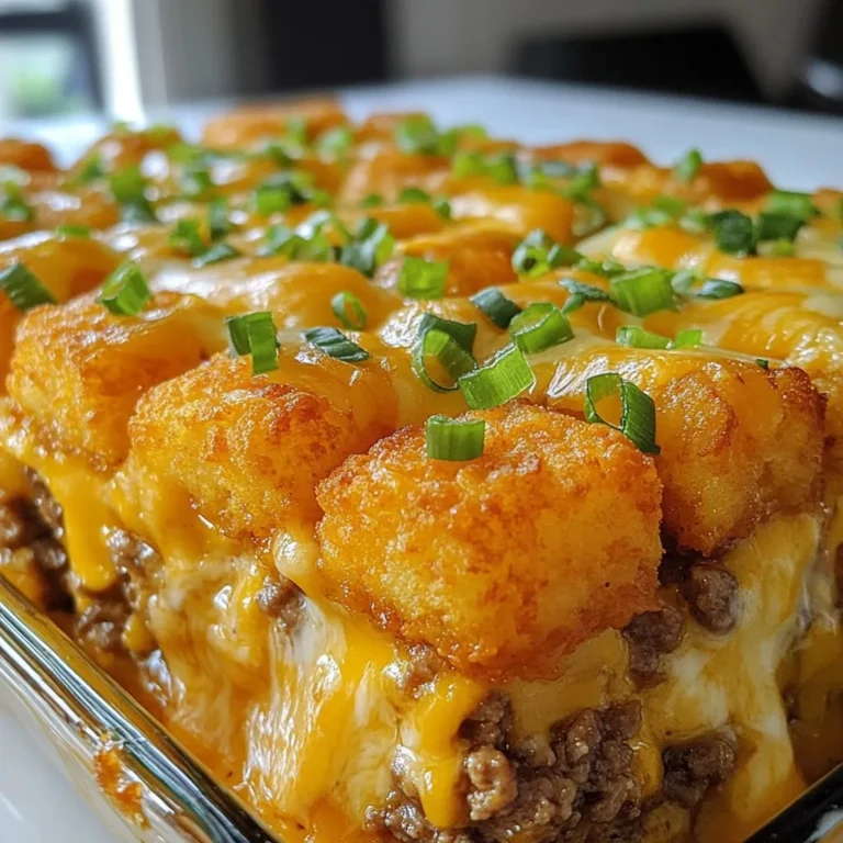 To make this tasty dish, you need some key ingredients: - 1 pound ground beef - 1 small onion, finely diced - 2 cloves garlic, minced - 1 cup sharp cheddar cheese, shredded - 1 cup mozzarella cheese, shredded - 1 can (10.5 oz) creamy mushroom soup - 1 cup whole milk - 1 tablespoon Worcestershire sauce - 1 teaspoon mustard powder - Salt and freshly ground black pepper to taste - 1 package (32 oz) frozen tater tots - 2 tablespoons fresh green onions, chopped (for garnish) These ingredients come together to create a rich, cheesy filling with a crispy top. You can add extra flavors to your casserole with these options: - Cooked bacon bits for a smoky taste - Diced tomatoes for freshness - Pickles or relish for a tangy kick - Different cheeses like pepper jack for a spicy twist These extras can really take your casserole to the next level. To prepare this dish easily, gather the following tools: - A large skillet for cooking the beef - A mixing bowl for combining ingredients - A large casserole dish for baking - A spatula for mixing and serving - Measuring cups and spoons for accuracy Having these tools ready will make cooking smooth and fun! {{ingredient_image_2}} First, preheat your oven to 375°F (190°C). This step is key for a crispy finish. The hot oven helps the tater tots get that golden color. Next, heat a large skillet over medium heat. Add 1 pound of ground beef. Cook it until no pink remains. Use a spatula to break it apart as it cooks. After it's cooked, drain the excess fat to keep it lean. Then, add 1 small diced onion and 2 minced garlic cloves. Sauté these until the onion is clear, about 5 minutes. This adds great flavor to your dish. After that, stir in 1 can of creamy mushroom soup. Also add 1 cup of whole milk, 1 tablespoon of Worcestershire sauce, and 1 teaspoon of mustard powder. Season with salt and pepper to taste. Mix well until everything is warm and combined. Now, grease a large casserole dish with cooking spray or butter. Spread the beef mixture across the bottom. Make sure it’s even. Next, sprinkle 1 cup of sharp cheddar cheese and 1 cup of mozzarella cheese over the beef. Cover it well for a cheesy bite! Finally, place the frozen tater tots in a single layer over the cheese. Make sure they cover the entire surface. This will create a crunchy topping. Bake the casserole for about 30-35 minutes. Keep an eye on it, and take it out when the tater tots are golden brown. Let it cool for about 5 minutes before serving. Garnish with chopped green onions for a fresh touch. Enjoy your cheeseburger tater tot casserole! To get your tater tots crispy, start by preheating your oven to 375°F (190°C). This temperature helps the tots cook evenly. Spread them out in a single layer on the casserole. This ensures they get enough heat and air to crisp up. Bake them for 30-35 minutes until they are golden brown. If you want extra crunch, broil them for the last 2-3 minutes. Just keep an eye on them to prevent burning. Cheese is key to the flavor of this dish. I love using sharp cheddar and mozzarella for a great mix. For more flavor, consider adding pepper jack or gouda. You can also go for a blend of different cheeses. Just remember to shred your cheese for better melting. This makes the casserole creamy and cheesy throughout. Experiment with your favorites to find the perfect blend. To save time, prepare your ingredients in advance. Dice the onion and mince the garlic before you start cooking. This way, you can cook everything quickly. You can also use pre-shredded cheese to cut down on prep time. If you have leftover ground beef, use that instead of cooking fresh. These small tips help you make the casserole faster and easier. Enjoy your cooking! Pro Tips Use Lean Ground Beef: Opt for lean ground beef to reduce excess fat and make the dish healthier. This will also prevent the casserole from becoming greasy. Experiment with Cheese: Feel free to mix different types of cheese for a unique flavor. Gouda or pepper jack can add a delicious twist to the classic cheddar and mozzarella. Customize Your Toppings: Add other toppings like bacon bits or jalapeños before baking for extra flavor and texture. This makes the dish more exciting and personalized. Let It Rest: Allow the casserole to rest for about 5 minutes after baking. This helps the layers to set, making it easier to cut and serve. {{image_4}} You can easily make this dish vegetarian. Replace the ground beef with lentils or black beans. These options add protein and fiber. Use vegetable broth instead of milk and creamy mushroom soup for a rich flavor. You can also add a mix of your favorite vegetables, like bell peppers and mushrooms, to enhance the taste and texture. Want some heat? Add chopped jalapeños or red pepper flakes to the beef mixture. You can also use pepper jack cheese for a spicy kick. This version adds a nice contrast to the creamy filling. Adjust the spice level to suit your taste. This twist makes the dish exciting and full of flavor! Adding more veggies boosts nutrition and flavor. Try mixing in spinach, zucchini, or corn. These colorful veggies make the casserole more appealing. They also add vitamins and minerals. Ensure that the veggies are chopped small so they blend well with the beef mixture. It keeps the casserole creamy and delicious! After enjoying your Cheeseburger Tater Tot Casserole, let it cool. Once cooled, place leftovers in an airtight container. Store in the fridge for up to three days. This keeps it fresh and tasty. If you have a large batch, you can divide it into smaller portions. This way, it’s easier to heat up just what you need. To reheat your casserole, preheat your oven to 350°F (175°C). Place the casserole in an oven-safe dish. Cover it with aluminum foil to keep it moist. Heat for about 20 minutes. Check if it's warm throughout before serving. If you prefer using a microwave, place a portion on a microwave-safe plate. Heat in 1-minute intervals until hot. You can freeze the casserole for later enjoyment. First, let it cool completely. Then, wrap it tightly in plastic wrap. You can also use a freezer-safe container. Label it with the date. Freeze for up to three months. When ready to eat, thaw it overnight in the fridge. Reheat it in the oven or microwave, just as mentioned above. Yes, you can make this casserole ahead of time. Simply follow the recipe up to the baking step. After preparing the layers, cover the dish and store it in the fridge. When you’re ready to bake, add a few extra minutes to the cooking time. This makes it easy for busy nights or meal prep. If you want to change things up, you can use turkey or chicken instead of ground beef. For a vegetarian option, try black beans or lentils. These choices provide great taste and protein. You can also use plant-based meat alternatives for a similar texture. Absolutely! You can use homemade cream of mushroom soup if you prefer. Just make sure it has a similar creamy texture. This can add a personal touch to your casserole. Homemade soup often tastes fresher and can be healthier too. Cheeseburger Tater Tot Casserole is fun, easy, and packed with flavor. We covered the main and optional ingredients, helpful tools, and step-by-step prep. You learned tips for perfect crispiness and how to customize your dish. Variations make this meal adaptable for everyone, even vegetarians. Lastly, proper storage and reheating keep it delicious. This recipe is perfect for busy nights. Give it a try for your next family dinner!