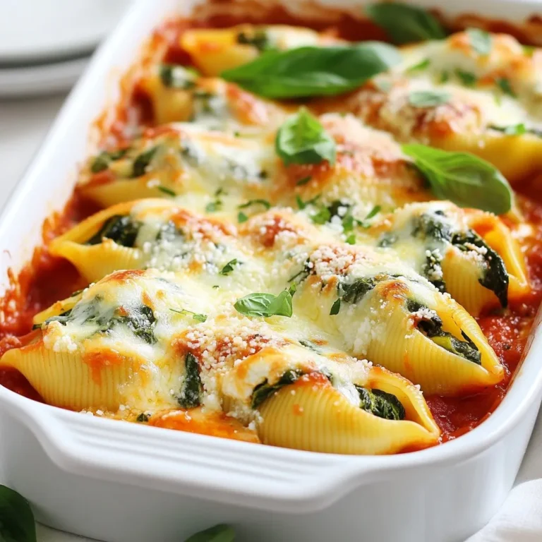 - 20 jumbo pasta shells - 1 cup ricotta cheese - 1 cup fresh spinach, cooked and finely chopped - 1 cup shredded mozzarella cheese (divided) - 1/2 cup grated Parmesan cheese - 1 large egg, beaten - 2 cloves garlic, finely minced - 1 teaspoon dried oregano - 1 teaspoon dried basil - 1 jar (24 oz) marinara sauce - Sea salt and black pepper to taste - Fresh basil leaves for garnish (optional) Gather all the ingredients before you start. This makes cooking easy and fun. I love using fresh spinach for this dish. It adds color and flavor. Ricotta cheese gives a creamy texture that everyone enjoys. The cheeses melt beautifully, making each bite delightful. Do not forget the garlic! It adds a nice aroma and taste. The dried herbs, like oregano and basil, give extra flavor. Use sea salt and black pepper to make everything pop. You can use store-bought marinara sauce or make your own. A good sauce makes a great base for the shells. Lastly, fresh basil leaves are perfect for garnish. They add a nice touch when serving. Let’s get ready to cook! Each ingredient works together to create a tasty dish. You'll love making and sharing these stuffed shells. {{ingredient_image_2}} 1. Preheat your oven to 375°F (190°C). This is the first step toward a tasty meal. 2. In a large pot, bring water to a rolling boil. Add salt to the water. 3. Cook the jumbo pasta shells according to the package instructions. This usually takes about 8-10 minutes until they are al dente. 4. Once done, drain the pasta and let it cool for a few minutes. 1. While the shells cool, it’s time to make the filling. 2. In a large bowl, mix the ricotta cheese, cooked spinach, half of the shredded mozzarella, grated Parmesan cheese, the beaten egg, minced garlic, dried oregano, dried basil, and a sprinkle of sea salt and black pepper. 3. Blend everything well until it’s creamy and smooth. 1. Pour a thin layer of marinara sauce in a 9x13 inch baking dish. This helps keep the shells from sticking. 2. Carefully stuff each pasta shell with a generous spoonful of the ricotta-spinach mixture. Be sure to pack them well but avoid overstuffing. 3. Arrange the stuffed shells in a single layer on top of the marinara sauce. The seam side should face up. 4. Pour the remaining marinara sauce over the top, covering the shells fully. 5. Sprinkle the rest of the mozzarella cheese on top for that melty goodness. 6. Cover the baking dish tightly with foil and place it in the oven. 7. Bake for 25 minutes. This helps the flavors blend nicely. 8. After 25 minutes, remove the foil and bake for another 10 minutes. This allows the cheese to bubble and turn golden. 9. Once done, take the dish out of the oven and let it rest for about 5 minutes before serving. 10. Finish with fresh basil leaves as a lovely garnish! How do you prevent shells from sticking? To keep pasta shells from sticking, add salt to boiling water. Stir gently while cooking. Once drained, toss the shells in a little olive oil. This will help them stay separate. What are tips for cooking al dente? Cook the shells according to the package instructions. This usually takes about 8-10 minutes. Check them a minute or two early. They should be firm but not hard. Remember, they will continue to cook in the oven. How do you add spices for flavor enhancement? Start with basic spices like oregano and basil. You can also try red pepper flakes for heat or nutmeg for warmth. Taste the filling before stuffing. Adjust spices to your liking. What are some alternatives to ricotta? If you want a change, use cottage cheese or cream cheese. You can also try a vegan ricotta made from blended nuts. Each option gives a different taste and texture. How do you achieve the right cheese melt? To get the best melt, use fresh mozzarella. Shred it yourself for better flavor. Cover the dish with foil for the first part of baking. Remove the foil to let the cheese brown nicely. Why is resting the dish before serving important? Let the dish rest for about 5 minutes after baking. This allows the filling to set. It makes serving easier and keeps the shells from falling apart. Enjoy every bit of this tasty meal! Pro Tips Cook Shells Al Dente: Cooking the jumbo shells al dente ensures they hold their shape and texture during baking, preventing them from becoming mushy. Customize the Filling: Feel free to add other ingredients like sautéed mushrooms or sun-dried tomatoes to the ricotta filling for extra flavor and nutrition. Use Fresh Herbs: For a more vibrant flavor, consider using fresh herbs instead of dried ones. Fresh basil and oregano can elevate the dish significantly. Let It Rest: Allow the baked dish to rest for a few minutes before serving. This helps the flavors settle and makes it easier to serve. {{image_4}} You can easily add protein to your Baked Ricotta Spinach Stuffed Shells. If you want meat, try adding cooked chicken or sausage. Simply chop the meat into small pieces and mix it into your ricotta filling. This adds flavor and makes the dish heartier. For a vegetarian twist, add more veggies. You can include mushrooms, bell peppers, or zucchini. Just make sure to cook and chop them finely before mixing them into the filling. This keeps the stuffing creamy while adding extra nutrients. The sauce you choose can change your stuffed shells. You can use homemade marinara for a fresh taste. Just sauté garlic and onions, add crushed tomatoes, and season with herbs. This gives a rich, vibrant flavor. If you're in a hurry, store-bought marinara works well too. Look for a brand with simple ingredients. You can also try using a creamy sauce, like Alfredo, for a different flavor profile. This adds a rich, smooth texture that pairs nicely with the cheese. Not everyone wants to use dairy cheese. For a dairy-free option, look for plant-based ricotta. Many brands make tasty alternatives that mimic the texture and taste. You can also blend nuts and nutritional yeast for a homemade version. If you want to try different cheeses, swap out the ricotta or mozzarella. Cream cheese can add a delightful tang. Feta cheese can also add a nice salty flavor. Mixing various cheeses can create a unique taste and texture in your stuffed shells. To store leftover stuffed shells, let them cool completely. Place them in an airtight container. You can keep them in the fridge for up to three days. When you want to eat them, just reheat in the oven or microwave until warm. To freeze stuffed shells, pack them in a freezer-safe dish. Make sure to layer them with marinara sauce. Cover the dish tightly with plastic wrap and then foil. They can last in the freezer for about three months. When ready to eat, thaw them overnight in the fridge. Bake them in the oven at 375°F (190°C) for 30-35 minutes. To avoid sogginess, do not add too much sauce before freezing. Keep the sauce separate until you are ready to bake. This helps maintain the shells' texture. You can also reheat them in the oven instead of the microwave for better flavor. Enjoy your tasty dish! You can use various pasta shells. Jumbo shells are best for stuffing. However, if you cannot find them, try using manicotti or even large conchiglie. These options hold the filling just as well. Each type brings its own charm to the dish. Yes, you can prepare the stuffed shells ahead of time. Make the filling and stuff the shells. Then, place them in the baking dish with marinara sauce. Cover and refrigerate for up to 24 hours. When ready to bake, just add an extra 10 minutes to the cooking time. Look for a bubbly top and golden cheese. The sauce should be hot and the cheese melted. A toothpick can help check the filling. Insert it into a shell. If it comes out warm, your dish is ready to serve. In this post, we explored making stuffed jumbo pasta shells. We discussed the key ingredients like ricotta, spinach, and marinara. You learned step-by-step instructions for preparing, filling, and baking the shells. We also covered helpful tips and tasty variations. As you try this dish, remember that you can get creative. Enjoy making and sharing your stuffed shells, and feel proud of your delicious meal!