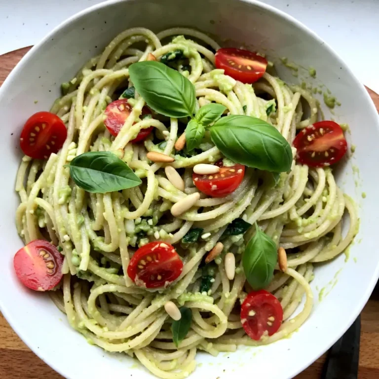 - 12 oz whole grain spaghetti - 2 ripe avocados, pitted and peeled - 2 cloves garlic, minced - ¼ cup fresh basil leaves, plus additional leaves for garnish - 2 tablespoons fresh lemon juice - 3 tablespoons extra virgin olive oil - ½ teaspoon red pepper flakes (adjust based on your spice preference, optional) - ½ cup cherry tomatoes, halved - ¼ cup toasted pine nuts (for garnish) - Salt - Freshly ground black pepper For this creamy avocado pasta, start with whole grain spaghetti. The whole grain adds fiber and nutrients. Ripe avocados give the sauce its rich and creamy texture. Minced garlic brings a nice kick of flavor. Fresh basil leaves add a lovely aroma and taste. Lemon juice brightens the dish and adds freshness. Extra virgin olive oil makes the sauce smooth and adds healthy fats. You can use red pepper flakes for a bit of heat, depending on your taste. Cherry tomatoes add color and sweetness. Toasted pine nuts offer a delightful crunch on top. When seasoning, remember to add salt and freshly ground black pepper to enhance all the flavors. Each ingredient plays a role in making this dish delicious and satisfying. {{ingredient_image_2}} First, fill a large pot with water. Bring the water to a rolling boil. Add a good pinch of salt for flavor. Carefully add 12 oz of whole grain spaghetti into the boiling water. Cook the spaghetti according to the package until it is al dente, about 9-11 minutes. Before draining, save ½ cup of that starchy water. This helps later with the sauce. Once done, drain the spaghetti and place it in a large mixing bowl. While the pasta cooks, let’s make the sauce. Get your food processor ready. In the processor, add 2 ripe avocados, 2 minced garlic cloves, ¼ cup fresh basil leaves, 2 tablespoons lemon juice, and 3 tablespoons extra virgin olive oil. Blend until the mixture is smooth and creamy. If it’s too thick, add some reserved pasta water, one tablespoon at a time. Blend again until it reaches your desired creaminess. Now that your spaghetti is in the bowl, pour the creamy avocado sauce over it. Toss gently so each spaghetti strand gets covered in the sauce. If you like it saucy, mix in more reserved pasta water as needed. If you want some heat, sprinkle in red pepper flakes to taste. Don’t forget to season with salt and freshly ground black pepper. Lastly, fold in the halved cherry tomatoes for a nice touch of freshness and color. Serve your creamy avocado pasta right away. For a beautiful finish, garnish each bowl with extra basil leaves and a sprinkle of toasted pine nuts for a lovely crunch. Enjoy your meal! To make your pasta creamy, use pasta water. This starchy water helps the sauce cling to the pasta. After cooking, save about half a cup before draining the spaghetti. If your sauce feels too thick, add a spoonful of this water, blend, and check the consistency. If you want a richer sauce, try adding a bit of heavy cream or Greek yogurt. These options make the sauce even silkier. You can also blend in a bit of cooked white bean for extra creaminess and nutrition. Enhance the flavor with spices and herbs. Try adding garlic powder or onion powder for more depth. A squeeze of lime juice can also brighten the dish. Fresh herbs like parsley or cilantro can add a nice touch. For added freshness, serve with halved cherry tomatoes. These juicy bites bring color and a sweet contrast. You can also serve the pasta with a simple side salad for extra crunch. Garnish your creamy avocado pasta for a nice look. Add extra basil leaves on top for color. Toasted pine nuts give a great crunch and a nutty taste. When serving, use large bowls. This gives a nice visual appeal. You can also drizzle some olive oil over the top for shine before serving. This little touch makes your dish look gourmet! Pro Tips Choose Ripe Avocados: Make sure your avocados are perfectly ripe for the creamiest sauce. They should yield slightly when gently squeezed. Add Flavor Depth: Consider adding a pinch of nutritional yeast or a splash of white wine vinegar to the sauce for an extra layer of flavor. Customize Your Greens: Feel free to mix in other greens like spinach or arugula to the avocado sauce for added nutrients and a different flavor profile. Storing Leftovers: To prevent browning, store any leftovers in an airtight container, pressing plastic wrap directly onto the surface of the sauce before sealing. {{image_4}} To make this dish vegan, simply swap the ingredients that aren't plant-based. Use whole grain spaghetti, which is vegan-friendly. The main stars, avocados, garlic, fresh basil, lemon juice, and olive oil, are already vegan. You can also skip the red pepper flakes if you prefer no heat. This keeps the recipe simple while ensuring it's still full of flavor. If you want to add protein, consider chicken, shrimp, or plant-based options. Grilled chicken adds a nice texture and flavor. For shrimp lovers, sauté some shrimp in olive oil until they are pink and add them to the pasta. If you prefer plant-based proteins, try chickpeas or tofu. They can give you that extra boost without losing the creamy taste. Using seasonal vegetables or herbs can make your dish shine. In spring, add fresh peas or asparagus. In summer, ripe tomatoes work great. In fall, try adding roasted pumpkin or squash. For herbs, swap basil for parsley or mint based on what’s fresh. These small changes keep the dish exciting and fresh every time you make it. To keep your creamy avocado pasta fresh, store it in an airtight container. Place the pasta in the fridge as soon as it cools. It will stay good for about 2-3 days. If you notice browning on the avocado sauce, stir it well before serving. You can also add a splash of lemon juice to keep the color bright. When reheating, use low heat to avoid making the pasta mushy. You can use a pan or the microwave. If using a pan, add a little water or olive oil to keep it moist. Stir gently until warmed through. In the microwave, cover the dish with a lid or a damp paper towel. Heat in short bursts, stirring in between. You can freeze the avocado sauce if you want to save it for later. Place it in a freezer-safe bag or container. Squeeze out as much air as possible before sealing. The sauce can last up to 3 months in the freezer. When ready to use, thaw it in the fridge overnight. You can mix it with freshly cooked pasta. Avoid freezing the pasta itself, as it can lose its texture. Yes, you can use different types of pasta. Here are some great options: - Penne - Fusilli - Farfalle - Zucchini noodles for a low-carb version These alternatives work well with the creamy avocado sauce. They provide different shapes and textures, making your dish fun and unique. Avocado pasta is very healthy! Here are some benefits: - Avocados are rich in healthy fats, which help your heart. - They contain fiber, good for digestion. - Whole grain spaghetti provides complex carbs for energy. This dish is a smart choice for a balanced meal. It supports health while tasting amazing. The avocado sauce is best fresh. However, you can store it. Here are some tips: - Place it in an airtight container. - Add lemon juice to slow browning. - Keep it in the fridge for up to 2 days. If it turns brown, it’s still safe to eat, but fresh is best! This article covered a tasty avocado pasta recipe. We explored main and optional ingredients, such as whole grain spaghetti and ripe avocados. I shared step-by-step instructions, tips for creaminess and flavor, variations for different diets, and storage info. In conclusion, this dish is versatile and easy to customize. Whether you prefer it vegan or with added protein, enjoy experimenting with flavors. With these methods, you can create a fresh and healthy meal for any occasion.