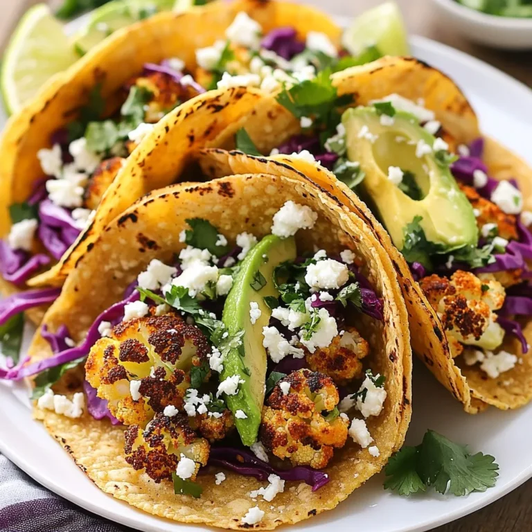 - 1 medium head of cauliflower, cut into bite-sized florets - 8 small corn tortillas, preferably soft and flexible - 1 cup red cabbage, finely shredded - 1 ripe avocado, sliced thinly - 1/2 cup fresh cilantro, chopped - 1/4 cup fresh lime juice - 1/2 cup crumbled feta cheese (optional) The star of these tacos is the cauliflower. When roasted, it becomes tender and full of flavor. The tortillas serve as the perfect base, holding all the tasty toppings. Red cabbage adds a nice crunch, while avocado brings creaminess. Fresh cilantro and lime juice brighten up each bite. - 2 tablespoons extra virgin olive oil - 1 teaspoon smoked paprika - 1 teaspoon ground cumin - 1/2 teaspoon garlic powder - Salt and freshly cracked pepper to taste - 1/4 teaspoon chili powder (optional) Spices are key to flavor. Smoked paprika gives a deep, rich taste. Ground cumin enhances the earthiness of the cauliflower. Garlic powder adds a nice depth. Salt and pepper boost all the flavors. If you want a little heat, chili powder is a great choice. You can mix and match spices to suit your taste! {{ingredient_image_2}} - Preheat the Oven: First, set your oven to 425°F (220°C). This heat will help the cauliflower roast perfectly. - Seasoning the Cauliflower: Take a large bowl. Add the bite-sized cauliflower florets. Then, pour in 2 tablespoons of extra virgin olive oil. Next, sprinkle in 1 teaspoon of smoked paprika, 1 teaspoon of ground cumin, and 1/2 teaspoon of garlic powder. Add salt and freshly cracked pepper to taste. Toss the florets well, ensuring each piece is coated in the seasoning mix. - Arranging on Baking Sheet: Line a baking sheet with parchment paper. Spread the seasoned cauliflower in a single layer. This helps them roast evenly. - Roasting Time and Tips: Place the baking sheet in the oven. Roast for 25-30 minutes. The cauliflower should be fork-tender and caramelized by the time it’s done. Remember to turn the florets halfway through for even cooking. - Warming Technique: While the cauliflower roasts, grab a skillet. Heat it on medium. Warm each corn tortilla for about 30 seconds on each side. This makes them soft and pliable. - Keeping Tortillas Soft: After warming, stack the tortillas and wrap them in a clean kitchen towel. This keeps them warm and prevents them from drying out. - Layering Ingredients: Once the cauliflower is ready, remove it from the oven. For each taco, lay a few roasted cauliflower florets on a warm tortilla. Add a generous amount of shredded red cabbage, slices of avocado, and chopped cilantro. - Adding Optional Feta: If you like, sprinkle crumbled feta cheese over the top. It adds creaminess and a nice tang to the tacos. Don’t forget to finish with fresh lime juice for a pop of brightness! To get that sweet, rich flavor, you want your cauliflower to caramelize. Start by preheating your oven to 425°F (220°C). This high heat helps the natural sugars in the cauliflower brown nicely. Make sure to coat the florets evenly with olive oil and spices. Spread them out on the baking sheet. If they are too close together, they will steam instead of roast. Roast them for 25-30 minutes, turning halfway for even browning. Many people forget to season well. A pinch of salt and pepper makes a big difference. If your cauliflower is not browning, it might be overcrowded. Also, don’t skip the olive oil. It helps with both flavor and texture. If you roast at a lower temperature, you won’t get that nice caramelization. Keep an eye on the time to avoid overcooking. When serving your tacos, arrange them on a colorful platter. This makes the meal more inviting. You can stack them or lay them side by side. Adding lime wedges around the tacos adds color and freshness. Top your tacos with fresh cilantro and a sprinkle of feta cheese. This adds a pop of color and flavor. You can also add more lime juice just before serving. It gives a bright finish that enhances the taste. You can switch up the toppings based on your taste. Try adding diced tomatoes or sliced radishes for more crunch. You can also use pickled onions for a tangy twist. If you want more protein, add black beans or grilled chicken. If you like it spicy, add more chili powder. You can also include jalapeños or hot sauce. For a milder flavor, skip the chili powder and go easy on the cumin. Always taste as you go to find your perfect level. Pro Tips Use Fresh Ingredients: Always opt for fresh vegetables and herbs to enhance the flavor and nutritional value of your tacos. Experiment with Spices: Feel free to add other spices like coriander or chili flakes to customize the flavor profile to your liking. Make it Vegan: Omit the feta cheese and use a plant-based yogurt or cream for a delicious vegan alternative. Meal Prep Friendly: Roast extra cauliflower and store it in the fridge for quick taco assembly throughout the week. {{image_4}} Replacing Feta Cheese To make these tacos vegan, simply skip the feta cheese. You can use creamy avocado instead. It adds a wonderful texture and flavor. Nutritional yeast is another great option. It gives a cheesy taste without dairy. Additional Protein Sources If you want more protein, consider adding black beans or chickpeas. Both options pair well with the roasted cauliflower. They also boost the meal's heartiness. You can mix them in with the cauliflower before roasting. This way, they soak up all the spices too. Salsa and Sauces Enhance your tacos with salsa. Fresh tomato salsa adds zest. Mango salsa brings sweetness. You can also use a drizzle of tahini sauce for creaminess. It works well with the roasted flavors. Extra Veggies to Include Feel free to add more veggies. Pickled red onions give a tangy crunch. Roasted bell peppers add sweetness. You can also include corn for a pop of color and flavor. Mix and match to find your favorite combo. Hard Shell vs. Soft Tortilla You can choose between hard shells or soft tortillas. Hard shells add a nice crunch. Soft tortillas provide a warm, chewy base. Both options work great. It all comes down to your personal taste. Other Types of Tortillas Experiment with different tortillas. Flour tortillas are soft and pliable. Whole wheat tortillas add a nutty flavor. You can even try lettuce wraps for a low-carb option. Each type brings its own flair to the dish. - Refrigeration Guidelines: Place leftover tacos in an airtight container. They stay fresh for about 2-3 days in the fridge. If the tortillas become soggy, you can store the filling and tortillas separately. This keeps them fresh longer. - Freezing Tips: You can freeze the roasted cauliflower filling. Store it in a freezer-safe bag for up to 2 months. Just make sure to cool it first. The tortillas can also be frozen, but they may lose some texture. - Best Methods for Reheating: For the best taste, reheat the cauliflower in the oven. Preheat your oven to 350°F (175°C). Spread the cauliflower on a baking sheet and heat for about 10 minutes. You can also use a microwave, but the oven helps keep the crunch. - Maintaining Flavors and Texture: If you microwave, cover the cauliflower to avoid drying. For tortillas, warm them in a skillet for 30 seconds on each side. This helps keep them soft and tasty. Yes, you can use frozen cauliflower for these tacos. Frozen cauliflower can save time, and it still tastes good. - Tips for Using Frozen Ingredients: - Thaw the cauliflower first. - Drain any extra moisture to avoid sogginess. - Roast at the same temperature but check for doneness. You can easily prep these tacos ahead. This way, you save time during meals. - Meal Prep Strategies: - Roast the cauliflower and store it in the fridge. - Warm the tortillas just before serving. - Chop veggies like cabbage and cilantro ahead of time. These tacos pair well with many sides and drinks. - Suggested Side Dishes and Drinks: - Serve with black beans or rice for a filling meal. - A fresh salad adds crunch and color. - Pair with limeade or a light beer for drinks. In this post, we covered how to make roasted cauliflower tacos. We explored the main ingredients, spices, and step-by-step instructions for preparation and assembly. You learned tips for perfect roasting and ideas for customizing your tacos, along with storage info for leftovers. Roasted cauliflower tacos are tasty and easy to make. They fit many diets and can be modified to suit your tastes. Enjoy experimenting with flavors and toppings. Happy cooking!