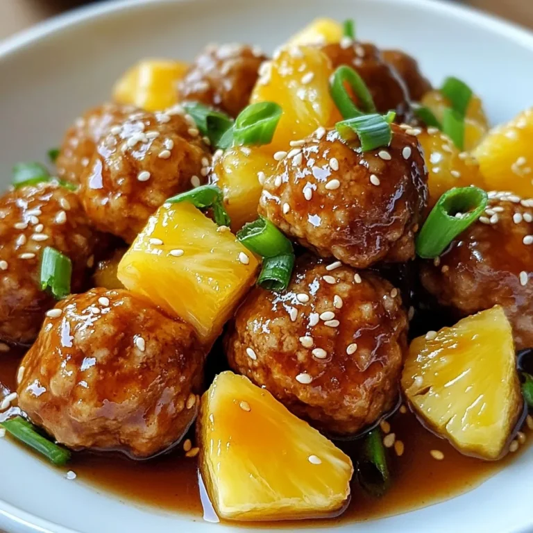 - 1 lb ground chicken or turkey - 1/2 cup breadcrumbs - 1/4 cup grated Parmesan cheese - 1 egg, lightly beaten - 1 cup fresh pineapple chunks (or canned) I like using ground chicken or turkey because they are lean and tasty. They mix well with breadcrumbs and Parmesan cheese. This combination gives the meatballs a nice texture. The egg helps to bind everything together, making them hold their shape. Using fresh pineapple gives a sweet, juicy burst of flavor. If fresh is not available, canned pineapple works too. Just make sure to drain it well before use. - 2 cloves garlic, minced - 1/2 teaspoon ginger powder - 1 teaspoon salt - 1/2 teaspoon black pepper - 1/4 cup green onions, chopped (plus extra for garnish) - 1/2 cup teriyaki sauce - 1 tablespoon sesame seeds (for garnish) Garlic and ginger add a nice kick to the meatballs. They make each bite flavorful. Salt and pepper bring out the best in all the ingredients. The teriyaki sauce is key to the dish. It adds a sweet and savory taste that pairs well with the pineapple. Green onions and sesame seeds add a fresh touch and a bit of crunch when served. These ingredients come together to create a delicious dish that is easy to make and sure to please. {{ingredient_image_2}} To start, grab a large mixing bowl. Add 1 pound of ground chicken or turkey. Next, sprinkle in 1/2 cup of breadcrumbs, 1/4 cup of grated Parmesan cheese, and 1 lightly beaten egg. Now, add 2 minced garlic cloves, 1/2 teaspoon of ginger powder, 1 teaspoon of salt, and 1/2 teaspoon of black pepper. Finally, mix in 1/4 cup of chopped green onions. Use your hands or a wooden spoon to mix everything well. This is very important. Even mixing ensures that each meatball has the same great taste. Now it’s time to shape the meatballs. Take small amounts of the mixture and roll them into balls. Aim for about 1 inch in diameter. Place the meatballs on a baking sheet lined with parchment paper to stop them from sticking. Preheat your oven to 400°F (200°C). Once it’s hot, bake the meatballs for 15-20 minutes. They should be golden brown and fully cooked when done. While the meatballs bake, let’s make the teriyaki sauce. Grab a small saucepan and add 1/2 cup of teriyaki sauce and 1 cup of fresh pineapple chunks. Heat this over medium heat. Stir gently and let it simmer for about 5-7 minutes. You’ll know it's ready when the sauce thickens slightly and the pineapple softens. This sweet and savory sauce will coat the meatballs perfectly. Once the meatballs are done baking, carefully take them out of the oven. Transfer them into the saucepan with your teriyaki sauce. Gently stir to coat each meatball evenly. This step makes sure every bite is bursting with flavor. Before serving, you can add extra chopped green onions and a sprinkle of sesame seeds for a nice touch. To get the best meatballs, focus on texture and taste. Use ground chicken or turkey for a lean and moist option. Mixing breadcrumbs with Parmesan cheese adds flavor and helps bind the meat. Keep your hands clean and shape the meatballs to about one inch in size. This ensures even cooking. Avoid overmixing the meat. This can make the meatballs tough. Instead, mix just until combined. Don't pack them too tightly when rolling. This keeps them light and tender. For the teriyaki sauce, you want a nice balance. If it's too thin, let it simmer longer. This thickens the sauce and enhances the flavor. If it's too thick, add a splash of water. Stir well to combine. To balance the taste, consider adding a splash of rice vinegar. This brightens the sauce and cuts through the sweetness. You can also add a dash of chili flakes for heat if you like. Experiment to find your perfect flavor! Pro Tips Use Fresh Ingredients: Fresh pineapple and quality ground chicken or turkey will enhance the flavor and texture of your meatballs. Don’t Overmix: When combining the ingredients for the meatballs, mix just until combined. Overmixing can lead to tough meatballs. Experiment with Sauces: Feel free to substitute teriyaki sauce with your favorite Asian-inspired sauces for a unique twist. Make Ahead: Prepare the meatballs in advance and refrigerate or freeze them. This makes for a quick and easy meal on busy days! {{image_4}} You can switch the ground chicken or turkey for beef. This change adds a richer taste. You can also use plant-based meat if you want a vegetarian option. Each meat type will change the flavor a bit. Chicken is mild, while beef has a stronger flavor. Vegetarian options can absorb the teriyaki sauce well, making them tasty too. Want some heat? Add chili paste or sriracha to your teriyaki sauce. For a sweeter twist, mix in honey or brown sugar. You can also add vegetables to the sauce. Peppers, snap peas, or carrots can add crunch and color. Cook them in the sauce to absorb the flavor. Serve these meatballs with rice for a hearty meal. Steamed vegetables pair nicely too. You can also get creative! Skewer the meatballs for a fun appetizer. Lettuce wraps make a fresh option for serving. Just wrap the meatballs in lettuce leaves with extra sauce. These ideas will make your meal exciting and delicious! Store leftover meatballs in airtight containers. This keeps them fresh and tasty. Make sure to let them cool first. Place a piece of parchment paper between layers if stacking. Refrigerate the meatballs for up to three days. When you want to eat them, simply reheat in the microwave. Heat for one to two minutes or until warm. You can also use the oven. Preheat it to 350°F (175°C) and heat them for about 10-15 minutes. To freeze meatballs, let them cool completely first. Place them in a single layer on a baking sheet. Freeze for about one hour. Once frozen, transfer them to freezer bags. Remove as much air as possible to prevent freezer burn. Meatballs can last up to three months in the freezer. When you're ready to eat, thaw them in the fridge overnight. For quick thawing, use the microwave. Reheat them in the microwave or oven as before. Enjoy your delicious meatballs anytime! You can use many meats or plant-based options. Try ground beef or pork for a richer flavor. For a lighter choice, use ground chicken or turkey. If you prefer plant-based, consider lentils or chickpeas. These options can give you tasty meatballs too. Yes, you can prep these meatballs ahead. Mix the meatball ingredients and shape them. Store them in the fridge for up to 24 hours. You can also freeze them for later use. Just bake them when you're ready. Making teriyaki sauce is easy! Combine these simple ingredients: - 1/4 cup soy sauce - 1/4 cup brown sugar - 1 tablespoon rice vinegar - 1 teaspoon sesame oil - 1 teaspoon cornstarch (for thickening) Mix everything in a saucepan and heat until it thickens. You can add ginger or garlic for extra flavor. These meatballs pair well with many sides. Here are a few ideas: - Steamed rice or jasmine rice - Stir-fried veggies like broccoli or bell peppers - Salad with a light vinaigrette - Lettuce wraps for a fresh bite These sides will balance the sweet and savory flavors of the meatballs perfectly. Pineapple Teriyaki Meatballs are easy and fun to make. We talked about key ingredients like ground chicken, pineapple, and teriyaki sauce. I shared step-by-step instructions, tips for great texture, and ideas for variations. Remember, you can change the meat, add spices, or serve with different sides. Finally, store and reheat meatballs properly to enjoy later. With these tips, you're ready to make a delicious meal that everyone will love!