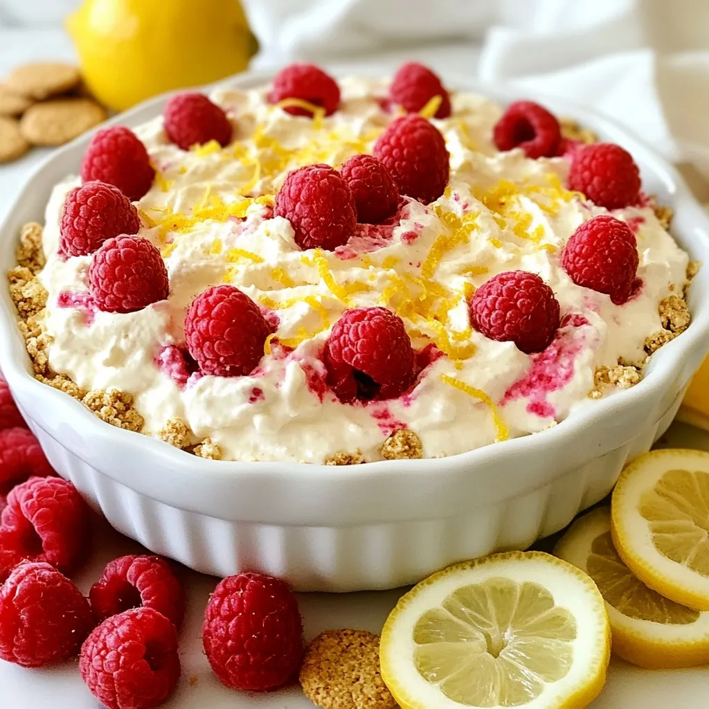 - 1 cup fresh raspberries - 8 oz cream cheese (softened) - ½ cup powdered sugar - ¼ cup sour cream - 2 tablespoons freshly squeezed lemon juice - Zest of 1 medium lemon - 1 teaspoon pure vanilla extract - Dipping options: graham cracker crumbs, fresh fruit, pretzel sticks Gather these ingredients before you start. Fresh raspberries are key to a bright flavor. Use softened cream cheese for a smooth base. The powdered sugar adds sweetness, while the sour cream gives a nice tang. Fresh lemon juice and zest bring brightness and zest to the dip. Pure vanilla extract rounds out the flavors perfectly. For dipping, graham cracker crumbs add crunch. Fresh fruit, like apples or strawberries, pairs well too. Pretzel sticks add a salty twist, creating a fun mix of flavors. This simple list ensures your dip is both tasty and easy to make. {{ingredient_image_2}} - Mixing the cream cheese Start by placing 8 oz of softened cream cheese in a large bowl. Use an electric mixer on medium speed. Beat it until smooth and creamy. This step ensures there are no lumps. A smooth base is key for a great dip. - Incorporating remaining ingredients Next, add ½ cup of powdered sugar, ¼ cup of sour cream, 2 tablespoons of lemon juice, the zest of 1 lemon, and 1 teaspoon of vanilla extract. Mix on medium speed until everything blends well. Scrape the sides of the bowl as needed. The mixture should be fluffy and light. - Adding raspberries without mashing Take 1 cup of fresh raspberries. Gently fold them into the dip with a spatula. Be careful not to mash them too much. You want some whole raspberries to give the dip texture and color. - Adjusting sweetness After mixing, taste the dip. If you want it sweeter, add more powdered sugar. Stir in small amounts until it reaches your desired level of sweetness. - Serving presentation Spoon the dip into a nice serving bowl. For a lovely touch, swirl a few whole raspberries on top. This adds color and makes it look fancy. - Whole raspberries for topping Reserve a few whole raspberries from your cup to use as a topping. They add a fresh and vibrant look. - Optional mint leaves for decoration Scatter some mint leaves on top for a pop of green. This adds aroma and makes your dip even more appealing. To make a creamy dip, start with softened cream cheese. This step is key. Soft cream cheese mixes better and creates a smooth texture. Use an electric mixer on medium speed. Beat until it is completely smooth, with no lumps. Scrape down the sides of the bowl as needed. This ensures all parts mix well. You can adjust the sweetness to fit your taste. Start with half a cup of powdered sugar. If you want it sweeter, slowly add more sugar. Taste as you go to find the right balance. Adding extra lemon zest also boosts the flavor. It gives a fresh and zesty kick. Just a teaspoon will brighten the dip. Choosing the right dippers makes this dip even better. I love using graham cracker crumbs for a sweet touch. Fresh fruit, like apple or banana slices, adds a nice contrast. Pretzel sticks give a fun crunch. For serving, use a bright bowl to catch the eye. You can surround the dip with colorful fruits for a vibrant display. Scatter a few mint leaves on top for a fresh look. Pro Tips Use Room Temperature Cream Cheese: Make sure your cream cheese is softened to room temperature for a smooth and creamy texture. This prevents lumps and ensures easy mixing. Adjust Sweetness to Taste: Start with the suggested amount of powdered sugar, then adjust to your preference. This allows you to control the sweetness level of your cheesecake dip. Garnish Creatively: Enhance the visual appeal by garnishing with fresh raspberries and sprigs of mint. This adds color and freshness, making your dish more appetizing. Experiment with Dippers: Don't limit yourself to just graham crackers! Try using a variety of dippers like apple slices, banana chunks, or even pretzel crisps for a fun twist. {{image_4}} You can change the flavor of your dip by adding different fruits. Strawberries and blueberries are great options. They add a sweet and tart taste that pairs well with lemon. Just chop them up and fold them in like you do with raspberries. You can also infuse the dip with fresh herbs. Basil or mint can bring a surprising twist. Chop the herbs finely and mix them in for a fresh, unique flavor. If you need gluten-free dippers, try rice crackers or apple slices. They work great with the dip and keep it light. For a dairy-free version, use vegan cream cheese. Many brands make tasty alternatives. You can also use coconut cream for a rich texture. Just remember to adjust the sweetness based on what you choose. You can easily scale this recipe for larger gatherings. Just double or triple the ingredients based on how many people you serve. If you want smaller portions, halve the recipe. It still tastes great, and you won’t waste any. Adjust the dippers too, so everyone has enough to enjoy. To keep your Raspberry Lemon Cheesecake Dip fresh, store it in the fridge. Use an airtight container. This helps lock in the flavor and texture. When storing, place plastic wrap directly on the dip before sealing. This prevents air from getting in. For longer storage, you can freeze the dip. Use a freezer-safe container. Make sure to leave some space at the top, as the dip may expand. When you want to enjoy it again, thaw it in the fridge overnight. In the fridge, your dip lasts about 3 to 5 days. If you freeze it, it stays good for about 2 months. Check your dip for any signs of spoilage. If it smells sour or has a watery layer on top, it's time to toss it. The dip should look smooth and creamy. If it separates too much or changes color, these are bad signs too. Enjoy your dip while it’s fresh for the best taste! To make this dip vegan, you can swap cream cheese for a plant-based version. Use coconut yogurt or cashew cream for sour cream. Replace powdered sugar with a vegan sweetener. Use lemon juice and zest as usual. This keeps the bright taste while being vegan-friendly. Yes, you can make this dip ahead! Prepare it a day before your event. Store it in the fridge in an airtight container. This gives the flavors time to blend. Just be sure to give it a quick stir before serving. You can serve a variety of dips with this cheesecake dip. A classic chocolate fondue adds sweetness. A savory hummus offers a nice contrast. You can also try a fresh fruit salsa for a colorful touch. These options make your dessert table more exciting. To serve more people, double or triple the ingredients. Keep the same mixing steps. Use a larger bowl to mix everything. This ensures each guest can enjoy a generous portion. Adjust dippers based on the number of servings too. Yes, you can use frozen raspberries! Thaw and drain them first to remove extra moisture. This keeps the dip creamy and thick. While fresh raspberries have a brighter flavor, frozen ones still work well. They make the dip convenient year-round. This recipe for Raspberry Lemon Cheesecake Dip combines sweet and tart flavors. You need just a few simple ingredients and clear steps to make it. Remember to adjust sweetness and use great dippers for the best experience. Try variations with other fruits or herbs to mix things up. Store leftovers properly for freshness. Enjoy this delightful dip at your next gathering or as a tasty snack. Each bite brings joy and flavor. You can easily impress your friends and family with this treat!