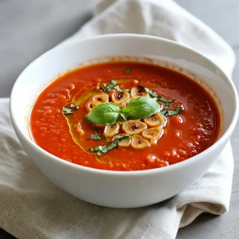 To make a delicious roasted garlic tomato soup, gather these key ingredients: - Ripe tomatoes - Garlic - Onion - Olive oil - Dried oregano - Vegetable broth - Salt and pepper - Fresh basil leaves - Balsamic vinegar (optional) Each ingredient plays a special role in the soup. Ripe tomatoes add sweetness and depth. Garlic brings warmth and a rich flavor. The onion gives a nice base, making the soup feel hearty. Olive oil helps blend all the flavors smoothly. Dried oregano adds a hint of earthiness. Vegetable broth provides a savory backdrop. Salt and pepper enhance all the other tastes. Fresh basil leaves brighten up each bowl. If you want a little extra zing, balsamic vinegar is perfect. It adds a touch of sweetness and complexity. By choosing fresh, high-quality ingredients, you elevate your soup. The vibrant colors and bold flavors will impress anyone who tastes it. {{ingredient_image_2}} Start by setting your oven to 400°F (200°C). Preheating is key for even cooking. A hot oven helps the tomatoes roast well. Next, take 6 ripe tomatoes and cut them in half. Place them cut-side up on a baking tray lined with parchment paper. Add 1 head of unpeeled garlic next to them. Drizzle 1 tablespoon of olive oil over the tomatoes and garlic. Then, sprinkle salt and pepper to taste. This will enhance the flavors. Roast everything for 30-35 minutes. You want the tomatoes to soften and the garlic to turn golden brown. While your tomatoes and garlic roast, take a large pot. Heat 1 tablespoon of olive oil over medium heat. Once hot, add 1 medium onion, finely chopped. Stir the onion for about 5 minutes. You want it to soften and turn translucent. This step adds depth to your soup. With these steps, you set a strong flavor base for your roasted garlic tomato soup. The warmth from the oven and the oil makes the kitchen smell amazing. Enjoy the process! To boost the taste of your roasted garlic tomato soup, consider these tips: - Add a splash of balsamic vinegar. - Use fresh herbs like thyme or rosemary. - Mix in a pinch of red pepper flakes for heat. - Top with a dollop of cream or yogurt for richness. Each add-on brings a unique layer to your soup. Experiment and find your favorite combo! For a smooth soup, blending is key. Here’s how: - Use an immersion blender for ease. - If using a standard blender, blend in small batches. - Let hot soup cool slightly before blending to avoid splashes. - Blend until completely smooth for the best texture. These methods help create a nice, creamy soup base. Serve your roasted garlic tomato soup with these ideas: - Pair it with crusty bread for dipping. - Add a sprinkle of croutons for crunch. - Garnish with fresh basil and a drizzle of olive oil. - Serve with a side salad for a complete meal. These simple touches make your soup even more enjoyable! Pro Tips Use Fresh Ingredients: Opt for the ripest tomatoes you can find, as they will provide the best flavor. Seasonal produce enhances the taste of your soup. Don’t Rush the Roasting: Allow the tomatoes and garlic to roast until caramelized. This process deepens their flavors, creating a richer soup. Adjust Consistency: If you prefer a chunkier soup, blend only half of the mixture and leave the other half unblended. This adds texture while still providing a smooth base. Experiment with Herbs: Feel free to mix in other herbs like thyme or basil during cooking for an aromatic twist. Fresh herbs can also be added as a garnish for added flavor. {{image_4}} You can make your roasted garlic tomato soup creamy by adding dairy. Stir in ½ cup of heavy cream or half-and-half after blending. This addition gives the soup a rich taste. For a lighter option, use coconut milk. It adds creaminess with a hint of sweetness. This variation pairs well with fresh basil. If you like heat, add spices to your soup. Try mixing in ½ teaspoon of red pepper flakes or diced jalapeños. Add them while the onions sauté for a deeper flavor. You can also drizzle in some hot sauce before serving. This variation brings a new kick to your soup. To keep it vegan, avoid dairy. Instead, use almond milk or cashew cream for creaminess. You can also add more vegetables like carrots or bell peppers when cooking the onions. This boosts nutrition and flavor. For added protein, toss in some cooked lentils or chickpeas. These changes keep your soup hearty and satisfying. Once your roasted garlic tomato soup cools, store it in an airtight container. This helps keep the flavors fresh. It will stay good for about 3 to 5 days in the fridge. Make sure to label the container with the date. This way, you won’t forget when you made it. If you want to save it for later, freezing is a great option. Pour the cooled soup into freezer-safe bags or containers. Leave some space at the top for expansion. You can freeze it for up to 3 months. When you’re ready to enjoy it, just thaw it in the fridge overnight. To reheat the soup, pour it into a pot over medium heat. Stir often to prevent it from sticking. Heat until it’s warm throughout, about 5 to 10 minutes. If the soup seems too thick, add a bit of vegetable broth or water. You can also use the microwave. Just heat it in short bursts, stirring in between. This keeps the soup smooth and tasty. Yes, you can use canned tomatoes. Choose whole or diced tomatoes. They save time and still taste great. Just remember to drain them if they are packed in juice. Using canned tomatoes makes this dish quick and easy. Roasted Garlic Tomato Soup pairs well with many foods. You can serve it with: - Grilled cheese sandwiches - Crusty bread or baguette - Fresh salads - Cheese platters These sides add texture and flavor, making your meal more satisfying. Roasted Garlic Tomato Soup lasts about 4-5 days in the fridge. Store it in an airtight container. Make sure it cools completely before refrigerating. You can also freeze the soup for up to 3 months for later enjoyment. This blog post covered how to make delicious roasted garlic tomato soup. You learned about key ingredients like ripe tomatoes, garlic, and fresh basil. We explored step-by-step instructions for roasting and mixing. You found tips on enhancing flavor and ideas for serving. Variations let you enjoy creamy or spicy twists. Lastly, storage tips ensure your soup stays fresh. Making this soup is fun and rewarding. You can easily impress family and friends. Enjoy every bite of your homemade creation!
