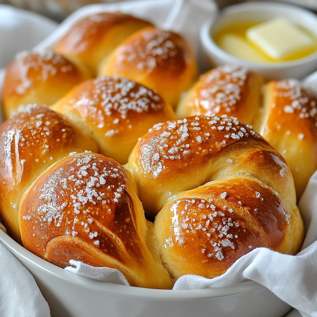 To make these tasty rolls, you need a few key ingredients: - 4 cups all-purpose flour - 1 packet (2 ¼ teaspoons) active dry yeast - 1 cup warm water (between 110°F to 115°F) - ¼ cup granulated sugar - ½ cup unsalted butter, melted - 1 teaspoon fine salt - ⅓ cup baking soda (for boiling) - Coarse sea salt (for topping) - 1 egg (for egg wash) These ingredients come together to create a soft, buttery texture, perfect for any meal. If you need to make changes, here are some options: - Use bread flour instead of all-purpose flour for a chewier roll. - Swap granulated sugar for brown sugar for a richer flavor. - Coconut oil can replace unsalted butter for a dairy-free option. - For gluten-free rolls, use a gluten-free flour blend that works for baking. These substitutions help you adjust the recipe based on what you have at home. To make these rolls, gather these tools: - Large mixing bowl - Small bowl for yeast - Whisk for mixing - Slotted spoon for boiling - Baking sheet lined with parchment paper - Clean kitchen towel for covering dough These tools ensure you have everything you need to create perfect buttery soft pretzel rolls. {{ingredient_image_2}} To start, you need to activate the yeast. In a small bowl, mix warm water and sugar. The water should feel warm, about 110°F to 115°F. Stir gently until the sugar dissolves. Next, sprinkle the active dry yeast on top. Let it sit for 5 to 10 minutes. You will see it foam. This foam means the yeast is alive and ready to work. Now, grab a large mixing bowl. Mix the all-purpose flour and fine salt. Once the yeast mixture is frothy, pour it into the flour. Add the melted butter to the bowl as well. Stir until you see a soft dough start to form. This dough will be the base of your pretzel rolls. Transfer the dough onto a floured surface. Knead the dough for about 5 to 7 minutes. It should become smooth and elastic. When you finish kneading, place the dough in a greased bowl. Cover it with a clean kitchen towel. Let it rise in a warm spot for about 1 hour. The dough should double in size. Once the dough has risen, punch it down gently. This releases the air. Divide the dough into 12 equal pieces. Roll each piece into a ball. Let the shaped rolls rest for about 10 minutes. This helps them relax, making them easier to shape later. In a large pot, bring water to a rolling boil. Stir in the baking soda. Carefully drop each dough ball into the boiling water one by one. Boil them for about 30 seconds. Use a slotted spoon to take them out. Let the excess water drain. Place the rolls on a lined baking sheet. Now, whisk the egg to make an egg wash. Brush this over each pretzel roll. This gives them a beautiful golden color. Sprinkle coarse sea salt on top for added flavor. Bake in a preheated oven at 425°F for 12 to 15 minutes. They should turn golden brown and smell amazing. Once done, let them cool slightly before serving. Enjoy your homemade buttery soft pretzel rolls! To get that soft, chewy texture, follow these steps: - Use warm water, between 110°F to 115°F, to activate the yeast. - Knead the dough for 5-7 minutes until it feels smooth and elastic. - Let the dough rise in a warm spot, covered with a towel, until it doubles in size. These steps help the rolls rise well and stay soft. A shiny, golden brown crust makes your pretzel rolls look inviting. Here’s how to get that perfect color: - When boiling the rolls, add ⅓ cup of baking soda to the water. - Brush the rolls with an egg wash before baking. This gives them a nice shine. - Bake at 425°F for 12-15 minutes. Watch for that golden color as they bake. This method ensures a beautiful crust every time. Serving your buttery soft pretzel rolls can be fun! Here are some ideas: - Serve them warm with a side of melted butter for dipping. - Pair with your favorite sauce, like cheese or mustard. - Arrange the rolls in a bread basket lined with a cloth. This adds a cozy touch. These tips make your presentation look inviting and delicious. Pro Tips Perfect Dough Temperature: Ensure your water is within the ideal temperature range of 110°F to 115°F to activate the yeast effectively, resulting in a well-risen dough. Knead Well: Kneading the dough for the right amount of time (about 5-7 minutes) is crucial to develop gluten, which gives the pretzel rolls their soft texture. Boiling for Authenticity: Boiling the rolls in a baking soda solution before baking gives them that classic pretzel flavor and chewy texture, so don't skip this step! Egg Wash for Shine: Brushing the rolls with an egg wash before baking not only adds a beautiful golden color but also helps the sea salt stick to the surface. {{image_4}} You can make sweet pretzel rolls easily. Just add sugar and spices. Here’s a simple way to do it: - Use 1/4 cup of brown sugar in the dough. - Mix in 1 teaspoon of cinnamon for a warm flavor. - After baking, drizzle with a glaze made from powdered sugar and milk. These sweet rolls pair well with coffee or tea. They are perfect for breakfast or dessert. For a savory twist, you can add herbs or cheese. Here are some great ideas: - Mix in 1 cup of shredded cheese, like cheddar or mozzarella, into the dough. - Add garlic powder or fresh herbs to the dough for extra flavor. - Top the rolls with everything bagel seasoning before baking. These savory options make a great snack or side dish. They are perfect for gatherings or game days. If you need a gluten-free option, you can still enjoy pretzel rolls. Here’s how: - Use 4 cups of a gluten-free all-purpose flour blend. - Add 1 teaspoon of xanthan gum for better texture. - Follow the same steps in the recipe. These gluten-free rolls taste just as good as the regular ones. You can enjoy them without worry! To keep your buttery soft pretzel rolls fresh, store them in an airtight container. This method locks in moisture and prevents them from getting stale. If you plan to eat them within a day or two, room temperature is fine. For longer storage, the fridge is not ideal. It can dry them out. When you're ready to enjoy your rolls again, reheating is key. Preheat your oven to 350°F (175°C). Place the rolls on a baking sheet. Heat them for about 5-10 minutes. This will bring back their soft texture and warm flavor. If you want them a little crispy, you can broil them for a minute or two at the end. If you have extra pretzel rolls, freezing is a great option. Wrap each roll tightly in plastic wrap. Then place them in a freezer bag. This helps to prevent freezer burn. When you’re ready to eat them, take them out and let them thaw at room temperature. You can also reheat them straight from the freezer. Just add a few extra minutes to your oven time. Enjoy your delicious rolls anytime! Yes, you can use instant yeast. Instant yeast works faster and does not need to be dissolved in water. Just mix it with the flour and salt. This saves time, but the dough will still rise well. These rolls stay fresh for about 2 to 3 days at room temperature. To keep them longer, store them in an airtight container. They can also last up to a month in the freezer. I love serving these rolls warm with melted butter. They also pair well with cheese dips, mustard, or soups. Try them with chili or even a fresh salad for a tasty meal. Yes, you can make the dough ahead. After kneading, let it rise for an hour. Then, punch it down and store it in the fridge. Use it within 24 hours for best results. If your dough doesn’t rise, check the yeast. It may be expired. Make sure the water is warm, not hot, when you activate the yeast. If it’s too cold, the yeast won’t work. This blog covers everything you need to make buttery soft pretzel rolls. We explored key ingredients, easy steps, and helpful tips for the best texture and color. Don't forget the variations you can try, from sweet to gluten-free. Proper storage keeps them fresh longer. Remember, if the dough doesn’t rise, it may need more warmth. Enjoy making these rolls and impress your friends with tasty treats!