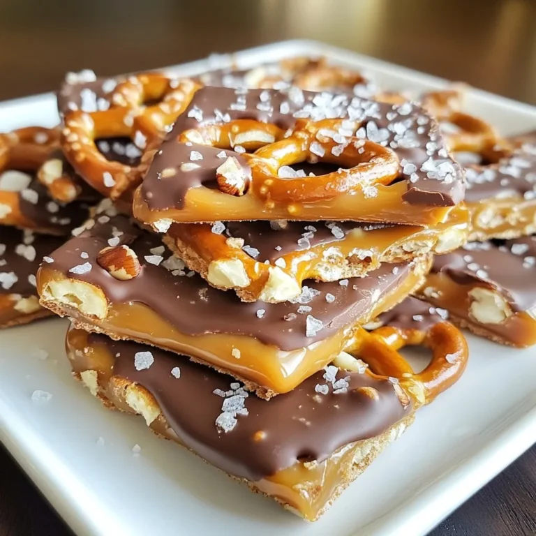 - 2 cups mini pretzels - 1 cup chocolate chips (semi-sweet or dark) - 1 cup soft caramel candies, unwrapped - 1/4 cup heavy cream - 1 teaspoon sea salt - 1/4 cup chopped nuts (optional, can use pecans or almonds) You will need these tasty ingredients to make your salted caramel pretzel bark. Each one adds to the sweet and salty mix. The mini pretzels give a nice crunch. The chocolate chips melt into a rich layer. Soft caramel candies create a gooey center. Heavy cream helps the caramel blend smoothly. Sea salt adds that perfect touch. If you like, use chopped nuts for extra crunch and flavor. Gather these items before you start. This way, you will have all you need to make this delightful treat. {{ingredient_image_2}} Start by lining a baking sheet with parchment paper. Use a sheet that is about 9x13 inches. Leave some paper hanging over the edges. This makes it easy to lift the bark out later. Next, preheat your oven to 350°F (175°C). This step is key for baking the pretzels. Spread the mini pretzels in a single layer on the baking sheet. Bake them for about 5 minutes. This will make them crunchier and more enjoyable to eat. For the caramel sauce, grab a small saucepan. Combine the unwrapped soft caramel candies with heavy cream. Heat this mixture over medium heat. Stir it continuously until it is smooth and melted. Remove it from the heat as soon as it is ready. Now, take a medium microwave-safe bowl. Place the chocolate chips in the bowl. Microwave the chips in 30-second intervals. Stir after each interval until the chocolate is fully melted and smooth. Pour the smooth caramel over the baked pretzels. Use a spatula to spread it evenly. Then drizzle the melted chocolate over the caramel layer. You can use the spatula to create a nice marbled effect. Once assembled, place the baking sheet in the refrigerator. Chill it for about 1 hour. This will help the chocolate and caramel set firmly. After chilling, lift the bark out using the overhang from the parchment paper. Break it into pieces of your desired size. Enjoy your sweet and salty treat! To get the best salted caramel pretzel bark, focus on two main things: the pretzels and the caramel. - Ensuring pretzels are baked correctly: Bake the mini pretzels at 350°F for about 5 minutes. This step makes them crunchy and enhances their flavor. If you skip this, the bark may feel soft and chewy. - Tips for creamy caramel consistency: Combine soft caramel candies with heavy cream in a saucepan. Stir over medium heat until smooth. If it clumps, lower the heat and keep stirring. A creamy caramel helps the bark stick together better. Melting chocolate can be tricky. Here are some tips to keep everything smooth. - Avoiding burnt chocolate while melting: Use a microwave-safe bowl and melt chocolate in 30-second intervals. Stir well between each round. This method prevents burning. - Alternatives to microwaving: If you prefer, use a double boiler. Fill a pot with a bit of water and place a heat-safe bowl on top. As the water simmers, it gently melts the chocolate without burning. Your salted caramel pretzel bark deserves a great presentation. - Creative ways to present the bark: Use a decorative platter and arrange broken pieces nicely. Drizzle extra melted chocolate on top or sprinkle more sea salt for a visual treat. - Pairing with beverages or snacks: This bark works well with coffee or hot chocolate. It also pairs nicely with a scoop of vanilla ice cream for a fun dessert. Pro Tips Use Fresh Ingredients: Always opt for fresh chocolate and caramel for the best flavor and texture. Stale ingredients can affect the overall taste of your bark. Chill for Perfect Texture: Ensure that you chill the bark long enough to set properly. This will give you a nice, firm texture that is easy to break into pieces. Experiment with Toppings: Feel free to experiment with different nuts or toppings like crushed pretzels or sea salt caramel for added crunch and flavor variations. Storage Tips: Store the bark in an airtight container at room temperature for up to a week, or in the refrigerator for longer shelf life. Just be sure to separate layers with parchment paper to avoid sticking. {{image_4}} You can boost the flavor of your salted caramel pretzel bark easily. Adding extracts like vanilla or almond gives a new twist. Just a teaspoon can make a big difference! You can also try different types of chocolate. Dark chocolate adds depth, while milk chocolate offers sweetness. Both options work great in this recipe. If you need gluten-free options, look for gluten-free pretzels. They taste just as good and keep the same crunch. For a vegan version, swap regular chocolate and caramel for dairy-free types. Many brands offer tasty vegan options that melt well. Enjoy the treat without worry! Sprinkle alternative nuts or seeds on top for extra crunch. Try sunflower seeds or pistachios for a fun twist. You can also use crushed candies or colorful sprinkles. They add a festive look and taste. Experiment with what you have on hand! To keep your salted caramel pretzel bark fresh, store it in an airtight container. This helps keep moisture out. Moisture can make the bark soggy and less tasty. Place parchment paper between layers if you stack them. This prevents sticking. Avoid placing the container near heat sources. Heat can melt the chocolate and caramel. Keep it in a cool and dry place. A pantry or cupboard works well. When stored properly, your bark lasts about two weeks. After that, it may lose its crunch and flavor. Check for signs of spoilage before eating. If it smells off or has a strange texture, it’s best to toss it. If you see any mold, do not eat it. Always trust your senses. Keeping an eye on your bark will help you enjoy it at its best! Yes, you can use store-bought caramel. It saves time. Look for caramel sauce in a bottle. Just warm it slightly to make it easier to spread. You can also choose caramel candies that melt easily. If you need a substitute for heavy cream, try coconut cream. It works well and adds a nice flavor. You can also use almond milk mixed with a bit of flour. This makes a creamy texture without dairy. You can make this bark ahead of time. Just prepare it as usual and let it chill. Once set, store it in an airtight container. Keep it in a cool place to stay fresh. It stays good for up to a week. This recipe combines mini pretzels, chocolate, and caramel for a sweet treat. We covered the key ingredients, step-by-step baking instructions, and tips for perfect texture and serving. You can also mix things up with different flavors, toppings, and dietary options. Proper storage keeps your creation fresh and tasty. Remember, making this bark is simple and fun. Get creative, enjoy the process, and share your delicious results!