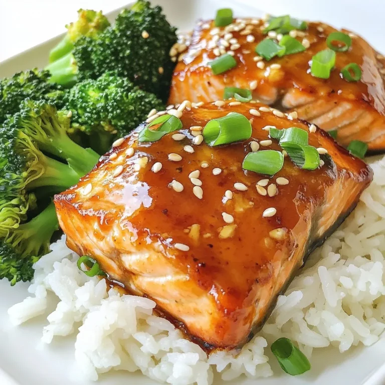 - 4 salmon fillets - 1/2 cup teriyaki sauce - 2 tablespoons honey - 1 tablespoon fresh ginger, finely grated - 2 cloves garlic, minced - 1 tablespoon sesame oil - 1 tablespoon olive oil - 1 cup broccoli florets - 1 cup jasmine rice - Sesame seeds for garnish - Green onions for garnish In this dish, the salmon fillets shine as the star. I love using skin-on salmon. It gives more flavor and helps keep the fish moist. The teriyaki sauce adds a sweet and savory taste. Honey gives it a touch of sweetness, which balances the saltiness. Fresh ginger and garlic create a fragrant base for the marinade. I always use sesame oil for its rich, nutty flavor. Olive oil helps to keep the salmon from sticking while baking. Fresh broccoli adds a nice crunch and bright color to the plate. Jasmine rice makes for a perfect side. It soaks up all the yummy juices from the salmon. To finish, I sprinkle sesame seeds and green onions on top. They add a lovely texture and pop of color. This simple mix of ingredients makes a delightful meal everyone will enjoy. {{ingredient_image_2}} To start, gather your marinade ingredients. You need teriyaki sauce, honey, fresh ginger, garlic, and sesame oil. In a bowl, mix these together well. You want a smooth blend. Now, take your salmon fillets and add them to the marinade. Make sure each piece is covered. This step is key for flavor. Cover the bowl with plastic wrap or use a resealable bag. Place it in the fridge for 30 minutes. This allows the salmon to soak up all those yummy flavors. While the salmon marinates, prepare your rice. Grab a fine-mesh strainer and rinse the jasmine rice under cold water. Keep rinsing until the water runs clear. This removes extra starch. Next, in a medium saucepan, combine the rinsed rice and 2 cups of water. Bring this mix to a boil over medium-high heat. Once boiling, lower the heat, cover, and let it simmer for 15 minutes. After the water absorbs, take it off the heat. Let it sit, covered, for 5 more minutes. This step helps the rice steam and become fluffy. Now, let’s steam the broccoli. Place the broccoli florets in a steamer basket. Steam them for about 5 to 7 minutes. You want them tender but still bright green. While the rice rests, preheat your oven to 400°F (200°C). This is the perfect temperature for baking. Line a baking sheet with parchment paper for easy cleanup. Then, place the marinated salmon fillets on the sheet, skin side down. Make sure there's space between each fillet. Remember to save some marinade for later. Bake the salmon for 12 to 15 minutes. Check if it flakes easily with a fork. This means it’s done and ready to enjoy. Marinating is key to tasty salmon. I suggest marinating for at least 30 minutes. This time allows the salmon to soak up all the sweet and savory flavors. If you can, let it marinate longer for more depth. Using skin-on salmon is a wise choice. The skin adds extra flavor and helps keep the fish moist while baking. It also helps the salmon hold together better. Plus, the skin gets crispy and delicious! To check if the salmon is cooked just right, look for the flakiness. When you gently press on the fish with a fork, it should flake easily. The color should change from bright pink to a soft, pale orange. Fluffing jasmine rice is simple. After cooking, let the rice sit for five minutes. Then, take a fork and gently stir it. This step helps separate the grains and makes it light and fluffy. For an eye-catching plate, serve the salmon on warm plates. The heat helps keep the food warm longer. You can also drizzle a little extra teriyaki sauce around the plate. Garnish your dish with sesame seeds and sliced green onions. These add a nice crunch and a pop of color. It makes your meal look and taste even better! Pro Tips Marinating Time Matters: For the best flavor infusion, let the salmon marinate for at least 30 minutes, but if time permits, consider marinating it for a few hours or even overnight in the refrigerator. Don’t Overcook the Salmon: Keep an eye on the salmon while baking; it should be just cooked through and flake easily with a fork. Overcooking can lead to a dry texture. Perfectly Steamed Broccoli: For vibrant green broccoli, steam it just until tender. The bright color and slight crunch enhance both the presentation and flavor. Garnishing for Impact: A sprinkle of sesame seeds and sliced green onions not only adds flavor but also elevates the visual appeal of the dish, making it restaurant-worthy. {{image_4}} You can change the flavor of your baked teriyaki salmon by using different types of teriyaki sauce. Some sauces are thicker, while others are sweeter. Look for low-sodium options if you prefer less salt. You can also make your own teriyaki sauce. Just mix soy sauce, honey, ginger, and garlic! Adding citrus like lemon or lime can brighten the dish. A splash of orange juice adds a sweet twist. You might also try spices like red pepper flakes for heat or sesame seeds for crunch. These small changes can make your salmon exciting every time. If you want to swap salmon for something else, chicken or tofu works well. For chicken, use boneless, skinless thighs or breasts. Marinate just like you do with salmon, and bake until the chicken is firm and cooked through. Tofu is a great vegetarian choice. Use firm tofu, and press it to remove water. Cut it into slices and marinate. Bake until golden and crispy. Both options will soak up the teriyaki flavors just like salmon does. While broccoli pairs nicely with salmon, you can choose other veggies. Snap peas, bell peppers, or asparagus can add color and taste. You can steam them just like broccoli or roast them for a different texture. Consider adding a mix of colorful vegetables for a vibrant plate. Carrots, zucchini, or even bok choy are great options. They add nutrition and make your meal look beautiful. Enjoy mixing and matching to find your favorite combinations! To keep your baked teriyaki salmon fresh, store it right. First, let it cool to room temperature. Next, place the salmon and broccoli in airtight containers. You can store the jasmine rice in a separate container. This helps avoid sogginess. Refrigerate the salmon and broccoli for up to three days. The rice will stay good for about four days. If you want to keep them longer, consider freezing. Wrap the salmon and broccoli tightly in foil or freezer bags. The rice can be frozen in the same way. To reheat salmon without drying it out, use the oven. Preheat it to 350°F (175°C). Place the salmon on a baking sheet. Cover it with foil to keep moisture in. Heat for about 10-15 minutes, or until warm. For broccoli, use a microwave. Place it in a bowl with a splash of water. Cover the bowl with a lid or plastic wrap. Heat for about 1-2 minutes. Check and stir if needed. This helps keep the broccoli bright and crunchy. Following these tips ensures your baked teriyaki salmon stays tasty. Enjoy every bite! Yes, you can use frozen salmon. To thaw, place the salmon in the fridge overnight. If you're short on time, seal the salmon in a bag and submerge it in cold water for about an hour. Make sure to pat it dry before marinating. This helps the sauce stick better. Making teriyaki sauce is easy. Here’s a simple recipe: - 1/2 cup soy sauce - 1/4 cup water - 2 tablespoons honey or brown sugar - 1 tablespoon rice vinegar - 1 teaspoon fresh ginger, grated - 1 clove garlic, minced - 1 tablespoon cornstarch (optional, for thickness) Mix all the ingredients in a saucepan. Heat over medium heat and stir until it thickens. This makes a tasty sauce for your salmon! Baked teriyaki salmon pairs well with many sides. Here are some tasty options: - Steamed broccoli for crunch - Jasmine rice for a filling base - Mixed green salad for freshness - Grilled asparagus for a smoky flavor Feel free to mix and match to find your favorite combination! This blog post covered how to prepare baked teriyaki salmon. We discussed the key ingredients, including salmon, teriyaki sauce, and garlic. I shared step-by-step instructions for marinating, cooking rice, and baking. Tips helped enhance flavor and presentation. In summary, this dish is simple, tasty, and versatile. You can adapt it to suit your taste. Enjoy creating your own teriyaki salmon with the ideas and tips provided!