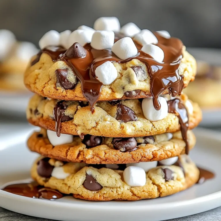 - 1 cup all-purpose flour - 1/2 teaspoon baking soda - 1/4 teaspoon salt - 1/2 cup unsalted butter, softened - 1/2 cup packed brown sugar - 1/3 cup granulated sugar - 1 teaspoon vanilla extract - 1 large egg - 1 cup semi-sweet chocolate chips - 1 cup mini marshmallows - 1/2 cup crushed graham crackers These ingredients create a perfect mix for S’mores Chocolate Chip Cookies. The all-purpose flour gives the cookies structure. Baking soda helps them rise. Salt enhances the sweet flavors. Softened butter keeps your cookies soft and chewy. The brown sugar adds richness, while the granulated sugar gives sweetness. Vanilla extract adds warmth and depth. The egg binds everything together. Chocolate chips provide bursts of sweetness. Mini marshmallows create that gooey S’mores texture. Finally, crushed graham crackers add crunch and flavor. Each bite tastes like a campfire treat. - Additional chocolate for drizzling - Extra mini marshmallows for garnish These optional ingredients make your cookies even more fun. Drizzling chocolate adds a fancy touch. Extra marshmallows on top make each cookie look inviting. This way, you can impress your friends or family when you serve them. {{ingredient_image_2}} 1. Preheat your oven to 350°F (175°C). This helps cookies bake evenly. 2. Line a baking sheet with parchment paper. This prevents the cookies from sticking. 3. In a medium bowl, sift together the flour, baking soda, and salt. This mixes the dry ingredients well. 1. In a large bowl, beat the softened butter with the brown sugar and granulated sugar. Use an electric mixer on medium speed for 2-3 minutes. The mix should look light and fluffy. 2. Crack the egg into the bowl. Add the vanilla extract and mix on low speed. Make sure everything is combined well. 3. Gradually add the dry mixture to the wet ingredients. Use a wooden spoon or spatula to stir gently. Be careful not to overmix, or the cookies will not be soft. 1. Use a spatula to fold in the chocolate chips, mini marshmallows, and crushed graham crackers. Make sure they are evenly mixed. 2. With a cookie scoop or tablespoon, portion out the dough. Place the balls on the prepared baking sheet, leaving about 2 inches between each. This allows them to spread while baking. To ensure even baking, use a light-colored baking sheet. Dark sheets can cause the edges to brown too quickly. Always preheat your oven to 350°F (175°C). This step is key for the cookies to rise properly. Space the cookie dough balls about 2 inches apart. This will help them spread evenly while baking. Avoiding overmixing is crucial. When you combine the wet and dry ingredients, mix just until you see no dry flour. Overmixing can make cookies tough. For that perfect chewiness, fold in the chocolate chips, marshmallows, and graham crackers gently. This keeps the mix light and airy. To make your cookies look extra special, drizzle them with melted chocolate. This adds a rich touch. After drizzling, sprinkle a few mini marshmallows on top. This small step makes a big difference in how they look and taste. Stack the cookies on a pretty plate for a fun display! Pro Tips Chill the Dough: For thicker cookies, chill the dough for at least 30 minutes before baking. This helps to prevent spreading and gives the cookies a chewier texture. Use Fresh Ingredients: Ensure your baking soda and chocolate chips are fresh for the best flavor and texture. Stale ingredients can affect the rise and taste of your cookies. Don’t Overbake: Keep an eye on your cookies as they bake. They should be slightly soft in the center when you take them out; they will continue to cook on the baking sheet as they cool. Customize Your Fillings: Feel free to switch up the chocolate chips or add nuts for a different flavor. Experiment with dark chocolate or white chocolate for a unique twist! {{image_4}} You can change the chocolate in these cookies. Use dark chocolate chips for a richer taste. They add depth and a slight bitterness. White chocolate chips give a sweeter flavor. They pair well with the marshmallows. Mixing different chocolates creates fun flavor layers. If you need gluten-free cookies, swap the all-purpose flour with a gluten-free blend. Look for blends that work well in baking. For those who avoid dairy, use dairy-free butter. Coconut oil or vegan butter works great. These swaps keep the taste yummy while fitting your diet. Want to make your cookies special? Try adding chopped nuts or peanut butter. Nuts add crunch and flavor. They give a nice texture to your cookies. Peanut butter brings a nutty taste and creaminess. Both options make your S'mores cookies unique and fun! To keep your S’mores chocolate chip cookies fresh, store them at room temperature. Place them in an airtight container. This helps maintain their soft texture. You can also layer parchment paper between cookies to avoid sticking. If you live in a warm area, refrigeration can help. This keeps them fresh longer. Just remember to let them sit at room temperature for a few minutes before eating. Freezing baked cookies: You can freeze these cookies for later. Place them in a single layer on a baking sheet. Freeze for about an hour until firm. Then, transfer them to an airtight container or a freezer bag. Label and date the container for easy access. Freezing cookie dough: If you want to bake fresh cookies later, freeze the dough. Portion the dough into balls and place them on a baking sheet. Freeze until solid, then move them to a freezer bag. When ready to bake, just add a couple of minutes to the baking time. Enjoy warm cookies anytime! To keep your cookies soft, follow these tips: - Store cookies in an airtight container right after they cool. - Add a slice of bread to the container. The bread will keep them moist. - Avoid exposing your cookies to air, which can dry them out. - Use a little less flour in your dough to help them stay soft. Yes, you can prepare these cookies ahead of time! Here’s how: - Make the cookie dough and scoop it into balls. - Place the dough balls on a baking sheet and freeze them for an hour. - Once frozen, transfer the dough balls to a freezer bag. - When you're ready to bake, preheat the oven and bake straight from the freezer. Just add a minute or two to the bake time. If you don’t have graham crackers, try these options: - Use crushed digestive biscuits for a similar flavor and crunch. - Try vanilla wafer cookies for a sweeter taste and fun texture. - Crushed pretzels can add a nice salty touch. - For a gluten-free option, use gluten-free cookies or crushed nuts. This blog post shared a complete guide to making tasty cookies. You learned about key ingredients, like chocolate chips and marshmallows. I also explained step-by-step mixing and baking. Baking tips help you get the best texture. Plus, I added fun variations and storage tips. Now, with this knowledge, you can bake cookies that impress everyone. Happy baking!