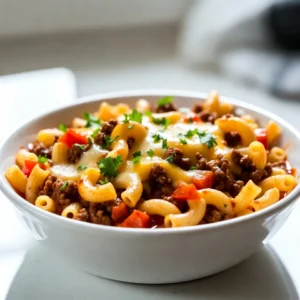 To make this dish, you need some key items: - 1 pound ground beef (preferably lean) - 8 ounces pasta (elbow macaroni, rotini, or your choice) - 1 cup beef broth (low-sodium recommended) - 1 cup shredded sharp cheddar cheese - 1 medium onion, finely diced - 2 cloves garlic, minced - 1 cup diced tomatoes (canned or fresh) - 1 tablespoon ketchup - 1 tablespoon yellow mustard - Salt and freshly cracked black pepper to taste - 1 tablespoon extra virgin olive oil - Fresh parsley, finely chopped (for garnish) These ingredients create a rich and hearty flavor. The ground beef adds protein, while the pasta makes it filling. The cheese brings creaminess, and the tomatoes add a fresh touch. You can take this dish further with a few extra items: - Pickles (for garnish) - Worcestershire sauce (for added depth) - Chili powder (for some heat) - Red pepper flakes (for extra spice) Adding these ingredients gives you more flavor options. Pickles can give a nice crunch. Worcestershire sauce brings umami, while chili powder and red pepper flakes can spice things up. If you're short on some ingredients, here are some swaps: - Ground turkey or chicken instead of beef - Any pasta type you have on hand - Vegetable broth instead of beef broth - Cheddar cheese can be swapped for gouda or mozzarella These substitutions allow flexibility. They let you use what you have and still make a tasty dish. {{ingredient_image_2}} Start by gathering all your ingredients. This makes cooking fun and easy. You need ground beef, pasta, beef broth, cheese, onion, garlic, tomatoes, ketchup, mustard, salt, pepper, olive oil, and parsley. Chop the onion and garlic. This helps release their flavors. Set them aside while you prepare to cook. Heat the olive oil in a large skillet over medium heat. Add the diced onion and sauté for 2-3 minutes until it is soft and clear. Next, add the minced garlic and stir for one minute until it smells great. Now, increase the heat and add the ground beef. Break it into small pieces with a spatula. Cook it for about 5-7 minutes until it is brown. If you see too much fat, drain it out. Next, mix in the diced tomatoes, beef broth, ketchup, and mustard. Stir everything well. Add salt and pepper to taste. Bring this mix to a gentle boil. Once the mixture boils, add your pasta right into the skillet. Make sure the pasta is covered with the liquid. Cover the skillet with a lid, reduce the heat to low, and let it simmer for about 10-12 minutes. Stir it sometimes. This lets the pasta cook and soak up the broth. When the pasta is soft, take the skillet off the heat. Gently stir in the shredded cheddar cheese. Watch it melt and turn the dish creamy. Serve your Cheeseburger Pasta hot. Sprinkle some fresh parsley on top for color and taste. To cook pasta in a skillet, start with enough liquid. Use beef broth for flavor. Bring the broth to a gentle boil before adding the pasta. Stir the pasta to prevent it from sticking. Cover the skillet to trap steam and cook the pasta evenly. Check the pasta after 10 minutes. It should be al dente, firm but not hard. If the pasta absorbs all the liquid, add a splash more broth. This keeps the dish creamy. For a creamy texture, sharp cheddar cheese is the best choice. It melts well and adds a rich flavor. You can also mix in Monterey Jack for extra creaminess. If you want a twist, try pepper jack for a spicy kick. Grate the cheese instead of using slices. This helps it melt evenly. Always add the cheese after removing the skillet from heat. This prevents it from clumping and helps create a smooth sauce. To boost flavor, use fresh herbs and spices. Add chopped parsley for a fresh touch. A pinch of smoked paprika can add depth. You can also toss in a splash of Worcestershire sauce for umami. If you like heat, add red pepper flakes while cooking the beef. For a tangy twist, mix in a spoonful of sour cream before serving. Each option gives a unique taste that makes the dish your own. Pro Tips Use Lean Beef: Opt for lean ground beef to reduce excess fat and make the dish healthier without sacrificing flavor. Cheese Variations: Experiment with different types of cheese like Gouda or Monterey Jack for a unique twist on the classic cheeseburger flavor. Add Veggies: Incorporate additional vegetables such as bell peppers or spinach for extra nutrients and a pop of color in your dish. Perfect Pasta Texture: Always check the pasta a minute or two before the suggested cooking time to ensure it's perfectly al dente. {{image_4}} You can make this dish lighter with a few easy swaps. Use ground turkey or chicken instead of beef. These meats have less fat and still taste great. Choose whole wheat pasta for more fiber. You can also replace beef broth with low-sodium vegetable broth. This will cut down on sodium without losing flavor. Lastly, use reduced-fat cheese to save calories. For a vegetarian cheeseburger pasta, skip the meat completely. Instead, try using lentils or black beans. Both add protein and texture. You can also use mushrooms for a meaty feel. Just sauté them until they are soft. Use vegetable broth to keep it flavorful. Don't forget to add your favorite veggies like bell peppers or zucchini to enhance the taste. Adding veggies boosts nutrition and flavor. You can mix in spinach or kale for added vitamins. Stir in broccoli florets or peas during cooking. These veggies cook quickly and stay bright in color. Carrots add a sweet crunch when diced small. Feel free to add any veggies you love. This way, you make the meal more colorful and healthy. To keep your leftover cheeseburger pasta fresh, use an airtight container. Make sure it is cool before sealing. Store it in the fridge for up to three days. If you want to keep it longer, consider freezing. When reheating, add a splash of beef broth or water. This keeps it moist. You can use the microwave or stovetop. If using the stove, warm it over low heat, stirring often. This prevents sticking and ensures even heating. To freeze the cheeseburger pasta, let it cool completely. Place portions in freezer-safe bags or containers. Remove as much air as possible. Label with the date. It can last for up to three months in the freezer. When ready to eat, thaw overnight in the fridge. Reheat as mentioned above for best results. You can use many types of pasta for this dish. Elbow macaroni is a classic choice. Rotini also works well since its shape holds the sauce nicely. You can even try penne or fusilli for fun. Each type adds its own twist to the meal. Just make sure it is a pasta that cooks quickly. Yes, you can prepare this meal ahead of time. Cook the pasta and beef mixture as listed in the recipe. Let it cool, then store it in an airtight container. You can keep it in the fridge for up to three days. When ready to eat, just reheat it on the stove. Add a splash of beef broth to keep it moist. This dish pairs well with many sides. A simple garden salad adds freshness. You could serve some garlic bread for extra flavor. Pickles on the side remind you of a classic burger. You can even offer some chips for crunch. Each option complements the rich flavors of the pasta. In this post, we explored how to make a delicious cheeseburger pasta skillet. We covered essential and optional ingredients, along with smart substitutions. You learned step-by-step instructions for prep, cooking, and combining flavors. Tips and tricks showed you how to cook pasta perfectly and enhance creaminess with the right cheese. Finally, variations allow you to customize your dish. Don't forget to store leftovers properly and reheat for the best taste. With these insights, you can create a tasty meal the whole family will enjoy.