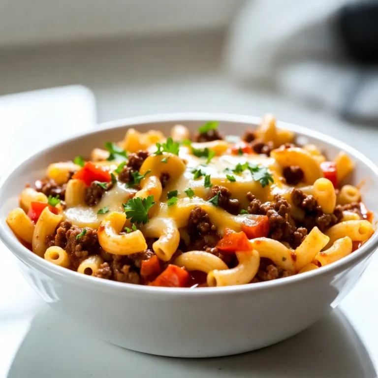 To make this dish, you need some key items: - 1 pound ground beef (preferably lean) - 8 ounces pasta (elbow macaroni, rotini, or your choice) - 1 cup beef broth (low-sodium recommended) - 1 cup shredded sharp cheddar cheese - 1 medium onion, finely diced - 2 cloves garlic, minced - 1 cup diced tomatoes (canned or fresh) - 1 tablespoon ketchup - 1 tablespoon yellow mustard - Salt and freshly cracked black pepper to taste - 1 tablespoon extra virgin olive oil - Fresh parsley, finely chopped (for garnish) These ingredients create a rich and hearty flavor. The ground beef adds protein, while the pasta makes it filling. The cheese brings creaminess, and the tomatoes add a fresh touch. You can take this dish further with a few extra items: - Pickles (for garnish) - Worcestershire sauce (for added depth) - Chili powder (for some heat) - Red pepper flakes (for extra spice) Adding these ingredients gives you more flavor options. Pickles can give a nice crunch. Worcestershire sauce brings umami, while chili powder and red pepper flakes can spice things up. If you're short on some ingredients, here are some swaps: - Ground turkey or chicken instead of beef - Any pasta type you have on hand - Vegetable broth instead of beef broth - Cheddar cheese can be swapped for gouda or mozzarella These substitutions allow flexibility. They let you use what you have and still make a tasty dish. {{ingredient_image_2}} Start by gathering all your ingredients. This makes cooking fun and easy. You need ground beef, pasta, beef broth, cheese, onion, garlic, tomatoes, ketchup, mustard, salt, pepper, olive oil, and parsley. Chop the onion and garlic. This helps release their flavors. Set them aside while you prepare to cook. Heat the olive oil in a large skillet over medium heat. Add the diced onion and sauté for 2-3 minutes until it is soft and clear. Next, add the minced garlic and stir for one minute until it smells great. Now, increase the heat and add the ground beef. Break it into small pieces with a spatula. Cook it for about 5-7 minutes until it is brown. If you see too much fat, drain it out. Next, mix in the diced tomatoes, beef broth, ketchup, and mustard. Stir everything well. Add salt and pepper to taste. Bring this mix to a gentle boil. Once the mixture boils, add your pasta right into the skillet. Make sure the pasta is covered with the liquid. Cover the skillet with a lid, reduce the heat to low, and let it simmer for about 10-12 minutes. Stir it sometimes. This lets the pasta cook and soak up the broth. When the pasta is soft, take the skillet off the heat. Gently stir in the shredded cheddar cheese. Watch it melt and turn the dish creamy. Serve your Cheeseburger Pasta hot. Sprinkle some fresh parsley on top for color and taste. To cook pasta in a skillet, start with enough liquid. Use beef broth for flavor. Bring the broth to a gentle boil before adding the pasta. Stir the pasta to prevent it from sticking. Cover the skillet to trap steam and cook the pasta evenly. Check the pasta after 10 minutes. It should be al dente, firm but not hard. If the pasta absorbs all the liquid, add a splash more broth. This keeps the dish creamy. For a creamy texture, sharp cheddar cheese is the best choice. It melts well and adds a rich flavor. You can also mix in Monterey Jack for extra creaminess. If you want a twist, try pepper jack for a spicy kick. Grate the cheese instead of using slices. This helps it melt evenly. Always add the cheese after removing the skillet from heat. This prevents it from clumping and helps create a smooth sauce. To boost flavor, use fresh herbs and spices. Add chopped parsley for a fresh touch. A pinch of smoked paprika can add depth. You can also toss in a splash of Worcestershire sauce for umami. If you like heat, add red pepper flakes while cooking the beef. For a tangy twist, mix in a spoonful of sour cream before serving. Each option gives a unique taste that makes the dish your own. Pro Tips Use Lean Beef: Opt for lean ground beef to reduce excess fat and make the dish healthier without sacrificing flavor. Cheese Variations: Experiment with different types of cheese like Gouda or Monterey Jack for a unique twist on the classic cheeseburger flavor. Add Veggies: Incorporate additional vegetables such as bell peppers or spinach for extra nutrients and a pop of color in your dish. Perfect Pasta Texture: Always check the pasta a minute or two before the suggested cooking time to ensure it's perfectly al dente. {{image_4}} You can make this dish lighter with a few easy swaps. Use ground turkey or chicken instead of beef. These meats have less fat and still taste great. Choose whole wheat pasta for more fiber. You can also replace beef broth with low-sodium vegetable broth. This will cut down on sodium without losing flavor. Lastly, use reduced-fat cheese to save calories. For a vegetarian cheeseburger pasta, skip the meat completely. Instead, try using lentils or black beans. Both add protein and texture. You can also use mushrooms for a meaty feel. Just sauté them until they are soft. Use vegetable broth to keep it flavorful. Don't forget to add your favorite veggies like bell peppers or zucchini to enhance the taste. Adding veggies boosts nutrition and flavor. You can mix in spinach or kale for added vitamins. Stir in broccoli florets or peas during cooking. These veggies cook quickly and stay bright in color. Carrots add a sweet crunch when diced small. Feel free to add any veggies you love. This way, you make the meal more colorful and healthy. To keep your leftover cheeseburger pasta fresh, use an airtight container. Make sure it is cool before sealing. Store it in the fridge for up to three days. If you want to keep it longer, consider freezing. When reheating, add a splash of beef broth or water. This keeps it moist. You can use the microwave or stovetop. If using the stove, warm it over low heat, stirring often. This prevents sticking and ensures even heating. To freeze the cheeseburger pasta, let it cool completely. Place portions in freezer-safe bags or containers. Remove as much air as possible. Label with the date. It can last for up to three months in the freezer. When ready to eat, thaw overnight in the fridge. Reheat as mentioned above for best results. You can use many types of pasta for this dish. Elbow macaroni is a classic choice. Rotini also works well since its shape holds the sauce nicely. You can even try penne or fusilli for fun. Each type adds its own twist to the meal. Just make sure it is a pasta that cooks quickly. Yes, you can prepare this meal ahead of time. Cook the pasta and beef mixture as listed in the recipe. Let it cool, then store it in an airtight container. You can keep it in the fridge for up to three days. When ready to eat, just reheat it on the stove. Add a splash of beef broth to keep it moist. This dish pairs well with many sides. A simple garden salad adds freshness. You could serve some garlic bread for extra flavor. Pickles on the side remind you of a classic burger. You can even offer some chips for crunch. Each option complements the rich flavors of the pasta. In this post, we explored how to make a delicious cheeseburger pasta skillet. We covered essential and optional ingredients, along with smart substitutions. You learned step-by-step instructions for prep, cooking, and combining flavors. Tips and tricks showed you how to cook pasta perfectly and enhance creaminess with the right cheese. Finally, variations allow you to customize your dish. Don't forget to store leftovers properly and reheat for the best taste. With these insights, you can create a tasty meal the whole family will enjoy.