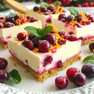 - 1 cup graham cracker crumbs - 1/4 cup granulated sugar - 1/2 cup unsalted butter, melted - 16 oz cream cheese, softened to room temperature - 1 cup powdered sugar - 2 large eggs, at room temperature - 1 teaspoon pure vanilla extract - 1 cup fresh or frozen cranberries, chopped - 1 tablespoon orange zest, from about 1 orange - 1 tablespoon cornstarch - 1/4 teaspoon fine salt - Optional garnishes: whipped cream, fresh cranberries, mint leaves These ingredients create a great balance of flavors. The graham cracker crumbs form a sturdy crust. The melted butter helps bind it all together. Cream cheese gives the bars a rich and creamy texture. Powdered sugar adds sweetness, while eggs help the filling set. The cranberries bring a tart kick that works well with the sweet cream cheese. Orange zest adds a bright flavor. Cornstarch helps thicken the batter, giving it a nice structure. Fine salt enhances all the flavors without being overpowering. For serving, I love to add whipped cream and fresh cranberries. Mint leaves add a pop of color and freshness. These simple ingredients come together to make a delightful treat, perfect for any occasion. {{ingredient_image_2}} First, preheat your oven to 325°F (160°C). Next, take a 9x9 inch baking dish. Line it with parchment paper, leaving some paper hanging over the edges. This helps you lift the bars out easily later. In a medium bowl, mix together 1 cup of graham cracker crumbs and 1/4 cup of granulated sugar. Pour in 1/2 cup of melted unsalted butter. Stir the mixture well until it feels like wet sand. Now, pack this crumb mix firmly into the bottom of your lined baking dish. Use the back of a measuring cup or your fingers to make it even. In a large bowl, beat 16 oz of softened cream cheese with a mixer until smooth. Gradually add 1 cup of powdered sugar, mixing on low speed until fluffy. Now add 2 large eggs, one at a time. Mix well after each egg. Stir in 1 teaspoon of pure vanilla extract, 1 tablespoon of orange zest, 1 tablespoon of cornstarch, and 1/4 teaspoon of fine salt. Make sure this mix is smooth with no lumps. Finally, gently fold in 1 cup of chopped cranberries. Carefully pour the cheesecake batter over the crust in your baking dish. Use a spatula to spread it evenly. Place the dish in the oven and bake for 40-45 minutes. The center should set but still jiggle a bit when shaken. After baking, take the dish out of the oven and let it cool at room temperature for about 1 hour. Transfer it to the fridge and chill for at least 3 hours or overnight. This helps the flavors come together. Once set, lift the cheesecake out using the parchment paper. Place it on a cutting board and slice it into squares. Serve chilled, adding whipped cream on top if you like. Garnish with fresh cranberries and mint leaves for a festive look. Using room temperature ingredients is key. It helps everything mix well. Cold cream cheese can cause lumps in your batter. Let your cream cheese and eggs sit out for about 30 minutes before you start. When mixing, use a low speed for the sugar. Gradually add eggs one at a time, mixing gently after each. This way, you avoid overmixing, which can make the cheesecake dense. To ensure even baking, always preheat your oven. Place your baking dish in the center of the oven. This helps the heat circulate evenly. Check for doneness by gently shaking the pan. The center should have a slight jiggle. If it seems too wobbly, give it a few more minutes. Garnishing can make your bars look stunning. Fresh cranberries and mint leaves add color and freshness. Arrange the bars on a platter with space in between. Drizzle a little orange zest over the top for flair. A dollop of whipped cream adds creaminess and charm. These simple touches make your cheesecake bars even more inviting. Pro Tips Use Room Temperature Ingredients: Ensuring your cream cheese and eggs are at room temperature will help create a smoother batter, preventing lumps and promoting even baking. Don’t Overmix: Once you add the eggs to the batter, mix just until combined. Overmixing can incorporate too much air, resulting in cracks during baking. Chill for Optimal Texture: Allow the cheesecake to chill for at least 3 hours or overnight. This helps the flavors meld and the texture becomes firm and creamy, making it easier to cut into clean squares. Garnish with Freshness: Adding fresh cranberries and mint leaves as garnish not only enhances the visual appeal but also adds a refreshing touch to each bite. {{image_4}} You can easily change the flavor of these cheesecake bars. If you want, swap cranberries for other fruits. Try raspberries, blueberries, or even cherries. Each fruit gives a new taste and look. Adding spices can also enhance flavor. A touch of cinnamon or nutmeg can warm up your bars. A hint of ginger can add a fun kick. If you need gluten-free options, use gluten-free graham crackers. They work just as well. For a vegan version, substitute cream cheese with a plant-based option. Use flax eggs or applesauce instead of chicken eggs. These changes help everyone enjoy the bars. Serving ideas can make your dessert even better. Pair these bars with sauces, like chocolate or caramel. A drizzle of fruit sauce adds a fresh twist. For special occasions, arrange the bars on a fancy platter. Garnish with whipped cream, fresh cranberries, and mint leaves. This makes your dessert pop with color and flavor. To keep your cranberry cheesecake bars fresh, place them in an airtight container. If you do not have one, wrap them tightly in plastic wrap. This helps keep them moist and prevents them from absorbing other smells in the fridge. Store them in the fridge for the best flavor and texture. You can also freeze the bars if you have leftovers. To freeze, cut the bars and wrap each piece in plastic wrap, then place them in a freezer bag. This way, they stay fresh for up to three months! When stored in the fridge, these cheesecake bars stay fresh for about 5 to 7 days. If you freeze them, they can last for up to three months. After thawing, enjoy them within a week for the best taste. Always check for any changes in smell or texture before eating. If you want to enjoy your cheesecake bars warm, reheat them gently. Place a piece in the microwave for about 10 to 15 seconds. This warms them without making them soggy. For a firmer texture, let them sit at room temperature for about 15 minutes before serving. Enjoy them chilled or warm, with or without toppings! Yes, you can use frozen cranberries. Just chop them while still frozen. This helps keep their shape in the bars. They will thaw during baking, adding a nice texture and flavor. The bars are done when the center is set but still has a slight jiggle. It usually takes about 40-45 minutes in the oven. If they look too wobbly, give them a few more minutes. Absolutely! You can make these bars a day ahead. Just bake, cool, and chill them in the fridge. This allows the flavors to blend nicely. They taste even better the next day! To cut cheesecake bars, use a sharp knife. Dip it in hot water and wipe it dry. This helps make clean cuts. Cut into squares or rectangles, and clean the knife between cuts for neat edges. Yes, you can use a vegan cream cheese or a soft tofu mix. These options work well for a lighter bar. Just remember, the taste and texture may change slightly. To make the bars less sweet, reduce the powdered sugar in the filling. You can also use less granulated sugar in the crust. Adding more cranberries can help balance the sweetness too. This cheesecake bars recipe uses simple ingredients and clear steps. You learned how to make a great crust, a creamy filling, and even some fun variations. Remember, using room temperature items is key to a smooth texture. Chill the bars before serving for the best taste. With these tips, you can impress friends and family. Don’t be afraid to experiment with flavors or toppings. Enjoy every tasty bite of your creation!