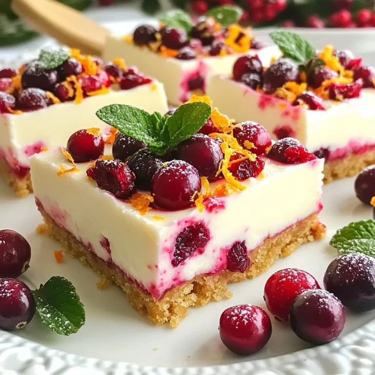 - 1 cup graham cracker crumbs - 1/4 cup granulated sugar - 1/2 cup unsalted butter, melted - 16 oz cream cheese, softened to room temperature - 1 cup powdered sugar - 2 large eggs, at room temperature - 1 teaspoon pure vanilla extract - 1 cup fresh or frozen cranberries, chopped - 1 tablespoon orange zest, from about 1 orange - 1 tablespoon cornstarch - 1/4 teaspoon fine salt - Optional garnishes: whipped cream, fresh cranberries, mint leaves These ingredients create a great balance of flavors. The graham cracker crumbs form a sturdy crust. The melted butter helps bind it all together. Cream cheese gives the bars a rich and creamy texture. Powdered sugar adds sweetness, while eggs help the filling set. The cranberries bring a tart kick that works well with the sweet cream cheese. Orange zest adds a bright flavor. Cornstarch helps thicken the batter, giving it a nice structure. Fine salt enhances all the flavors without being overpowering. For serving, I love to add whipped cream and fresh cranberries. Mint leaves add a pop of color and freshness. These simple ingredients come together to make a delightful treat, perfect for any occasion. {{ingredient_image_2}} First, preheat your oven to 325°F (160°C). Next, take a 9x9 inch baking dish. Line it with parchment paper, leaving some paper hanging over the edges. This helps you lift the bars out easily later. In a medium bowl, mix together 1 cup of graham cracker crumbs and 1/4 cup of granulated sugar. Pour in 1/2 cup of melted unsalted butter. Stir the mixture well until it feels like wet sand. Now, pack this crumb mix firmly into the bottom of your lined baking dish. Use the back of a measuring cup or your fingers to make it even. In a large bowl, beat 16 oz of softened cream cheese with a mixer until smooth. Gradually add 1 cup of powdered sugar, mixing on low speed until fluffy. Now add 2 large eggs, one at a time. Mix well after each egg. Stir in 1 teaspoon of pure vanilla extract, 1 tablespoon of orange zest, 1 tablespoon of cornstarch, and 1/4 teaspoon of fine salt. Make sure this mix is smooth with no lumps. Finally, gently fold in 1 cup of chopped cranberries. Carefully pour the cheesecake batter over the crust in your baking dish. Use a spatula to spread it evenly. Place the dish in the oven and bake for 40-45 minutes. The center should set but still jiggle a bit when shaken. After baking, take the dish out of the oven and let it cool at room temperature for about 1 hour. Transfer it to the fridge and chill for at least 3 hours or overnight. This helps the flavors come together. Once set, lift the cheesecake out using the parchment paper. Place it on a cutting board and slice it into squares. Serve chilled, adding whipped cream on top if you like. Garnish with fresh cranberries and mint leaves for a festive look. Using room temperature ingredients is key. It helps everything mix well. Cold cream cheese can cause lumps in your batter. Let your cream cheese and eggs sit out for about 30 minutes before you start. When mixing, use a low speed for the sugar. Gradually add eggs one at a time, mixing gently after each. This way, you avoid overmixing, which can make the cheesecake dense. To ensure even baking, always preheat your oven. Place your baking dish in the center of the oven. This helps the heat circulate evenly. Check for doneness by gently shaking the pan. The center should have a slight jiggle. If it seems too wobbly, give it a few more minutes. Garnishing can make your bars look stunning. Fresh cranberries and mint leaves add color and freshness. Arrange the bars on a platter with space in between. Drizzle a little orange zest over the top for flair. A dollop of whipped cream adds creaminess and charm. These simple touches make your cheesecake bars even more inviting. Pro Tips Use Room Temperature Ingredients: Ensuring your cream cheese and eggs are at room temperature will help create a smoother batter, preventing lumps and promoting even baking. Don’t Overmix: Once you add the eggs to the batter, mix just until combined. Overmixing can incorporate too much air, resulting in cracks during baking. Chill for Optimal Texture: Allow the cheesecake to chill for at least 3 hours or overnight. This helps the flavors meld and the texture becomes firm and creamy, making it easier to cut into clean squares. Garnish with Freshness: Adding fresh cranberries and mint leaves as garnish not only enhances the visual appeal but also adds a refreshing touch to each bite. {{image_4}} You can easily change the flavor of these cheesecake bars. If you want, swap cranberries for other fruits. Try raspberries, blueberries, or even cherries. Each fruit gives a new taste and look. Adding spices can also enhance flavor. A touch of cinnamon or nutmeg can warm up your bars. A hint of ginger can add a fun kick. If you need gluten-free options, use gluten-free graham crackers. They work just as well. For a vegan version, substitute cream cheese with a plant-based option. Use flax eggs or applesauce instead of chicken eggs. These changes help everyone enjoy the bars. Serving ideas can make your dessert even better. Pair these bars with sauces, like chocolate or caramel. A drizzle of fruit sauce adds a fresh twist. For special occasions, arrange the bars on a fancy platter. Garnish with whipped cream, fresh cranberries, and mint leaves. This makes your dessert pop with color and flavor. To keep your cranberry cheesecake bars fresh, place them in an airtight container. If you do not have one, wrap them tightly in plastic wrap. This helps keep them moist and prevents them from absorbing other smells in the fridge. Store them in the fridge for the best flavor and texture. You can also freeze the bars if you have leftovers. To freeze, cut the bars and wrap each piece in plastic wrap, then place them in a freezer bag. This way, they stay fresh for up to three months! When stored in the fridge, these cheesecake bars stay fresh for about 5 to 7 days. If you freeze them, they can last for up to three months. After thawing, enjoy them within a week for the best taste. Always check for any changes in smell or texture before eating. If you want to enjoy your cheesecake bars warm, reheat them gently. Place a piece in the microwave for about 10 to 15 seconds. This warms them without making them soggy. For a firmer texture, let them sit at room temperature for about 15 minutes before serving. Enjoy them chilled or warm, with or without toppings! Yes, you can use frozen cranberries. Just chop them while still frozen. This helps keep their shape in the bars. They will thaw during baking, adding a nice texture and flavor. The bars are done when the center is set but still has a slight jiggle. It usually takes about 40-45 minutes in the oven. If they look too wobbly, give them a few more minutes. Absolutely! You can make these bars a day ahead. Just bake, cool, and chill them in the fridge. This allows the flavors to blend nicely. They taste even better the next day! To cut cheesecake bars, use a sharp knife. Dip it in hot water and wipe it dry. This helps make clean cuts. Cut into squares or rectangles, and clean the knife between cuts for neat edges. Yes, you can use a vegan cream cheese or a soft tofu mix. These options work well for a lighter bar. Just remember, the taste and texture may change slightly. To make the bars less sweet, reduce the powdered sugar in the filling. You can also use less granulated sugar in the crust. Adding more cranberries can help balance the sweetness too. This cheesecake bars recipe uses simple ingredients and clear steps. You learned how to make a great crust, a creamy filling, and even some fun variations. Remember, using room temperature items is key to a smooth texture. Chill the bars before serving for the best taste. With these tips, you can impress friends and family. Don’t be afraid to experiment with flavors or toppings. Enjoy every tasty bite of your creation!