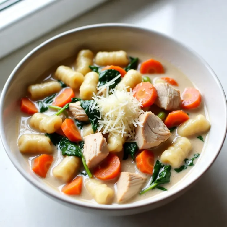 To make this creamy chicken gnocchi soup, gather these fresh ingredients: - 1 medium onion, diced - 2 cloves garlic, minced - 2 medium carrots, diced - 2 celery stalks, diced - 1 pound boneless, skinless chicken breasts, cut into bite-sized pieces - 2 cups fresh spinach You will also need these pantry staples: - 1 tablespoon olive oil - 6 cups chicken broth - 1 teaspoon dried thyme - 1 teaspoon dried oregano - 1 cup heavy cream - 16 oz potato gnocchi - Salt and pepper to taste For a tasty finish, consider these garnishes: - Grated Parmesan cheese for serving - A drizzle of olive oil - Fresh herbs for added flavor This dish is all about balance. The fresh ingredients bring brightness, while the pantry items add depth. Enjoy the process of cooking and savor the flavors! {{ingredient_image_2}} Start by heating one tablespoon of olive oil in a large pot over medium heat. Once the oil is hot, add one medium onion, diced into small pieces. Sauté for about 3-4 minutes. You want the onion to become translucent and fragrant. Then, stir in two cloves of minced garlic, two diced carrots, and two diced celery stalks. Cook this mix for another 5 minutes. This step builds a great base of flavor for your soup. Now it’s time to add the chicken. Cut one pound of boneless, skinless chicken breasts into bite-sized pieces. Increase the heat to medium-high and add the chicken to the pot. Sauté the chicken, stirring occasionally. Cook until the chicken is browned on all sides, which should take about 5-7 minutes. This browning adds depth to the soup's flavor. Next, pour in 6 cups of chicken broth. Sprinkle in one teaspoon each of dried thyme and dried oregano. Bring the soup to a boil, then reduce the heat to low. Let it simmer uncovered for about 15 minutes. This allows all the flavors to meld nicely. After that, stir in one cup of heavy cream and 16 ounces of potato gnocchi. Let the soup simmer for an additional 5-7 minutes. The gnocchi will rise to the surface when they are cooked through. Finally, fold in two cups of fresh spinach and cook for another 2-3 minutes, just until the spinach wilts. Enjoy the rich aroma as you prepare this hearty meal! To get that rich and creamy texture, use heavy cream. This adds depth to the soup. Stir it in after the broth and herbs simmer. Let it cook a bit longer to blend the flavors. If you want a lighter option, you can mix in some whole milk. Just don’t skip the cream completely, as it gives the soup its signature taste. Store any leftover soup in an airtight container. It stays fresh for about three days in the fridge. When you reheat, add a splash of chicken broth. This keeps the soup from becoming too thick. If you want to freeze it, do so without the cream. The cream can separate when thawed. Add it in when you reheat the soup. One common mistake is overcooking the gnocchi. They only need a few minutes to cook. If they sit too long, they become mushy. Also, avoid adding too much salt at the start. The broth already has salt, so taste it first. Lastly, don’t skip the fresh spinach. It brightens the dish and adds great flavor. Pro Tips Use Fresh Herbs: Fresh herbs can elevate the flavor of your soup. Consider adding fresh thyme or basil just before serving for an aromatic touch. Perfect Gnocchi Cooking: To ensure your gnocchi are perfectly cooked, wait until they float to the surface of the soup. This indicates they are done! Customize Your Vegetables: Feel free to add more vegetables like peas or corn, or substitute with your favorites to make the soup your own. Leftover Storage: If you have leftovers, store the soup without the gnocchi. Reheat and add fresh gnocchi to prevent them from becoming mushy. {{image_4}} You can easily adjust this soup to fit dietary needs. For a lighter option, replace heavy cream with a mix of half-and-half or whole milk. If you're lactose intolerant, try almond milk or coconut milk. Both give a creamy texture without dairy. To switch up the flavor, add herbs like basil or rosemary. You can also toss in spices, such as paprika or red pepper flakes for heat. Want a twist? Use shredded rotisserie chicken instead of raw chicken. It saves time and adds a smoky flavor. For a gluten-free soup, check your gnocchi. Many brands offer gluten-free choices made from rice or corn flour. If you want a dairy-free option, skip the cheese garnish or use nutritional yeast. This gives a cheesy flavor without dairy. To keep your creamy chicken gnocchi soup fresh, store it in an airtight container. Make sure it cools down first. Place it in the fridge if you plan to eat it within 3-4 days. If you want to enjoy it later, freezing is a great option. When you're ready to enjoy your soup, reheat it gently. Pour the soup into a pot and warm it over low heat. Stir it often to prevent sticking. If the soup is too thick, add a splash of chicken broth or water. You can also microwave it in intervals, stirring in between. Freezing creamy chicken gnocchi soup can be easy. Use a freezer-safe container and leave some space at the top. This lets the soup expand as it freezes. It will keep well for about 2-3 months in the freezer. To thaw, place it in the fridge overnight before reheating. Avoid refreezing any soup that has already been thawed. Yes, you can use homemade gnocchi in this soup. Fresh gnocchi adds a delightful texture. Just ensure they are cooked before adding them to the soup. If you choose to make them from scratch, wait until the soup is almost done. Add the gnocchi during the last few minutes of cooking. This way, they will stay soft and delicious. Creamy chicken gnocchi soup pairs well with many sides. Here are a few ideas: - Crusty bread: Perfect for dipping. - Salad: A fresh green salad adds crunch. - Garlic bread: A savory option to complement the soup. These sides balance the richness of the soup and enhance your meal. You can make this soup ahead of time, which is great for meal prep. To do this, follow these steps: 1. Prepare the soup: Make it up to the point before you add the gnocchi. 2. Cool it down: Let the soup cool completely before storing. 3. Store in the fridge: Keep it in an airtight container. It lasts up to 3 days. 4. Reheat and add gnocchi: When ready to serve, heat the soup and add the gnocchi. Cook until they float to the top. This keeps the gnocchi from becoming mushy. We covered key ingredients, step-by-step cooking, and helpful tips for creamy chicken gnocchi soup. You learned how to make it creamy and store leftovers well. Plus, we explored tasty variations to suit your taste. Try using fresh herbs or different proteins for a unique twist. This soup can fit many diets and is easy to store. Enjoy making this dish your own with these insights. Happy cooking!