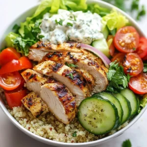 - Chicken - 2 boneless, skinless chicken breasts - Marinade Ingredients - 2 tablespoons extra virgin olive oil - 2 teaspoons dried oregano - 1 teaspoon garlic powder - 1 teaspoon onion powder - 1 teaspoon smoked paprika - Sea salt and freshly cracked black pepper to taste - Bowl Components - 1 cup of cooked quinoa or fluffy rice - 1 cup fresh romaine lettuce, chopped - 1 cup ripe tomatoes, diced - 1 small cucumber, diced - ½ small red onion, thinly sliced - Toppings and Garnish - ½ cup feta cheese, crumbled - ½ cup creamy tzatziki sauce - Fresh parsley, chopped (for garnish) Gather these ingredients before you start cooking. This will make the process smooth and fun. The chicken is the star of the dish, while the marinade adds great taste. Use fresh veggies for the best flavor. The creamy tzatziki sauce brings everything together. Don't forget the parsley; it adds a nice touch! Enjoy your cooking adventure! {{ingredient_image_2}} To start, I mix up a tasty marinade. In a medium bowl, I whisk together: - 2 tablespoons extra virgin olive oil - 2 teaspoons dried oregano - 1 teaspoon garlic powder - 1 teaspoon onion powder - 1 teaspoon smoked paprika - Sea salt and freshly cracked black pepper to taste I coat the chicken breasts in this blend. Make sure they are covered well. After that, I cover the bowl with plastic wrap. I let the chicken marinate in the fridge for at least 30 minutes. For the best flavor, I often let it sit for 1-2 hours. Next, I heat my grill pan or skillet over medium-high heat. Once hot, I carefully add the marinated chicken breasts. I cook them for about 6-7 minutes on each side. They should turn golden brown and reach an internal temperature of 165°F. After cooking, I take the chicken off the heat. I let it rest for about 5 minutes. Then, I slice it into thin strips. While the chicken rests, I prepare the serving bowls. First, I put a nice base of cooked quinoa or fluffy rice in each bowl. This will help soak up all the flavors. Now it’s time to build the bowls! I layer fresh romaine lettuce on the grains. Next, I evenly distribute diced tomatoes, diced cucumber, and sliced red onion. This gives a colorful look and fresh crunch. After that, I arrange the sliced chicken on top. I make sure it’s the star of the dish. Finally, I sprinkle crumbled feta cheese over each bowl and add a dollop of creamy tzatziki sauce. To finish, I add a sprinkle of fresh parsley for color. Each bowl is now ready to serve! To get the best flavor, marinate the chicken well. Start by mixing olive oil, oregano, garlic powder, onion powder, smoked paprika, sea salt, and black pepper in a bowl. Make sure the chicken is well-coated in the marinade. Cover the bowl and chill it in the fridge. Let it marinate for at least 30 minutes, but 1-2 hours is better. This lets the spices soak into the chicken, making it juicy and tasty. Cooking the chicken right is key. Use a grill pan or skillet over medium-high heat. Once hot, place the marinated chicken on it. Cook for 6-7 minutes on each side. Check the chicken's center; it should not be pink. Aim for an internal temperature of 165°F (75°C). After cooking, let it rest for 5 minutes. This helps keep the juices inside when you slice it. A great presentation makes your meal pop! Start with a base of quinoa or fluffy rice in each bowl. Layer fresh romaine lettuce on top, then add diced tomatoes, cucumber, and sliced red onion. Arrange the sliced chicken neatly on the veggies. Finally, sprinkle crumbled feta cheese and add a dollop of tzatziki sauce. For an extra touch, add chopped parsley as a garnish. Serve with lemon wedges on the side for a fresh squeeze of flavor. Pro Tips Marinate Longer for Flavor: For the best flavor, let the chicken marinate for at least 1-2 hours. This allows the spices to penetrate the meat, resulting in a more flavorful dish. Check Chicken Temperature: Ensure the chicken is cooked thoroughly by checking its internal temperature. It should reach 165°F (75°C) for safe consumption. Use a meat thermometer for accuracy. Customize Your Toppings: Feel free to mix and match your favorite toppings! Add olives, bell peppers, or avocado for extra flavor and texture. Serve with Fresh Sides: Consider serving the bowl with lemon wedges or pita bread on the side for an extra touch of Mediterranean flair. {{image_4}} You can switch the chicken for other proteins. Tofu works great for a vegetarian twist. Just marinate it like chicken. If you want lamb, use a similar marinade. Lamb adds rich flavor. Cook it until tender to enjoy its full taste. While quinoa or rice are great bases, try couscous or bulgur for variety. Couscous cooks quickly and absorbs flavors well. Bulgur has a nutty taste and chewy texture. Both options add new dimensions to your gyro bowl. Feel free to change the veggies in your bowl. You can use bell peppers, radishes, or even avocado. Each adds a unique crunch and flavor. For toppings, try olives or different cheeses like goat cheese. Adjust toppings to match your taste and mood. To store leftovers, let the bowls cool down first. Place any extra chicken, quinoa, and veggies in airtight containers. Keep the ingredients separate to maintain texture and flavor. Store in the fridge for up to three days. If you mix everything, the salad can get soggy. When you are ready to enjoy your leftovers, gently reheat the chicken. Use a microwave for quick warming. Heat in short bursts of 30 seconds. Stir between each burst to prevent hot spots. If you want, warm the quinoa or rice in the microwave too. Just add a splash of water to keep it moist. You can freeze the chicken for later meals. Slice the cooked chicken and put it in a freezer-safe bag or container. Remove as much air as possible to prevent freezer burn. It lasts for about three months in the freezer. However, avoid freezing the veggies or tzatziki sauce. They don’t freeze well and can lose their taste and texture. If you can’t find tzatziki, try using plain yogurt mixed with garlic and herbs. You can also blend yogurt with cucumber for a fresh taste. Hummus is another great option; it adds creaminess and flavor. You can even use a simple vinaigrette with olive oil and lemon juice for a zesty kick. Yes, you can prepare many parts ahead. Marinate the chicken up to 24 hours in advance. Cook the chicken, then store it in the fridge until you need it. You can also chop the veggies and cook the quinoa or rice ahead of time. Just assemble the bowls when you're ready to eat. One serving of Greek Chicken Gyro Bowl has around 400 calories. It provides protein from the chicken and healthy fats from the olive oil and feta. The quinoa or rice offers complex carbs, while the veggies add fiber and vitamins. Exact values may vary based on portion sizes and specific ingredients. To make Greek Chicken Gyro Bowls gluten-free, substitute regular rice with gluten-free grains. Quinoa is a great choice. Ensure that all sauces and condiments are gluten-free. Many brands offer gluten-free tzatziki or yogurt to use. Always check labels to avoid hidden gluten. You’ve learned about making Greek Chicken Gyro Bowls from scratch. We discussed the key ingredients, marination, cooking, and assembly to create a tasty meal. Remember, using fresh toppings makes a big difference. With tips for optimal flavor and cooking techniques, you can elevate your dish. Try variations with different proteins or grains to suit your taste. Storing leftovers gives you meals for busy days. Embrace these ideas to make your own delicious Greek Chicken Gyro Bowl. Enjoy the journey of cooking!