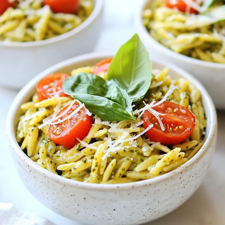 To make creamy pesto orzo, gather the following ingredients: - orzo pasta - vegetable broth - heavy cream - basil pesto - Parmesan cheese - cherry tomatoes - baby spinach - garlic - olive oil - seasoning (salt and pepper) - garnish (fresh basil leaves) Each ingredient plays a key role in creating a rich and tasty dish. Orzo pasta is the star, giving a nice bite. Vegetable broth adds depth. Heavy cream brings smoothness and richness. Basil pesto offers bright flavor. Freshly grated Parmesan cheese adds a savory touch. Cherry tomatoes bring sweetness and color. Baby spinach adds nutrition and a pop of green. Garlic enhances the taste with its strong notes. Olive oil helps cook the garlic and tomatoes. Lastly, seasoning with salt and pepper ties all flavors together. Fresh basil leaves make for a lovely garnish, adding a fresh finish to your dish. Gather these items before you start cooking to make your process smooth and enjoyable. {{ingredient_image_2}} 1. Start by bringing 2 cups of vegetable broth to a boil in a medium saucepan. 2. Once the broth is boiling, add 1 cup of orzo pasta. 3. Cook the orzo according to the package instructions, usually for 8 to 10 minutes. 4. Check for doneness; it should be al dente. If done, set it aside. 1. In a large skillet, heat 2 tablespoons of olive oil over medium heat. 2. Once hot, add 2 cloves of minced garlic. Sauté for about 1 minute until fragrant. 3. Next, add 1 cup of halved cherry tomatoes to the skillet. 4. Cook the tomatoes for 3 to 4 minutes until they are tender and juicy. 1. After draining any excess broth from the orzo, add it to the skillet with the garlic and tomatoes. 2. Pour in 1 cup of heavy cream and stir well to combine everything. 3. Allow the mixture to come to a gentle simmer. 4. Stir in 1/2 cup of basil pesto and 1/2 cup of grated Parmesan cheese. Mix until creamy and smooth. 5. Gently fold in 1 cup of baby spinach, cooking just until it wilts, about 2 minutes. 6. Season with salt and pepper to taste. 7. Let the orzo sit for a minute to thicken before serving. To get that perfect creamy texture in your creamy pesto orzo, start by using heavy cream. Heavy cream adds richness and smoothness. You can adjust how creamy you want it by adding more or less cream. If you find it too thick, just add a splash of vegetable broth to loosen it up. Using fresh ingredients helps maintain flavor. Fresh basil in your pesto makes a huge difference. Fresh cherry tomatoes burst with flavor and add color. Always choose the best quality ingredients you can find. To enhance flavor, try adding spices like red pepper flakes or black pepper for a kick. Fresh herbs like thyme or parsley can also brighten your dish. You can experiment with different herbs to find your favorite mix. When cooking, consider the order of ingredients. Sauté garlic first to release its aroma. Cook tomatoes until they are soft to help them blend with other flavors. This method builds layers of flavor that will make your orzo stand out. Pro Tips Use Fresh Ingredients: For the best flavor, opt for fresh basil and high-quality Parmesan cheese. Fresh ingredients elevate the dish and enhance its overall taste. Customize Your Pesto: Feel free to add nuts or a squeeze of lemon juice to your pesto for added flavor dimensions. A little twist can make your dish stand out! Don’t Overcook the Spinach: Add the spinach towards the end of cooking to retain its vibrant color and nutrients. Just a quick wilt is all you need! Leftover Storage: Store any leftovers in an airtight container in the fridge for up to three days. Reheat gently on the stove, adding a splash of broth or cream to revive the creaminess. {{image_4}} You can add protein to your creamy pesto orzo for a heartier meal. Here are some tasty options: - Chicken: Grilled or shredded chicken adds a nice texture and flavor. Cook it separately and mix it in. - Shrimp: Sauté shrimp in olive oil until pink and tender. Fold them into the orzo just before serving. - Beans: Chickpeas or white beans work well for a vegetarian protein option. They add creaminess and fiber. If you want a plant-based version, try these swaps: - Vegan cream: Use coconut cream or cashew cream instead of heavy cream. This keeps it rich without dairy. - Nutritional yeast: Sprinkle some in for a cheesy flavor without cheese. It’s packed with nutrients. - Additional vegetables: You can add bell peppers, zucchini, or broccoli. Sauté them with garlic for great flavor. Pesto is key to this dish's flavor. Here’s how to play with it: - Homemade vs. store-bought pesto: Making your own pesto is easy and fresh. Blend basil, garlic, nuts, and olive oil. Store-bought can save time but check for quality. - Other pesto flavors: Try sun-dried tomato or spinach pesto for a twist. Each type will change the taste of your dish. To store leftover creamy pesto orzo, let it cool first. Once cool, transfer it to an airtight container. This helps keep the dish fresh and tasty. You can store it in the fridge for up to three days. For the best results, use glass or plastic containers with tight-sealing lids. These containers prevent air from getting in, which helps keep the orzo moist and flavorful. To reheat creamy pesto orzo without drying it out, use the stovetop or microwave. If using the stovetop, add a splash of vegetable broth or cream to the orzo in a pan. Heat it on low, stirring gently until warm. In the microwave, place the orzo in a microwave-safe bowl. Add a bit of broth or cream, cover it with a damp paper towel, and heat it in short bursts. This method keeps the dish from becoming too dry. To refresh the dish for serving, add fresh spinach or extra pesto. This adds color and flavor, making it just as good as when it was first made. To make creamy pesto orzo from scratch, start with homemade basil pesto. Here’s how: 1. Gather your ingredients: You need fresh basil, garlic, pine nuts, Parmesan cheese, and olive oil. 2. Prepare the basil: Wash and dry the basil leaves well. 3. Toast the pine nuts: In a skillet, lightly toast 1/4 cup of pine nuts over low heat. This adds flavor. 4. Blend it all: In a food processor, combine 2 cups of basil, 2 cloves of garlic, and the toasted pine nuts. Pulse until chopped. 5. Add oil and cheese: With the processor running, drizzle in 1/2 cup of olive oil. Then add 1/2 cup of grated Parmesan cheese. Blend until smooth. 6. Season to taste: Add salt and pepper for extra flavor. This homemade pesto works great in your creamy orzo dish! Yes, you can use gluten-free orzo! Many brands offer gluten-free options made from rice or corn. Here are a few substitutes: - Rice orzo: Tastes similar and cooks well. - Quinoa pasta: This option adds protein and fiber. - Chickpea pasta: A healthy choice that gives a nice texture. Look for these at grocery stores or online. They will work nicely in the recipe! Creamy pesto orzo can last up to 3-5 days in the fridge. To keep it tasty: - Store it in an airtight container: This helps maintain freshness. - Check for spoilage: If it smells sour or looks off, throw it away. When you reheat, stir in a little cream or broth to keep it creamy and delicious! In this blog post, we covered how to make a delicious creamy pesto orzo. We explored the key ingredients like orzo, heavy cream, and fresh veggies. I shared step-by-step cooking tips to help you achieve the best texture and flavor. Remember, you can add protein or use vegan options for different tastes. Proper storage and reheating methods ensure your leftovers stay fresh. Enjoy experimenting with variations, and make this dish your own. Keep cooking and savor each bite!
