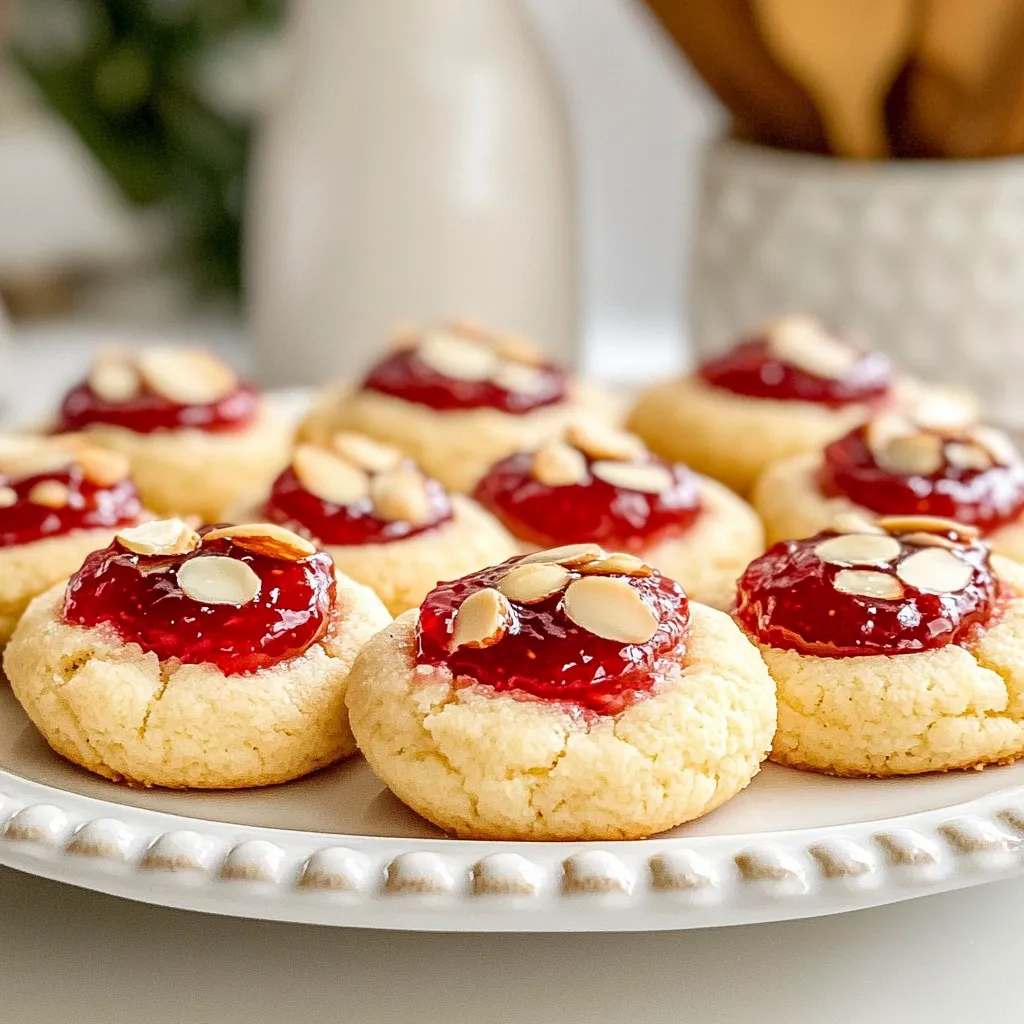 To make Raspberry Almond Thumbprint Cookies, gather these items: - 1 cup unsalted butter, softened to room temperature - 1 cup granulated sugar - 1 large egg - 1 teaspoon pure vanilla extract - 2 cups all-purpose flour - 1 cup almond flour - 1/2 teaspoon fine sea salt - 1/4 teaspoon baking powder - 1/2 cup raspberry jam (or your favorite variety) - 1/2 cup sliced almonds, for topping Baking these cookies requires a few key tools: - Electric mixer: This helps cream the butter and sugar well. - Mixing bowls: You’ll need one for wet ingredients and one for dry. - Baking sheets: These hold the cookies while they bake. - Parchment paper: This prevents sticking and makes cleanup easy. You can switch some ingredients if needed: - Instead of unsalted butter, use coconut oil for a dairy-free option. - For almond flour, sunflower seed flour works well if you have nut allergies. - You may replace raspberry jam with any berry jam you like, such as strawberry or blueberry. - If you want a sweeter cookie, consider adding a bit more sugar. These simple swaps let you customize the cookies to fit your taste or dietary needs. Enjoy baking! {{ingredient_image_2}} Start by preheating your oven to 350°F (175°C). This step is key for even baking. While the oven heats, line two baking sheets with parchment paper. This helps prevent your cookies from sticking. In a large bowl, add 1 cup of softened unsalted butter and 1 cup of granulated sugar. Use an electric mixer on medium speed. Beat this mixture until it turns light and fluffy. This should take about 3-4 minutes. Next, crack in 1 large egg and pour in 1 teaspoon of pure vanilla extract. Mix again until everything is smooth. In a separate bowl, measure and whisk together 2 cups of all-purpose flour, 1 cup of almond flour, 1/2 teaspoon of fine sea salt, and 1/4 teaspoon of baking powder. Mixing these dry ingredients well ensures that the cookies rise evenly. Gradually add the dry mixture to the wet mixture. Stir on low speed until you just combine them. Be careful not to overmix; a few flour streaks are fine. Now, use your hands to scoop dough and roll it into small balls, about 1 inch wide. Place these balls on the prepared baking sheets, leaving about 2 inches between each. Next, make an indentation in each ball using your thumb. This is where the jam will go later. Spoon a small amount of raspberry jam into each thumbprint. Be careful not to fill them too much, or the jam will bubble over while baking. Finally, sprinkle sliced almonds on top of each cookie. Bake the cookies in your preheated oven for 12-15 minutes. Watch closely; they are ready when the edges turn a light golden brown. Once baked, let the cookies cool on the sheets for 5 minutes before transferring them to a wire rack to cool completely. Enjoy your delicious treats! To get the best texture, start with softened butter. This helps the cookies become light and fluffy. Cream the butter and sugar together until they look pale and fluffy. This process adds air, making the cookies tender. Make sure to mix the dough just enough. Overmixing can make cookies tough. You want a soft dough that holds its shape when you roll it. One common mistake is not measuring flour correctly. Too much flour makes cookies dry. Use a spoon to fill your measuring cup, then level it off. Another mistake is overfilling the jam. Only add a small amount into each thumbprint. If you add too much, the jam can overflow and burn. Lastly, keep an eye on the baking time. Cookies can go from perfect to overbaked quickly. When filling the cookies, use a spoon or small scoop. This helps control the amount of jam. Always fill the indentations just to the top. If you want a burst of flavor, try different jams. Strawberry or apricot also work well. For a fun twist, mix some almond extract into the jam for added flavor. Pro Tips Chill Your Dough: If the dough feels too soft or sticky, refrigerate it for 30 minutes before rolling. This helps maintain the shape during baking. Use Quality Jam: Opt for a high-quality raspberry jam for the best flavor. You can also experiment with other fruit jams like apricot or strawberry. Watch the Bake Time: Baking times can vary by oven, so start checking the cookies at the 10-minute mark to prevent overbaking. Storage Tips: Store cookies in an airtight container at room temperature. They last up to a week, but they’re best enjoyed fresh! {{image_4}} You can switch up the jam for more fun! Here are some great choices: - Strawberry jam - Apricot jam - Cherry jam - Blueberry jam - Orange marmalade Each jam brings a new twist. Strawberry jam gives a sweet touch. Apricot adds a fruity zing. Cherry and blueberry jams offer a burst of flavor. Orange marmalade gives a citrus kick. These options can make each bite special. Want to change the almond flavor? You can. Try these ideas: - Use almond extract instead of vanilla. - Toss in some almond paste for richer taste. - Mix in chopped nuts like hazelnuts or walnuts for crunch. These changes can enhance the cookie’s flavor. You will enjoy new tastes while keeping the base recipe. If you need a gluten-free cookie, it’s easy! Just follow these steps: - Swap the all-purpose flour with gluten-free flour. - Make sure the baking powder is also gluten-free. - Check that the jam does not contain gluten. Using almond flour in the recipe helps too. These tweaks let everyone enjoy the cookies. You won’t miss the gluten at all! To keep your Raspberry Almond Thumbprint Cookies fresh, use an airtight container. Place layers of cookies between sheets of parchment paper. This helps to prevent sticking and keeps them soft. Store at room temperature for up to one week. For longer storage, consider freezing. To freeze these cookies, first ensure they are completely cool. Place them on a baking sheet in a single layer. Freeze for about two hours. Once frozen, transfer them to a freezer-safe bag or container. They can stay in the freezer for up to three months. Label the bag with the date for easy tracking. To reheat your cookies, simply take them out of the container. Place them on a baking sheet in a preheated oven at 350°F (175°C). Heat for about 5-7 minutes until warm. This restores their softness and brings back the flavor. Enjoy your cookies fresh and warm! Yes, you can use other nuts! Pecans or walnuts work well. Just chop them up and sprinkle them on the cookies. Each nut adds its own flavor. If you want a nut-free option, try using seeds like sunflower or pumpkin. These cookies can last about one week when stored properly. Keep them in an airtight container at room temperature. If you want them to last longer, you can freeze them. They stay fresh in the freezer for up to three months. Absolutely! You can make the dough ahead of time. Chill it in the fridge for up to three days. When you are ready to bake, scoop and shape the dough into balls. Then, follow the rest of the baking steps. These cookies pair well with many things. Serve them with a cup of tea or coffee. You can also enjoy them with vanilla ice cream for a sweet treat. Adding fresh raspberries on the side gives a nice color and taste. In this blog post, we explored how to make delicious Raspberry Almond Thumbprint Cookies. We covered the key ingredients, provided step-by-step baking instructions, and shared essential tips for perfect texture. I offered variations and storage info to keep your cookies tasty and fresh. Remember, baking is fun! Experiment with flavors and enjoy each bite. These cookies will impress friends and family. Happy baking and enjoy your sweet treats!