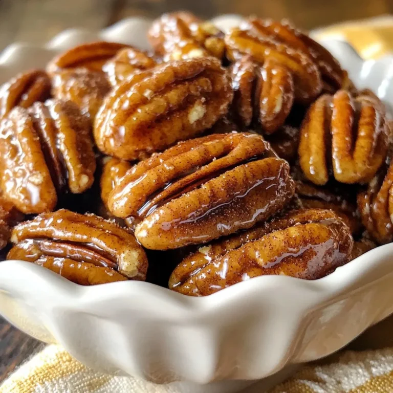 - 2 cups pecan halves - 1/4 cup pure maple syrup - 1 teaspoon ground cinnamon - 1/4 teaspoon sea salt - 1/8 teaspoon ground nutmeg - 1 tablespoon unsalted butter, melted - 1/2 teaspoon vanilla extract - A pinch of cayenne pepper for a spicy kick Gathering the right ingredients is key to making the best maple cinnamon roasted pecans. You'll need fresh pecan halves as the star of the show. They bring a rich, buttery flavor that pairs well with the sweet maple syrup. This syrup is not just any syrup; using pure maple syrup makes a huge difference in taste. Ground cinnamon adds warmth and a cozy aroma, perfect for any season. Sea salt enhances the sweetness, creating a balanced flavor. Ground nutmeg gives a hint of spice that rounds out the dish. You can add a tablespoon of melted unsalted butter to make the pecans even richer. A splash of vanilla extract boosts the flavor, making these pecans extra special. If you want a kick, sprinkle in some cayenne pepper. It adds a surprising twist to the sweet and spicy mix. With these ingredients, you are set for a delicious snack. Each one plays its part in making the pecans irresistible. {{ingredient_image_2}} - Preheat the oven to 350°F (175°C). - Line a baking sheet with parchment paper. - In a bowl, whisk together 1/4 cup of pure maple syrup, 1 tablespoon of melted butter, and 1/2 teaspoon of vanilla extract. - Add 1 teaspoon of ground cinnamon, 1/4 teaspoon of sea salt, and 1/8 teaspoon of ground nutmeg. Mix until combined. - Place 2 cups of pecan halves into the maple mixture. - Toss the pecans gently to coat them well. - Spread the coated pecans in a single layer on the baking sheet. - Roast the pecans for 15 to 20 minutes. - Stir them every 5 to 7 minutes for even roasting. - They are ready when they turn golden brown and smell amazing. - Remove the baking sheet from the oven. - Let the pecans cool on the sheet for 10 minutes. - This helps them get crunchy and delicious. Stirring the pecans during roasting is key. It helps them brown evenly and avoids burning. I recommend stirring them every 5 to 7 minutes. This will give you a nice crunch and keep the flavors on point. Aim for a roasting time of 15 to 20 minutes. Keep an eye on them; you want a golden brown color. For a kick, try adding cayenne pepper. It gives a nice heat that pairs well with the sweet maple. If you want more maple flavor, use pure maple syrup. You can also add a bit more cinnamon or nutmeg for extra warmth. Experiment with these spices to find your perfect mix. Serve your roasted pecans in a cute bowl or jar. This makes a great snack for parties or movie nights. You can also sprinkle a touch of cinnamon on top for a nice finish. For storage, use an airtight container. This keeps them fresh and ready to enjoy later. Pro Tips Use Fresh Pecans: Fresh pecans will enhance the flavor and texture of your roasted pecans. Always check the expiration date before using. Experiment with Spices: Feel free to customize the spice blend! Add your favorite spices like ginger or allspice for a unique twist. Watch the Oven: Roasting times can vary based on your oven. Keep a close eye on the pecans to avoid burning, especially the last few minutes. Cool Completely: Allow the pecans to cool completely on the baking sheet to ensure they crisp up perfectly before storing. {{image_4}} You can switch up the sweetness in your maple cinnamon roasted pecans. Try using honey or agave syrup instead of maple syrup. Both options work well and add a different flavor. You can also substitute brown sugar for maple syrup. This change gives your pecans a rich, caramel taste. Don’t be afraid to experiment with flavors! You can add spices like ginger or allspice for a warm twist. If you love chocolate, consider mixing in some chocolate chips or chunks after roasting. Dried fruits like cranberries or raisins can also add sweetness and chewiness to your snack. If you want a healthier treat, you can use less sugar. Try using a sugar substitute like stevia or monk fruit sweetener. Another idea is to add healthy fats. Mixing in pumpkin seeds or sunflower seeds boosts nutrition and adds a nice crunch. To keep your maple cinnamon roasted pecans fresh, use an airtight container. Glass jars work great, but any sturdy container will do. Make sure the lid seals tightly. This keeps out air and moisture. Store them in a cool, dark place like your pantry. This will help maintain their crunch and flavor. At room temperature, these pecans stay fresh for about two weeks. If you want to keep them longer, freezing is a good option. Just place them in a freezer-safe bag or container. They can last up to three months in the freezer. When you're ready to eat them, just let them thaw at room temperature. If your pecans go stale, you can bring back their crunch. Preheat your oven to 350°F (175°C). Spread the stale pecans on a baking sheet. Roast them for about 5 to 10 minutes. Keep an eye on them to avoid burning. This method revives their flavor and texture nicely. Enjoy them warm for the best taste! Yes, you can use raw pecans for roasting. Raw pecans offer a fresh taste. They also keep more nutrients than pre-roasted ones. Roasting raw pecans lets you control the flavor. You can add your spices and sweeteners. This method gives you the best crunch and taste. Maple cinnamon roasted pecans last about two weeks. Store them in an airtight container at room temperature. Keep them away from heat and light to stay fresh. If you want longer shelf life, consider freezing them. They can last for months in the freezer. Just thaw them at room temperature when you want to enjoy them. Yes, maple cinnamon roasted pecans are gluten-free. Pecans are nuts, and they do not contain gluten. The other ingredients, like maple syrup and spices, are also gluten-free. This snack is safe for people with gluten allergies or sensitivities. Yes, you can modify this recipe for nut allergies. Try using seeds instead of nuts. Sunflower seeds or pumpkin seeds work well in this recipe. You can also make a sweet snack by using roasted chickpeas. Both options will still give you that crunchy texture you love. In this blog post, we explored how to make tasty maple cinnamon roasted pecans. You learned about the main and optional ingredients, along with clear step-by-step instructions. I shared tips for perfect roasting and creative serving ideas. Don't forget about fun variations, healthy options, and proper storage methods to keep them fresh. With this guide, you can create a delightful snack that fits any occasion. Enjoy your delicious pecans, and feel free to experiment with flavors!