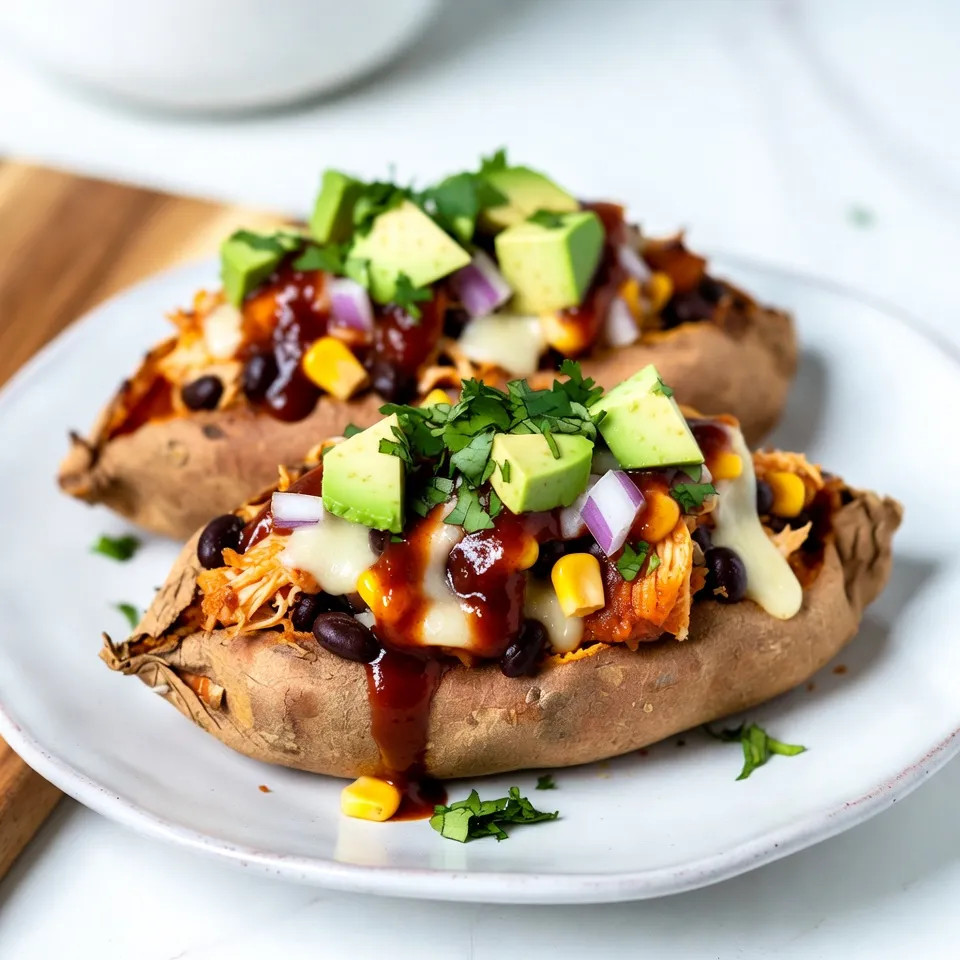 To make BBQ chicken stuffed sweet potatoes, you will need: - 4 medium sweet potatoes - 2 cups cooked chicken, shredded - 1 cup your favorite BBQ sauce - 1 cup corn kernels (fresh, canned, or frozen) - 1/2 red onion, finely diced - 1 cup black beans, rinsed and drained - 1 cup shredded cheese (cheddar or mozzarella) - 1 avocado, diced - 1/4 cup fresh cilantro, chopped - Salt and pepper to taste - Olive oil for drizzling You can make some easy swaps while cooking. If you don’t have sweet potatoes, try regular potatoes. If you want a lighter dish, use grilled chicken or turkey instead of BBQ chicken. For a vegan option, replace the cheese with a dairy-free version. You can also swap black beans for kidney beans if you prefer. Using fresh ingredients often gives better flavor. Fresh corn tastes sweeter and crunchier than canned corn. However, if fresh corn is not available, canned corn works well. When using canned beans, always rinse and drain them to reduce salt. Fresh herbs like cilantro add a vibrant taste, but dried herbs can also work in a pinch. Always aim to use the freshest ingredients you can find for the best taste. {{ingredient_image_2}} First, preheat your oven to 400°F (200°C). Next, rinse the sweet potatoes under cold water. Scrub them well to remove dirt. Use a fork to prick each potato several times. This helps steam escape while baking. Place them on a baking sheet. Drizzle with olive oil and sprinkle with salt. While the sweet potatoes bake, prepare the BBQ chicken filling. In a large bowl, mix the shredded chicken and your favorite BBQ sauce. Stir well until every piece of chicken is coated in sauce. This step adds flavor and moisture to the dish. Once the sweet potatoes are tender, take them out of the oven. Let them cool for a few minutes. Carefully slice each potato in half lengthwise. Scoop out a bit of flesh to make space for the filling. In a separate bowl, mix the scooped sweet potato flesh with corn, black beans, and diced red onion. Add half of the shredded cheese and season with salt and pepper. Stir until combined. Gently fold in the BBQ chicken mixture. Next, stuff the sweet potato halves with this filling. Press down lightly to pack it in. Top each potato with the remaining cheese. Return them to the oven for 10-15 minutes. Bake until the cheese is melted and bubbly. Finally, add diced avocado and fresh cilantro on top before serving. Enjoy your BBQ chicken stuffed sweet potatoes! To bake sweet potatoes perfectly, start by choosing medium-sized ones. Rinse them well to remove dirt. Use a fork to poke holes in each potato. This lets steam escape, preventing a mess in your oven. Drizzle each potato with olive oil and sprinkle with salt. Bake at 400°F (200°C) for 45 to 60 minutes. They should be soft when you poke them with a fork. You can mix flavors to make the dish even better. Try adding spices like cumin or chili powder to the chicken. For a tangy twist, mix in some lime juice with the BBQ sauce. You can also add jalapeños for a spicy kick. If you love sweetness, consider adding pineapple chunks. They pair well with BBQ flavors and add a nice contrast. If you need to make substitutions, there are many great options. For a lower-carb option, use cauliflower instead of sweet potatoes. If you want a dairy-free meal, skip the cheese or use a plant-based cheese. You can also swap chicken for shredded tofu or jackfruit for a vegan dish. This way, you can enjoy BBQ chicken stuffed sweet potatoes no matter your diet! Pro Tips Choose the Right Sweet Potatoes: Look for firm and smooth-skinned sweet potatoes without any blemishes or soft spots. This ensures a better texture and flavor in your dish. Perfectly Cooked Chicken: For the best flavor, use rotisserie chicken or grill your chicken breasts with a little seasoning before shredding. This adds depth to your BBQ chicken filling. Mix and Match Fillings: Feel free to customize your filling by adding other ingredients like diced bell peppers, jalapeños, or even pineapple for a unique flavor twist! Serving Suggestions: Serve with a side of coleslaw or a fresh green salad for a complete meal. This adds balance and freshness to the rich flavors of the stuffed sweet potatoes. {{image_4}} You can switch the chicken for other meats. Try pulled pork for a rich flavor. Shredded beef also works well. For a lighter option, use turkey. Each protein pairs nicely with BBQ sauce, adding a new twist to this dish. For a vegetarian version, replace chicken with mushrooms or jackfruit. Both options soak up flavors well. If you want a vegan meal, use BBQ sauce made without animal products. Add lentils or chickpeas for protein. Load up on veggies for added texture and taste. Toppings can change your sweet potatoes completely. Try different cheeses like feta or pepper jack for a kick. Sour cream or Greek yogurt adds creaminess. You can also drizzle extra BBQ sauce or ranch for more flavor. Fresh herbs like chives or parsley can brighten the dish. To store leftovers, let the stuffed sweet potatoes cool down. Place them in an airtight container. This keeps them fresh for up to three days. Make sure to cover the filling well. You can also separate the chicken filling and sweet potatoes if you like. When you are ready to eat, preheat your oven to 350°F (175°C). Place the stuffed sweet potatoes on a baking sheet. Cover them with foil to keep them moist. Heat for about 20-25 minutes. You can also use a microwave. Heat each half for about 2-3 minutes, checking often to avoid overheating. If you want to freeze the filling, first let it cool completely. Place it in a freezer-safe bag or container. It can last for up to three months in the freezer. When you're ready to use it, thaw it in the fridge overnight. Then, reheat as needed before stuffing the sweet potatoes. Yes, you can use other potatoes like russet or Yukon gold. These potatoes have a different taste and texture. They’re not as sweet as sweet potatoes. If you want a savory dish, they work well. Just keep in mind that cooking times may change. Sweet potatoes are done when they are soft and tender. You can test this by poking them with a fork. If the fork goes in easily, they are ready. Usually, this takes about 45-60 minutes at 400°F. Watch them closely near the end to avoid overcooking. You can serve many sides with BBQ chicken stuffed sweet potatoes. Here are some great options: - A fresh green salad - Roasted vegetables - Coleslaw - Corn on the cob - Rice or quinoa These sides add color and flavor to your meal. They also balance the sweetness of the potatoes. Enjoy! This blog post covered everything you need for BBQ chicken stuffed sweet potatoes. You learned about key ingredients, substitutes, and the best ways to prepare them. We explored tips for perfect baking and adding flavor. You also saw different protein options and how to store leftovers. As you try this recipe, remember that it’s flexible. Have fun experimenting with your own ideas. Enjoy every bite!