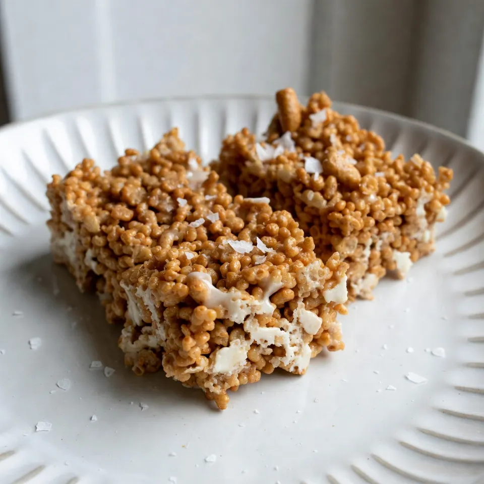 - 4 cups Rice Krispies cereal - 1/2 cup unsalted butter - 1 cup mini marshmallows - 1 cup large marshmallows To make Brown Butter Rice Krispie Treats, you need simple and tasty ingredients. The Rice Krispies give that perfect crunch. The unsalted butter adds rich flavor. Both mini and large marshmallows create a soft and chewy texture. - 1/2 cup chocolate chips - Colorful sprinkles - 1/2 teaspoon sea salt - 1 teaspoon vanilla extract You can add fun extras to your treats. Chocolate chips melt into gooey bites. Colorful sprinkles make them look festive. Sea salt and vanilla extract boost the flavor. Use these options to make your treats even more exciting! {{ingredient_image_2}} 1. Place a medium saucepan over medium heat. 2. Add 1/2 cup of unsalted butter to the pan. 3. Stir the butter frequently as it melts. 4. Watch for the butter to turn golden brown, which takes about 5-7 minutes. 5. When you smell a nutty aroma, it’s almost ready! 6. Remove the pan from heat and avoid burning the butter. 1. Once your butter is brown, add 1/2 teaspoon of sea salt and 1 teaspoon of vanilla extract. 2. Next, toss in 1 cup of large marshmallows and 1 cup of mini marshmallows. 3. Stir the marshmallows into the brown butter until they melt completely. 4. Now, gently fold in 4 cups of Rice Krispies cereal. 5. Ensure every piece of cereal is coated well. 6. If you want, add 1/2 cup of chocolate chips or colorful sprinkles for extra fun! 1. Prepare a 9x13 inch baking dish by greasing it with cooking spray or butter. 2. Carefully pour the sticky mixture into the dish. 3. Use a spatula or your greased hands to press the mixture down evenly. 4. Be gentle; you want the treats to hold their shape without being too compact. 5. Let them cool for about 30 minutes at room temperature. 6. Once set, cut them into squares or rectangles for serving. To make the best brown butter, keep a close watch on the heat. Start with medium heat and stir often. You want the butter to melt smoothly. As it heats, it will bubble and foam. This is normal! Look for a rich golden brown color. This process takes about 5-7 minutes. Pay attention to the nutty smell. When it hits, you know you're close. Remove it from the heat right away. If you let it go too long, it can burn. A burnt butter will ruin your treats. When serving your treats, think about how they look. A fun and colorful dish makes them pop! You can also wrap them in clear cellophane. Tie them with a ribbon for a cute gift. This adds a personal touch and makes them fun to share. For storing leftovers, keep them in an airtight container. This helps keep them fresh. If you have a lot left, you can stack them with parchment paper between layers. This ensures they won't stick together. Keep your Rice Krispie treats at room temperature. They taste best this way! If you put them in the fridge, they can get hard. Enjoy your sweet snacks fresh and soft! Pro Tips Watch the Butter Closely: As the butter browns, it can go from perfect to burnt in seconds. Keep stirring and stay attentive to get that nutty flavor just right. Use Fresh Ingredients: For the best texture and flavor, ensure your marshmallows and Rice Krispies are fresh. Stale marshmallows won't melt as nicely, resulting in a less gooey treat. Press Gently: When pressing the mixture into the baking dish, be gentle. Pressing too hard can make the treats dense rather than light and fluffy. Customize Your Treats: Feel free to experiment with mix-ins like nuts, dried fruit, or different types of chocolate to create a unique flavor profile! {{image_4}} You can make your Brown Butter Rice Krispie Treats even more fun! Here are some ideas: - Adding nuts or dried fruit: Chopped nuts, like walnuts or almonds, give a nice crunch. Dried fruit, such as raisins or cranberries, adds sweetness and chewiness. You can mix in about half a cup of either. Just fold them in with the Rice Krispies. - Experimenting with different cereals: Try swapping Rice Krispies for other cereals. Cornflakes, puffed rice, or even fruity cereals can change the flavor. Mixing cereals can create a unique taste and texture. Have fun and see what you like best! Make your treats stand out for events or holidays. Here are some ideas to try: - Holiday variations: For Halloween, add orange and black sprinkles. For Christmas, use red and green ones. You can also shape the treats into festive forms, like stars or trees. This makes them perfect for parties or gift giving. - Colorful themes for parties: Match your treats to party colors. Use food coloring in the marshmallow mix. You can also add colorful candies on top. This will make your treats eye-catching and fun for everyone. You can tell butter is browned by its color and smell. Perfect brown butter has a rich, nutty aroma and a deep golden color. Watch it closely as it cooks. The process takes about 5-7 minutes. Look for tiny brown bits forming at the bottom of the pan. These bits add flavor, so don’t rush! Yes, you can make these treats ahead of time. Store them in an airtight container. This keeps them fresh and chewy. You can enjoy them for up to a week. If you want to keep them longer, refrigerate them. Just let them come back to room temperature before serving. To make these treats gluten-free, use gluten-free Rice Krispies. Check the label to ensure they meet your needs. The other ingredients, like marshmallows and butter, are usually gluten-free. This way, everyone can enjoy these sweet snacks without worry! - Calories per serving: Each treat has about 150 calories. This makes them a fun, sweet snack without too many calories. - Macronutrients overview: Each serving includes roughly 5 grams of fat, 25 grams of carbs, and 1 gram of protein. These treats are mostly made of carbs from cereal and sugar from marshmallows. - Allergens to watch for: Keep an eye out for allergens like gluten in cereal and dairy in butter. Always check labels to be safe. - Modifications for various diets: You can make these treats gluten-free. Choose a gluten-free cereal. For a dairy-free option, swap butter for a dairy-free alternative. This way, everyone can enjoy these sweet bites! Now you know how to make perfect Rice Krispies treats. We discussed main and optional ingredients, like butter and chocolate chips. You learned how to brown the butter and mix in marshmallows and cereal. I shared tips on serving and storing your treats. We also covered fun variations and answered common questions. Remember, you can customize these treats for any occasion. Enjoy experimenting and sharing with friends and family!