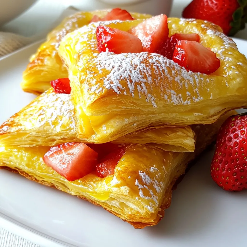 - 1 sheet of puff pastry, thawed - 8 oz cream cheese, softened to room temperature - 1 cup fresh strawberries, hulled and diced into small pieces - 1/2 cup powdered sugar, sifted - 1 teaspoon vanilla extract - Zest of 1 lemon - 1 tablespoon cornstarch - A pinch of sea salt - 1 egg, beaten (to use as an egg wash) Gathering these ingredients is easy. You start with puff pastry as the base. I love how it puffs up in the oven. Next, use cream cheese for that rich, creamy filling. Fresh strawberries add a sweet touch, bursting with flavor. For sweetness, sift powdered sugar into your cream cheese. A dash of vanilla extract adds depth. The lemon zest brightens everything up, making each bite fresh and lively. If you want to thicken your strawberry filling, cornstarch is your friend. A pinch of sea salt helps balance the sweetness. Finally, the egg wash gives the pastries a lovely golden finish. These ingredients come together to create a delightful treat. Each component plays a role in making your danishes taste amazing. {{ingredient_image_2}} - Preheat your oven to 400°F (200°C). - Line a baking sheet with parchment paper. This helps keep the danishes from sticking. - In a bowl, mix the softened cream cheese, powdered sugar, and vanilla extract. - Add lemon zest for a bright flavor. Whisk until smooth and there are no lumps. - Toss the diced strawberries with fresh lemon juice. - Add cornstarch and a pinch of sea salt. This helps thicken the juices while baking. - Take a puff pastry square and place some cream cheese mixture in the center. - On top, add a spoonful of the strawberry filling. Leave a small border around the edges. - Fold the corners of the pastry square inward, forming a pocket. Pinch the corners to seal the filling inside. - Brush the edges of the pastries with the beaten egg wash. This gives a golden color when baked. - Place the danishes on the prepared baking sheet and bake for 15-20 minutes. - Watch them closely until they are puffy and golden brown. - Thawing properly: Always thaw your puff pastry in the fridge. This keeps it cold and easy to work with. If you thaw it at room temp, it can become sticky. - Rolling techniques: Roll out the pastry on a floured surface. Aim for a smooth and even thickness. This helps the pastries puff up nicely when baked. - Cornstarch for thickening: Use cornstarch in your strawberry filling. It helps soak up extra juice and keeps your danishes from getting soggy. - Balancing flavors with lemon: Add fresh lemon juice to the strawberries. This brightens the flavor and balances the sweetness. The lemon zest in the cream cheese adds even more flavor. - Dusting with powdered sugar: After baking, sprinkle powdered sugar on top. This adds a sweet touch and makes your danishes look fancy. - Garnishing with fresh strawberries: Serve your danishes with fresh strawberry slices. This adds color and freshness to your plate. Pro Tips Keep the Puff Pastry Cold: Work quickly with the puff pastry while it's cold to ensure it remains flaky and puffs up beautifully while baking. Fresh Strawberries are Key: Use ripe, fresh strawberries for the best flavor. If strawberries are out of season, consider using frozen berries but ensure they are thawed and drained properly. Experiment with Fillings: Feel free to mix and match fillings! Cream cheese pairs well with other fruits like blueberries or raspberries, so get creative! Egg Wash for Shine: The egg wash not only gives a golden color but also adds a shiny finish. Don’t skip this step for the best presentation! {{image_4}} You can change the fruit in these danishes. Blueberries and raspberries work well. You can also use peaches or apples. Seasonal fruits add fun. Try cherries in summer or pears in fall. Each fruit brings a unique taste. Mix and match flavors to fit your mood. Adding spices can boost the taste. A sprinkle of cinnamon gives warmth. You can also try nutmeg for a cozy flavor. Citrus zest brightens the dish. Lemon or orange zest adds freshness. These small tweaks make a big difference in taste. You don’t have to stick to plain cream cheese. Flavored cream cheeses can add new layers. Try strawberry or vanilla cream cheese for a twist. For a dairy-free option, use vegan cream cheese. These options can fit dietary needs and still taste great. To keep your danishes fresh, store them in an airtight container. This helps prevent them from drying out. If you leave them uncovered, they can quickly lose their nice texture. Use parchment paper between layers to stop sticking. When reheating, the oven is best. Set it to 350°F (175°C) and heat for about 10 minutes. This keeps the pastry crisp. If you use a microwave, the danishes might become soggy. Heat in short bursts, but avoid the microwave if you can. To freeze danishes, wrap each one in plastic wrap. Then, place them in a freezer bag. This stops freezer burn. When ready to eat, thaw them overnight in the fridge. Reheat in the oven for the best taste. Enjoy your danishes just like fresh! To make your puff pastry flaky, use cold ingredients. - Keep it cold: Chill your butter and dough before rolling. - Roll gently: Roll the dough evenly without pressing too hard. - Fold properly: Create layers by folding and rolling. This traps air. - Bake hot: Preheat your oven to a high temp for quick puffing. These steps help create that light and flaky texture we love in danishes. Yes, you can use store-bought cream cheese. - Softened cream cheese: Make sure it is at room temp for easy mixing. - Flavored options: Try flavored cream cheeses for a twist. - Vegan cream cheese: Non-dairy cream cheese works too. Store-bought cream cheese saves time and still tastes great. You can add many tasty toppings to your danishes. - Glazes: A simple glaze made with powdered sugar and milk is lovely. - Whipped cream: Fresh whipped cream adds a nice touch. - Fruit toppings: Use other fruits like blueberries or raspberries for variety. Feel free to get creative with your toppings to suit your taste! In this blog post, we explored making delicious strawberry danishes. We covered key ingredients like puff pastry, cream cheese, and fresh strawberries. You learned step-by-step instructions for preparing, assembling, and baking. We also shared valuable tips for perfect pastry and filling consistency. Don't forget to try variations with different fruits or flavors. With the right storage and reheating techniques, you can enjoy these treats anytime. Baking danishes is now easy and fun!